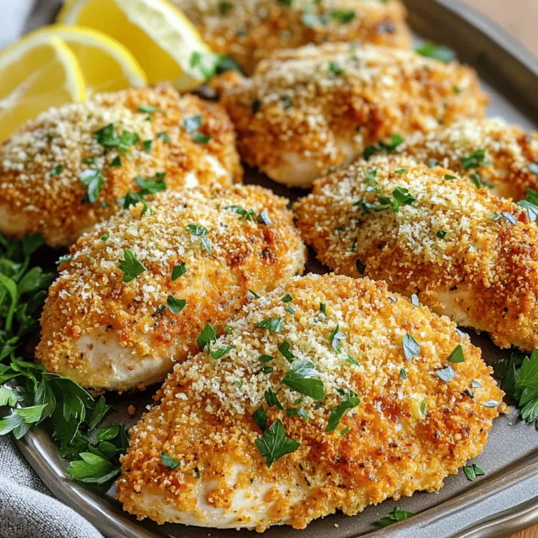 - 4 boneless, skinless chicken breasts - 1 cup grated Parmesan cheese - 1/2 cup breadcrumbs (Panko preferred) - 4 cloves garlic, minced - 1 tablespoon dried Italian herbs - Salt and pepper, to taste - 1/4 cup olive oil - Fresh parsley, finely chopped (for garnish) When I make Baked Garlic Parmesan Chicken, I focus on fresh and simple ingredients. First, I use four boneless, skinless chicken breasts. They cook evenly and stay moist. Grated Parmesan cheese adds a rich, salty flavor. I prefer Panko breadcrumbs because they give the chicken a crisp texture. Garlic is a key flavor here. I use four cloves, finely minced, to give a strong taste. Dried Italian herbs provide warmth and depth. Salt and pepper are crucial for enhancing all the flavors. For a finishing touch, I use olive oil to help the coating stick. Finally, I sprinkle fresh parsley on top for color and freshness. This combination of ingredients makes every bite of the chicken flavorful and satisfying. You can find the full details in the Full Recipe. 1. Start by preheating your oven to 400°F (200°C). This step is key for even cooking. 2. Prepare your baking dish by lining it with parchment paper or greasing it lightly. This helps prevent the chicken from sticking. 3. In a medium mixing bowl, combine the grated Parmesan cheese, breadcrumbs, minced garlic, dried Italian herbs, and a sprinkle of salt and pepper. Stir until everything mixes well. 1. In a separate small bowl, whisk together the olive oil with a pinch of salt and pepper. This mixture adds flavor to the chicken. 2. Take each chicken breast and dip it into the olive oil mixture, coating all sides. This helps the breadcrumbs stick. 3. After the chicken is coated in oil, dredge it in the breadcrumb mixture. Press down gently to form a thick layer on the chicken. 1. Arrange the coated chicken breasts in the prepared baking dish. Make sure to leave space between them for even cooking. 2. Bake the chicken in the preheated oven for 25-30 minutes. Check for doneness with a meat thermometer. The chicken should reach an internal temperature of 165°F (75°C). 3. Once done, remove the chicken from the oven and let it rest for about 5 minutes. This helps keep the chicken juicy. Just before serving, sprinkle fresh chopped parsley over the top for a nice touch. For the complete recipe, check the Full Recipe section. To get a great crunch, use Panko breadcrumbs. These crumbs are lighter and crispier than regular ones. They give your chicken a nice texture. When you bake the chicken, it becomes golden and crunchy on the outside. Letting the chicken rest after baking is also very important. This small step keeps the juices inside. If you skip this, your chicken might end up dry. You can customize the herbs and spices to suit your taste. Try adding your favorite herbs like thyme or rosemary. Adjust the mix to create flavors you love. Also, consider adding lemon zest or garlic powder. These ingredients brighten the dish and boost the garlic flavor. You can make it your own! Serve your baked chicken on a large platter. This makes it look appealing for guests. Add a sprinkle of parsley for a pop of color. Lemon wedges around the chicken add brightness. They also allow guests to squeeze fresh lemon juice on their pieces. This extra touch brings a burst of flavor to every bite. {{image_4}} You can switch out the cheese for a different flavor. Try mozzarella or cheddar. They add a new twist. For the breadcrumbs, use regular or gluten-free options. Panko gives a great crunch, but any breadcrumbs work. You can also mix in some crushed crackers for a unique touch. Customizing your seasoning blends can take this dish to new heights. Add chili flakes for heat or smoked paprika for a bold flavor. If you want a quicker option, try the air fryer. Cook the chicken at 375°F for about 15-20 minutes. This method gives you a nice crispy texture. Another fun way is to grill the chicken. This adds a smoky flavor that pairs well with garlic. Just preheat your grill and cook for about 6-8 minutes per side. Side dishes can elevate your meal. Roasted vegetables like broccoli or carrots go great with chicken. You can also serve it with mashed potatoes for comfort. A fresh salad with mixed greens adds a nice crunch. If you want grains, quinoa or rice works well. They soak up flavors and complete your plate nicely. For the full recipe, check [Full Recipe]. To store leftover Baked Garlic Parmesan Chicken, let it cool first. Place it in an airtight container. This keeps the chicken fresh and safe. You can enjoy your chicken for up to four days in the fridge. Always check for any bad smell or change in color before eating. If you want to keep your chicken longer, freezing is a great option. Wrap each piece tightly in plastic wrap. Then, place them in a freezer bag. Remove as much air as possible to prevent freezer burn. Baked Garlic Parmesan Chicken can last up to three months in the freezer. When you're ready to eat, thaw the chicken in the fridge overnight. To reheat your chicken, use the oven for the best results. Set it to 350°F (175°C) and place the chicken on a baking sheet. Cover it with foil to keep moisture in. Heat for about 20 minutes or until hot. You can also use a microwave, but be careful not to dry it out. Add a splash of broth or water to keep it juicy. Always check the center to ensure it’s hot before serving. How long does it take to bake Baked Garlic Parmesan Chicken? It takes about 25 to 30 minutes to bake Baked Garlic Parmesan Chicken. The oven should be set to 400°F (200°C). This time allows the chicken to cook through while getting a nice golden crust. Can I use frozen chicken breasts? You can use frozen chicken breasts, but it's best to thaw them first. Thawing helps the chicken cook evenly. If you bake them from frozen, it will take longer to reach the right temperature. What temperature should chicken be cooked to? Chicken should reach an internal temperature of 165°F (75°C) to be safe to eat. Use a meat thermometer to check. This ensures the meat is juicy and free from harmful bacteria. How do I know when the chicken is fully cooked? Check the chicken at the thickest part with a meat thermometer. If it reads 165°F (75°C), it is fully cooked. The meat should also be white and not pink inside. Can I make a gluten-free version? Yes! You can make a gluten-free version easily. Substitute regular breadcrumbs with gluten-free breadcrumbs. Ensure all other ingredients are also gluten-free. What should I serve with Baked Garlic Parmesan Chicken? You can serve it with a green salad, roasted vegetables, or mashed potatoes. Pasta with garlic and olive oil is also a great choice. These sides balance the rich flavors of the chicken well. For the full recipe, check out the Baked Garlic Parmesan Chicken section above. This blog post covered everything you need to make Baked Garlic Parmesan Chicken. We discussed main ingredients, flavor boosters, and cooking steps. You also learned tips for the best texture and flavor. I shared variations and storage advice that help you enjoy this dish later. In the end, you can create a delicious meal that fits your taste. Cooking doesn't have to be hard. Enjoy your time in the kitchen!
