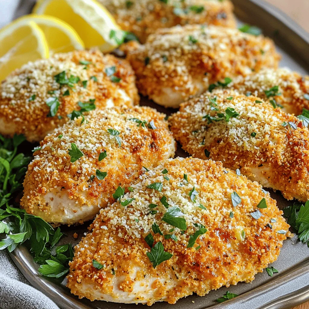 - 4 boneless, skinless chicken breasts - 1 cup grated Parmesan cheese - 1/2 cup breadcrumbs (Panko preferred) - 4 cloves garlic, minced - 1 tablespoon dried Italian herbs - Salt and pepper, to taste - 1/4 cup olive oil - Fresh parsley, finely chopped (for garnish) When I make Baked Garlic Parmesan Chicken, I focus on fresh and simple ingredients. First, I use four boneless, skinless chicken breasts. They cook evenly and stay moist. Grated Parmesan cheese adds a rich, salty flavor. I prefer Panko breadcrumbs because they give the chicken a crisp texture. Garlic is a key flavor here. I use four cloves, finely minced, to give a strong taste. Dried Italian herbs provide warmth and depth. Salt and pepper are crucial for enhancing all the flavors. For a finishing touch, I use olive oil to help the coating stick. Finally, I sprinkle fresh parsley on top for color and freshness. This combination of ingredients makes every bite of the chicken flavorful and satisfying. You can find the full details in the Full Recipe. 1. Start by preheating your oven to 400°F (200°C). This step is key for even cooking. 2. Prepare your baking dish by lining it with parchment paper or greasing it lightly. This helps prevent the chicken from sticking. 3. In a medium mixing bowl, combine the grated Parmesan cheese, breadcrumbs, minced garlic, dried Italian herbs, and a sprinkle of salt and pepper. Stir until everything mixes well. 1. In a separate small bowl, whisk together the olive oil with a pinch of salt and pepper. This mixture adds flavor to the chicken. 2. Take each chicken breast and dip it into the olive oil mixture, coating all sides. This helps the breadcrumbs stick. 3. After the chicken is coated in oil, dredge it in the breadcrumb mixture. Press down gently to form a thick layer on the chicken. 1. Arrange the coated chicken breasts in the prepared baking dish. Make sure to leave space between them for even cooking. 2. Bake the chicken in the preheated oven for 25-30 minutes. Check for doneness with a meat thermometer. The chicken should reach an internal temperature of 165°F (75°C). 3. Once done, remove the chicken from the oven and let it rest for about 5 minutes. This helps keep the chicken juicy. Just before serving, sprinkle fresh chopped parsley over the top for a nice touch. For the complete recipe, check the Full Recipe section. To get a great crunch, use Panko breadcrumbs. These crumbs are lighter and crispier than regular ones. They give your chicken a nice texture. When you bake the chicken, it becomes golden and crunchy on the outside. Letting the chicken rest after baking is also very important. This small step keeps the juices inside. If you skip this, your chicken might end up dry. You can customize the herbs and spices to suit your taste. Try adding your favorite herbs like thyme or rosemary. Adjust the mix to create flavors you love. Also, consider adding lemon zest or garlic powder. These ingredients brighten the dish and boost the garlic flavor. You can make it your own! Serve your baked chicken on a large platter. This makes it look appealing for guests. Add a sprinkle of parsley for a pop of color. Lemon wedges around the chicken add brightness. They also allow guests to squeeze fresh lemon juice on their pieces. This extra touch brings a burst of flavor to every bite. {{image_4}} You can switch out the cheese for a different flavor. Try mozzarella or cheddar. They add a new twist. For the breadcrumbs, use regular or gluten-free options. Panko gives a great crunch, but any breadcrumbs work. You can also mix in some crushed crackers for a unique touch. Customizing your seasoning blends can take this dish to new heights. Add chili flakes for heat or smoked paprika for a bold flavor. If you want a quicker option, try the air fryer. Cook the chicken at 375°F for about 15-20 minutes. This method gives you a nice crispy texture. Another fun way is to grill the chicken. This adds a smoky flavor that pairs well with garlic. Just preheat your grill and cook for about 6-8 minutes per side. Side dishes can elevate your meal. Roasted vegetables like broccoli or carrots go great with chicken. You can also serve it with mashed potatoes for comfort. A fresh salad with mixed greens adds a nice crunch. If you want grains, quinoa or rice works well. They soak up flavors and complete your plate nicely. For the full recipe, check [Full Recipe]. To store leftover Baked Garlic Parmesan Chicken, let it cool first. Place it in an airtight container. This keeps the chicken fresh and safe. You can enjoy your chicken for up to four days in the fridge. Always check for any bad smell or change in color before eating. If you want to keep your chicken longer, freezing is a great option. Wrap each piece tightly in plastic wrap. Then, place them in a freezer bag. Remove as much air as possible to prevent freezer burn. Baked Garlic Parmesan Chicken can last up to three months in the freezer. When you're ready to eat, thaw the chicken in the fridge overnight. To reheat your chicken, use the oven for the best results. Set it to 350°F (175°C) and place the chicken on a baking sheet. Cover it with foil to keep moisture in. Heat for about 20 minutes or until hot. You can also use a microwave, but be careful not to dry it out. Add a splash of broth or water to keep it juicy. Always check the center to ensure it’s hot before serving. How long does it take to bake Baked Garlic Parmesan Chicken? It takes about 25 to 30 minutes to bake Baked Garlic Parmesan Chicken. The oven should be set to 400°F (200°C). This time allows the chicken to cook through while getting a nice golden crust. Can I use frozen chicken breasts? You can use frozen chicken breasts, but it's best to thaw them first. Thawing helps the chicken cook evenly. If you bake them from frozen, it will take longer to reach the right temperature. What temperature should chicken be cooked to? Chicken should reach an internal temperature of 165°F (75°C) to be safe to eat. Use a meat thermometer to check. This ensures the meat is juicy and free from harmful bacteria. How do I know when the chicken is fully cooked? Check the chicken at the thickest part with a meat thermometer. If it reads 165°F (75°C), it is fully cooked. The meat should also be white and not pink inside. Can I make a gluten-free version? Yes! You can make a gluten-free version easily. Substitute regular breadcrumbs with gluten-free breadcrumbs. Ensure all other ingredients are also gluten-free. What should I serve with Baked Garlic Parmesan Chicken? You can serve it with a green salad, roasted vegetables, or mashed potatoes. Pasta with garlic and olive oil is also a great choice. These sides balance the rich flavors of the chicken well. For the full recipe, check out the Baked Garlic Parmesan Chicken section above. This blog post covered everything you need to make Baked Garlic Parmesan Chicken. We discussed main ingredients, flavor boosters, and cooking steps. You also learned tips for the best texture and flavor. I shared variations and storage advice that help you enjoy this dish later. In the end, you can create a delicious meal that fits your taste. Cooking doesn't have to be hard. Enjoy your time in the kitchen!