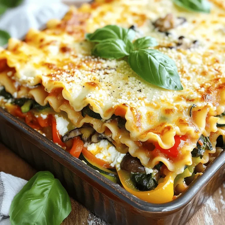 - 9 lasagna noodles - 2 cups creamy ricotta cheese - 2 cups shredded mozzarella cheese - 1 cup freshly grated Parmesan cheese - 2 cups spinach (fresh or frozen, if frozen, ensure it's thawed and well-drained) - 1 medium zucchini, thinly sliced into rounds - 1 medium bell pepper (choose either red or yellow), diced - 1 cup mushrooms, sliced - 2 cups rich marinara sauce - 2 cloves garlic, finely minced - 1 tablespoon extra virgin olive oil - 1 teaspoon dried oregano - 1 teaspoon dried basil - Salt and pepper to taste - Fresh basil leaves for garnish (optional) You can swap out veggies based on your taste. If you like, try eggplant or carrots instead of zucchini. Fresh spinach adds great taste, but frozen works too. Just remember, thaw it well and drain it to avoid extra water. For cheese, you can mix in goat cheese or use vegan options if you want a dairy-free dish. Garnishes make your dish look and taste better. Fresh basil leaves add a nice touch and flavor. You can also drizzle some extra virgin olive oil on top. If you want a bit more zing, sprinkle some red pepper flakes for a gentle heat. First, we need to prepare our ingredients. Start by preheating your oven to 375°F (190°C). Next, cook 9 lasagna noodles in a large pot of salted boiling water. Follow the package instructions until they are al dente. Once done, drain them and lay them flat on a clean towel to avoid sticking. In a large skillet, heat 1 tablespoon of extra virgin olive oil over medium heat. Add 2 cloves of minced garlic, 1 diced bell pepper, and 1 cup of sliced mushrooms. Sauté these for about 5 minutes until they become soft and fragrant. Then, mix in 2 cups of spinach and 1 medium zucchini, sliced thinly. Cook this mix for another 3–4 minutes. Season it with 1 teaspoon of dried oregano, 1 teaspoon of dried basil, and salt and pepper to taste. Remove the skillet from heat and let it cool slightly. In a separate bowl, combine 2 cups of creamy ricotta cheese, half of the shredded mozzarella, and half of the grated Parmesan. Mix until creamy and well combined. Now, it's time to layer our lasagna! Lightly grease a 9x13 inch baking dish with a bit of olive oil. Spread a thin layer of marinara sauce at the bottom to prevent sticking. Place 3 lasagna noodles over the sauce. Next, spread half of the ricotta cheese mix over the noodles. Then add half of your sautéed vegetables, followed by a generous layer of marinara sauce. Repeat this layering. Start with 3 more noodles, then the remaining ricotta mixture, the rest of the veggies, and another layer of sauce. Finish with the last 3 noodles on top, spreading the remaining marinara sauce generously. Finally, sprinkle the rest of the mozzarella and Parmesan cheese on top. This will create a beautiful, golden finish once it cooks. Cover the baking dish tightly with aluminum foil. Bake in your preheated oven for 25 minutes. After that, take off the foil and bake for another 15 minutes. You want the cheese to be melted, golden, and bubbly. Once you take it out, let the lasagna sit for about 10 minutes. This helps it set, making it easier to slice into squares. Following these steps will give you a delicious veggie lasagna that is sure to impress! For the full recipe, check the earlier section. Enjoy your cooking! To make your veggie lasagna perfect, avoid these common mistakes: - Overcooking noodles: Cook them just until they are al dente. They will cook more in the oven. - Too much sauce: A thick layer can make the lasagna soggy. Use just enough to moisten. - Skipping the resting time: Allow the lasagna to sit before slicing. This helps it hold its shape. For the best texture in your lasagna, keep these tips in mind: - Layering matters: Alternate layers of cheese and veggies to create balance. This helps each bite have flavor. - Drain veggies: If using frozen spinach or zucchini, drain any excess water. Too much moisture can ruin your dish. - Use fresh herbs: Fresh basil adds a bright taste. Dried herbs are good, but fresh really shines. To take your veggie lasagna to the next level, try these flavor boosters: - Add spices: A pinch of red pepper flakes gives heat. Paprika adds depth. - Use different cheeses: Mix in ricotta with goat cheese for a tangy twist. - Brighten with lemon zest: A sprinkle of lemon zest enhances the dish and adds freshness. For the complete recipe, check the Full Recipe section. Enjoy creating a dish that bursts with flavor! {{image_4}} You can change the veggies in your lasagna. Try using different kinds for new flavors. Some great choices include: - Carrots, finely chopped - Eggplant, sliced - Broccoli florets - Cauliflower, chopped - Kale, chopped These veggies add color and nutrition. You can mix them based on what you like. Just remember to sauté them first to enhance their taste. If you need gluten-free lasagna, use gluten-free noodles. Many brands offer tasty options now. For a dairy-free version, swap out the cheeses. Try using: - Cashew cheese - Tofu ricotta - Nutritional yeast These alternatives give you creamy textures without dairy. They are healthy and full of flavor. Want to make your veggie lasagna heartier? Add some protein! Here are some ideas: - Cooked lentils - Chickpeas, mashed - Ground turkey or chicken - Firm tofu, crumbled These ingredients boost the protein and make your meal more filling. You can mix and match based on what you have at home. Check the Full Recipe for more details on how to layer these ingredients effectively. After enjoying your veggie lasagna, store the leftovers in an airtight container. This keeps moisture in and prevents drying out. Let the lasagna cool to room temperature first. Once cooled, you can also cover the dish with plastic wrap or aluminum foil. Be sure to eat leftover lasagna within three to four days for the best taste. If you want to store your lasagna for a longer time, freezing is a great option. First, let the lasagna cool completely. Then, wrap it tightly in plastic wrap. After that, cover it with aluminum foil. This method helps to prevent freezer burn. You can freeze cooked lasagna for up to three months. When you are ready to eat it, thaw it in the fridge overnight. To reheat your lasagna, preheat your oven to 375°F (190°C). If the lasagna is frozen, thaw it first. Place the lasagna in an oven-safe dish and cover it with foil. This keeps the heat in and prevents it from drying out. Bake for about 25 minutes, or until it is hot throughout. You can remove the foil for the last 5 minutes to crisp the top. For a quick option, you can also use the microwave. Heat in short intervals, checking often to avoid overheating. For the full recipe, check out the instructions above. Easy Veggie Lasagna takes about one hour to cook. This includes a 25-minute bake covered with foil and an extra 15 minutes uncovered. The total time from start to finish includes prep, which is around 20 minutes. You’ll love how simple it is to make a dish that tastes so good. Yes, you can make this recipe ahead of time. You can prepare the lasagna and assemble it a day before. Just cover it tightly and store it in the fridge. When you are ready to bake it, add a few extra minutes to the cooking time since it will be cold. This makes it great for busy days. You can use many types of cheese in veggie lasagna. Ricotta, mozzarella, and Parmesan are the most common choices. You can also try cottage cheese for a lighter option. For extra flavor, consider adding goat cheese or feta. Mix and match to find your favorite blend. This blog post covers everything you need for easy veggie lasagna. We discussed the best ingredients, their variations, and how to layer and cook. I shared tips to avoid mistakes and improve flavor. You can use different veggies and options to fit your diet. Finally, I included storage and reheating tips to keep your lasagna fresh. Try this recipe to enjoy tasty, healthy meals that you can customize. With the right ingredients and steps, you’ll make a lasagna your family will love.