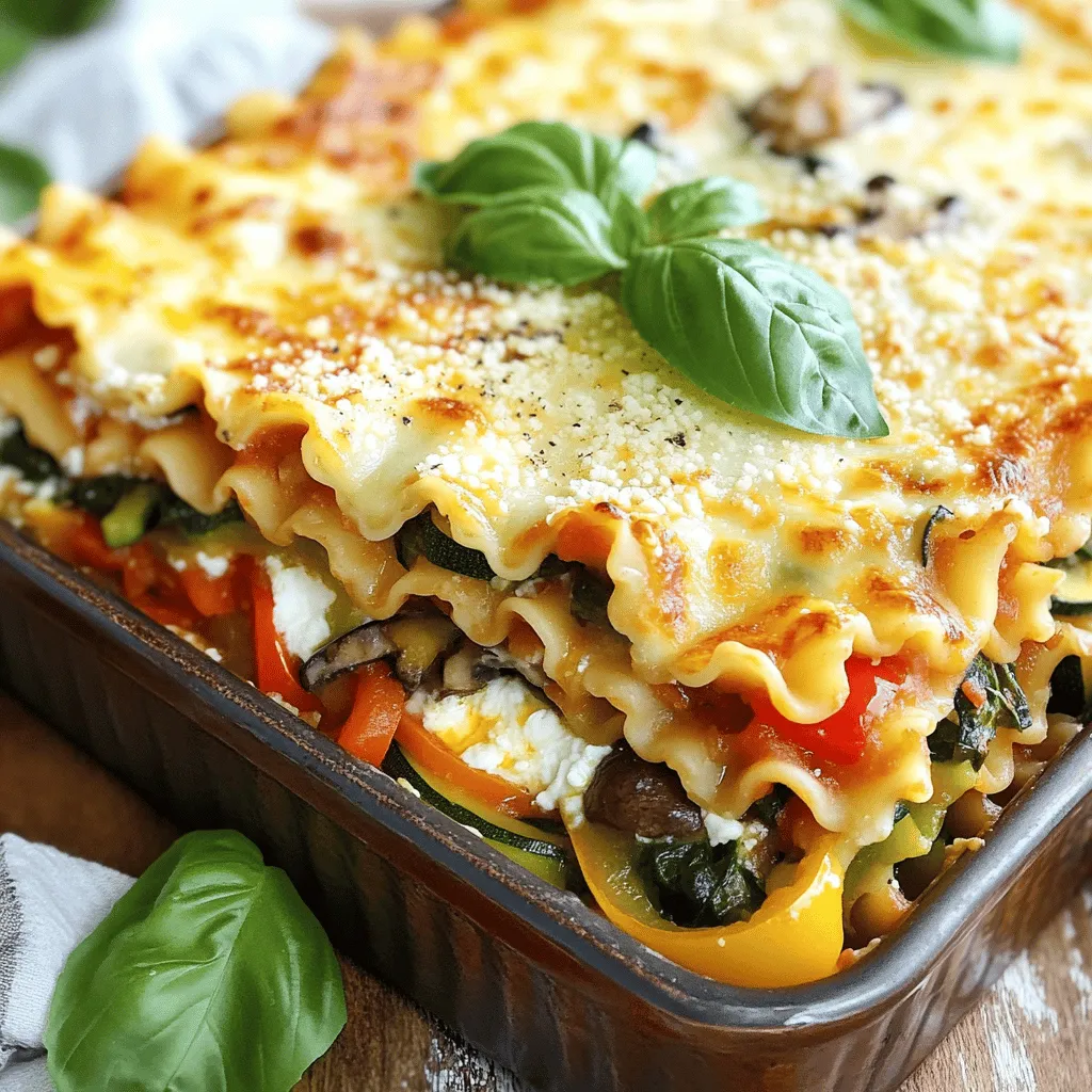 - 9 lasagna noodles - 2 cups creamy ricotta cheese - 2 cups shredded mozzarella cheese - 1 cup freshly grated Parmesan cheese - 2 cups spinach (fresh or frozen, if frozen, ensure it's thawed and well-drained) - 1 medium zucchini, thinly sliced into rounds - 1 medium bell pepper (choose either red or yellow), diced - 1 cup mushrooms, sliced - 2 cups rich marinara sauce - 2 cloves garlic, finely minced - 1 tablespoon extra virgin olive oil - 1 teaspoon dried oregano - 1 teaspoon dried basil - Salt and pepper to taste - Fresh basil leaves for garnish (optional) You can swap out veggies based on your taste. If you like, try eggplant or carrots instead of zucchini. Fresh spinach adds great taste, but frozen works too. Just remember, thaw it well and drain it to avoid extra water. For cheese, you can mix in goat cheese or use vegan options if you want a dairy-free dish. Garnishes make your dish look and taste better. Fresh basil leaves add a nice touch and flavor. You can also drizzle some extra virgin olive oil on top. If you want a bit more zing, sprinkle some red pepper flakes for a gentle heat. First, we need to prepare our ingredients. Start by preheating your oven to 375°F (190°C). Next, cook 9 lasagna noodles in a large pot of salted boiling water. Follow the package instructions until they are al dente. Once done, drain them and lay them flat on a clean towel to avoid sticking. In a large skillet, heat 1 tablespoon of extra virgin olive oil over medium heat. Add 2 cloves of minced garlic, 1 diced bell pepper, and 1 cup of sliced mushrooms. Sauté these for about 5 minutes until they become soft and fragrant. Then, mix in 2 cups of spinach and 1 medium zucchini, sliced thinly. Cook this mix for another 3–4 minutes. Season it with 1 teaspoon of dried oregano, 1 teaspoon of dried basil, and salt and pepper to taste. Remove the skillet from heat and let it cool slightly. In a separate bowl, combine 2 cups of creamy ricotta cheese, half of the shredded mozzarella, and half of the grated Parmesan. Mix until creamy and well combined. Now, it's time to layer our lasagna! Lightly grease a 9x13 inch baking dish with a bit of olive oil. Spread a thin layer of marinara sauce at the bottom to prevent sticking. Place 3 lasagna noodles over the sauce. Next, spread half of the ricotta cheese mix over the noodles. Then add half of your sautéed vegetables, followed by a generous layer of marinara sauce. Repeat this layering. Start with 3 more noodles, then the remaining ricotta mixture, the rest of the veggies, and another layer of sauce. Finish with the last 3 noodles on top, spreading the remaining marinara sauce generously. Finally, sprinkle the rest of the mozzarella and Parmesan cheese on top. This will create a beautiful, golden finish once it cooks. Cover the baking dish tightly with aluminum foil. Bake in your preheated oven for 25 minutes. After that, take off the foil and bake for another 15 minutes. You want the cheese to be melted, golden, and bubbly. Once you take it out, let the lasagna sit for about 10 minutes. This helps it set, making it easier to slice into squares. Following these steps will give you a delicious veggie lasagna that is sure to impress! For the full recipe, check the earlier section. Enjoy your cooking! To make your veggie lasagna perfect, avoid these common mistakes: - Overcooking noodles: Cook them just until they are al dente. They will cook more in the oven. - Too much sauce: A thick layer can make the lasagna soggy. Use just enough to moisten. - Skipping the resting time: Allow the lasagna to sit before slicing. This helps it hold its shape. For the best texture in your lasagna, keep these tips in mind: - Layering matters: Alternate layers of cheese and veggies to create balance. This helps each bite have flavor. - Drain veggies: If using frozen spinach or zucchini, drain any excess water. Too much moisture can ruin your dish. - Use fresh herbs: Fresh basil adds a bright taste. Dried herbs are good, but fresh really shines. To take your veggie lasagna to the next level, try these flavor boosters: - Add spices: A pinch of red pepper flakes gives heat. Paprika adds depth. - Use different cheeses: Mix in ricotta with goat cheese for a tangy twist. - Brighten with lemon zest: A sprinkle of lemon zest enhances the dish and adds freshness. For the complete recipe, check the Full Recipe section. Enjoy creating a dish that bursts with flavor! {{image_4}} You can change the veggies in your lasagna. Try using different kinds for new flavors. Some great choices include: - Carrots, finely chopped - Eggplant, sliced - Broccoli florets - Cauliflower, chopped - Kale, chopped These veggies add color and nutrition. You can mix them based on what you like. Just remember to sauté them first to enhance their taste. If you need gluten-free lasagna, use gluten-free noodles. Many brands offer tasty options now. For a dairy-free version, swap out the cheeses. Try using: - Cashew cheese - Tofu ricotta - Nutritional yeast These alternatives give you creamy textures without dairy. They are healthy and full of flavor. Want to make your veggie lasagna heartier? Add some protein! Here are some ideas: - Cooked lentils - Chickpeas, mashed - Ground turkey or chicken - Firm tofu, crumbled These ingredients boost the protein and make your meal more filling. You can mix and match based on what you have at home. Check the Full Recipe for more details on how to layer these ingredients effectively. After enjoying your veggie lasagna, store the leftovers in an airtight container. This keeps moisture in and prevents drying out. Let the lasagna cool to room temperature first. Once cooled, you can also cover the dish with plastic wrap or aluminum foil. Be sure to eat leftover lasagna within three to four days for the best taste. If you want to store your lasagna for a longer time, freezing is a great option. First, let the lasagna cool completely. Then, wrap it tightly in plastic wrap. After that, cover it with aluminum foil. This method helps to prevent freezer burn. You can freeze cooked lasagna for up to three months. When you are ready to eat it, thaw it in the fridge overnight. To reheat your lasagna, preheat your oven to 375°F (190°C). If the lasagna is frozen, thaw it first. Place the lasagna in an oven-safe dish and cover it with foil. This keeps the heat in and prevents it from drying out. Bake for about 25 minutes, or until it is hot throughout. You can remove the foil for the last 5 minutes to crisp the top. For a quick option, you can also use the microwave. Heat in short intervals, checking often to avoid overheating. For the full recipe, check out the instructions above. Easy Veggie Lasagna takes about one hour to cook. This includes a 25-minute bake covered with foil and an extra 15 minutes uncovered. The total time from start to finish includes prep, which is around 20 minutes. You’ll love how simple it is to make a dish that tastes so good. Yes, you can make this recipe ahead of time. You can prepare the lasagna and assemble it a day before. Just cover it tightly and store it in the fridge. When you are ready to bake it, add a few extra minutes to the cooking time since it will be cold. This makes it great for busy days. You can use many types of cheese in veggie lasagna. Ricotta, mozzarella, and Parmesan are the most common choices. You can also try cottage cheese for a lighter option. For extra flavor, consider adding goat cheese or feta. Mix and match to find your favorite blend. This blog post covers everything you need for easy veggie lasagna. We discussed the best ingredients, their variations, and how to layer and cook. I shared tips to avoid mistakes and improve flavor. You can use different veggies and options to fit your diet. Finally, I included storage and reheating tips to keep your lasagna fresh. Try this recipe to enjoy tasty, healthy meals that you can customize. With the right ingredients and steps, you’ll make a lasagna your family will love.