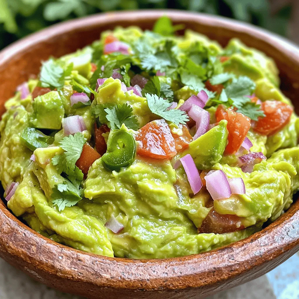 - 3 ripe avocados, halved and pitted - 1 small red onion, finely chopped - 2 ripe tomatoes, diced - 2 cloves garlic, minced - 1 jalapeño, deseeded and finely chopped (optional) - Juice of 1 lime - 1/4 cup fresh cilantro, finely chopped - Salt and pepper to taste For a creamy base, you can use ripe avocados. If you can't find avocados, try ripe bananas for a different flavor, though the texture will change. When choosing avocados, look for ones that yield slightly to gentle pressure. Avoid ones that feel too soft or have dark spots. This ensures your guacamole will taste fresh and bright. I love the vibrant taste of this guacamole. You can find the full recipe above and start enjoying this classic dish! Start by halving the avocados and scooping out the flesh into a bowl. Use a fork to mash them. You can choose to make it smooth or leave it chunky. I like a chunkier style for more texture. If you prefer smooth guacamole, mash longer until it’s creamy. Next, add the finely chopped red onion, diced tomatoes, minced garlic, and the optional jalapeño. Mix them gently into the mashed avocado. This step is key for flavor. The onion adds crunch, while the tomatoes bring freshness. If you like heat, the jalapeño gives a nice kick. Now it’s time for the lime juice. Squeeze it over the mixture. This adds brightness and stops the avocados from browning. Then, fold in the chopped cilantro with a spatula. Finally, season with salt and pepper. Adjust these to your taste. Give it a final stir and enjoy your guacamole! For more details, check the Full Recipe. Guacamole shines when paired with tortilla chips. The salty crunch makes each bite special. Fresh veggies like carrot sticks or cucumber slices also work well. You can use guacamole as a topping for tacos or nachos, adding creaminess to each bite. Try spreading it on toast for a tasty breakfast twist. To keep your guacamole fresh, use plastic wrap. Press it directly onto the surface of the guacamole. This method cuts off air exposure, which causes browning. If you don’t have plastic wrap, try covering it with a lid. Store it in the fridge until you're ready to serve it. Want to spice things up? Add more jalapeños or a dash of hot sauce for some heat. You can also mix in a pinch of cumin or paprika for a smoky taste. Fresh lime zest adds a bright kick too. Feel free to experiment and find your favorite twist! Check out the Full Recipe for detailed steps to create your perfect guacamole. {{image_4}} If you love heat, adding jalapeños or hot sauce is a great choice. Start by dicing one or two jalapeños, depending on your spice level. You can also leave the seeds in for more heat. Mix these spicy bits right into your guacamole. If you prefer hot sauce, add a few dashes to the mix. This will give your guacamole a fiery kick. You can balance the spice with extra lime juice for a fresh taste. For a richer taste, try incorporating sour cream or yogurt. A few tablespoons will make the guacamole extra creamy. This also adds a tangy flavor that pairs well with the avocados. Simply mix the sour cream or yogurt in after mashing the avocados. You can adjust the amount based on how creamy you want it. This variation is great for those who enjoy a smooth and rich texture. Get creative by adding different fruits or veggies. Mango adds a sweet touch that contrasts nicely with the creamy avocado. Dice up a ripe mango and fold it into the mixture for a tropical twist. Roasted corn also works well for a smoky flavor. Just grill or roast the corn before adding it to your guacamole. These additions can give your dip a fun and unique flair. For the full recipe, check out the Creamy Avocado Delight section above. To keep guacamole fresh for a few days, refrigerate it right away. The best method is to press plastic wrap directly onto the surface. This cuts off air and slows down browning. Place the covered bowl in the fridge. Consume it within two days for the best taste and texture. If you want to save guacamole for later, freezing is a great option. Use an airtight container or freezer bag. Make sure to remove as much air as possible. Guacamole can last up to three months in the freezer. When you're ready to eat it, thaw it in the fridge overnight. Stir well before serving. Got some guacamole that’s past its prime? You can still use it! Mix it into scrambled eggs for a tasty breakfast. Spread it on sandwiches to add flavor. You can even blend it into a creamy salad dressing. This way, you make the most out of stale guacamole. For the full recipe to make fresh guacamole, check out the Creamy Avocado Delight recipe above. If your guacamole tastes too salty, there are a few easy fixes. First, add more avocado. This will balance out the saltiness. You can also try adding diced tomatoes or onion. Both will soak up some salt while adding flavor. If you have lime juice, adding a bit more can help too. Just stir any adjustments in well, and taste again! Yes, you can make guacamole ahead of time! To keep it fresh, store it in a bowl. Press plastic wrap directly on the guacamole's surface. This helps stop air from reaching it. Then, put it in the fridge. You can make it up to a day in advance. Just give it a good stir before serving. If your guacamole is too chunky for your taste, fear not! Grab a fork or a potato masher. Mash it more to reach your desired smoothness. You can also blend it if you like a creamier texture. Just remember, it’s all about what you prefer! Guacamole turns brown due to oxidation. When avocado flesh meets air, it starts to change color. To slow this down, add lime juice right after mashing. Another trick is to store it in an airtight container. You can also layer plastic wrap on top to limit air exposure. Keeping your guacamole fresh takes just a few simple steps! For the full recipe, check out Creamy Avocado Delight! In this blog post, we explored how to make delicious guacamole. We listed the key ingredients, from ripe avocados to fresh cilantro. You learned how to prepare and mix them for the perfect dip. Remember to add your own twists, like spicy or creamy versions. Use tips on storage and serving to keep your guacamole fresh and tasty. Guacamole is simple and fun to make, so enjoy every bite!