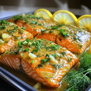 - 4 salmon fillets (approximately 6 ounces each) - 4 tablespoons unsalted butter, at room temperature - 4 cloves garlic, finely minced - 2 tablespoons fresh parsley, finely chopped - 1 tablespoon fresh dill, finely chopped - 1 tablespoon freshly squeezed lemon juice - Salt and freshly ground black pepper to taste - Fresh lemon slices for garnish When making garlic herb butter salmon, quality ingredients matter. Fresh salmon fillets are rich in omega-3 fatty acids. They are great for your heart and skin. Choose fillets with bright color and no strong fishy smell. Unsalted butter keeps the dish balanced. You can control the saltiness. Fresh garlic adds a punch of flavor. It also has health benefits, like boosting your immune system. Fresh herbs like parsley and dill give the dish a vibrant taste. They are good sources of vitamins. Lemon juice adds brightness and cuts through the richness of the butter and salmon. - Calories: Each serving has about 350 calories. - Protein: Salmon is high in protein, about 30 grams per serving. - Fat: Contains about 20 grams of healthy fats. - Carbohydrates: Very low, around 1-2 grams per serving. Salmon offers many health benefits. It supports heart health, brain function, and reduces inflammation. Fresh herbs are important, too. They add flavor without extra calories. They also bring nutrients that help your body stay healthy. For a full experience, check out the Full Recipe to guide you through the steps. - Preheat oven to 400&deg;F (200&deg;C). - Prepare baking sheet with parchment paper or cooking spray. Start by warming your oven. This step is key for even cooking. Next, line your baking sheet with parchment paper. This makes cleanup easier. If you don&rsquo;t have parchment, use cooking spray. It will help prevent sticking. - Combine butter, garlic, parsley, dill, lemon juice, salt, and pepper. - Tips for mixing and consistency. In a small bowl, mix the butter and garlic. Add in chopped parsley and dill. Next, squeeze in the lemon juice. Sprinkle in salt and pepper as you like. Use a fork to blend it well. Aim for a smooth, creamy mix. This garlic herb butter adds great flavor to the salmon. - Place salmon on baking sheet, skin-side down. - Spread garlic herb butter evenly over salmon. - Bake for 12-15 minutes and check for doneness. Now, take your salmon fillets and place them skin-side down on the baking sheet. This helps keep them juicy. Next, grab the garlic herb butter and spread it on top. Make sure every bit of salmon is covered. This ensures flavor in every bite. Bake the salmon for 12-15 minutes. Check it when the time is up. The salmon should look opaque and flake easily. For safety, it should reach 145&deg;F (63&deg;C). Enjoy this savory meal. Don&rsquo;t forget to check the full recipe for more details! To check for proper doneness, look for opaque flesh. The salmon should flake easily with a fork. Use a meat thermometer to ensure it reaches 145&deg;F (63&deg;C). This guarantees a safe and tasty meal. Let the salmon rest for about two minutes after cooking. This helps keep it moist and flavorful. Pair your garlic herb butter salmon with quinoa or steamed vegetables. These sides add nutrition and color to your plate. For presentation, serve the salmon on a nice dish. Add fresh herbs or lemon slices on top for a pop of color. If you don&rsquo;t have fresh herbs, use dried ones. Just remember, dried herbs are stronger, so use less. You can also add spices like paprika or cayenne for a kick. These optional seasonings can deepen the flavor and make your dish unique. For the full recipe, check the section above. {{image_4}} You can spice up your garlic herb butter salmon in fun ways. One option is to add red pepper flakes. This gives the dish a nice kick. Another twist is a Mediterranean flavor. You can mix in chopped olives and capers for a salty, tangy taste. You have a few choices when cooking salmon. Grilling brings a smoky flavor. It can be a great option for sunny days. Bake the salmon for a hands-off method. Just pop it in the oven and relax. If you prefer, you can also cook it in a skillet. This method allows for a nice sear and quick cooking. If you want a low-fat version, use less butter or a butter substitute. You can also try olive oil for a different flavor. For those who need a gluten-free option, this recipe is already gluten-free. Just make sure to use gluten-free butter and check any added ingredients. To keep your garlic herb butter salmon fresh, store it in an airtight container. Make sure to refrigerate it within two hours of cooking. This helps prevent any bacterial growth. The salmon can last in the fridge for up to three days. When you are ready to eat your leftovers, reheat them gently. I recommend using the oven or microwave on low power. This keeps the salmon moist and tasty. If you use the oven, set it to 300&deg;F (150&deg;C) and warm the salmon for about 10 minutes. This method helps it stay tender and flavorful. If you want to save garlic herb butter salmon for later, freezing is a great option. First, let the salmon cool completely. Wrap each fillet tightly in plastic wrap, then place them in a freezer bag. Remove as much air as possible to avoid freezer burn. Properly stored, the salmon can last up to three months in the freezer. When you are ready to enjoy it, thaw the salmon in the fridge overnight. This slow thawing keeps the texture nice. You can also use the microwave, but be careful not to cook it during the thawing process. To know when salmon is done, look for a few signs. The color should change from bright pink to a pale, opaque color. The fish should also flake easily when you poke it with a fork. The best way is to check the internal temperature. It should reach 145&deg;F (63&deg;C). Use a meat thermometer to make sure it is safe to eat. Yes, you can use frozen salmon. Just make a few adjustments. First, don&rsquo;t thaw it before cooking. You will need to add a few extra minutes of cooking time. Check for doneness as you cook. The same visual cues apply. Ensure it reaches the same safe temperature of 145&deg;F (63&deg;C). You can serve garlic herb butter salmon with many tasty sides. Here are some great options: - Steamed broccoli or green beans - A fresh salad with lemon vinaigrette - Cooked quinoa or rice for a hearty touch - Roasted potatoes for a comforting side - A light white wine or sparkling water to drink These sides will complement the salmon and make your meal even better. For the full recipe, check the link. This recipe for garlic herb butter salmon is a simple way to enjoy a tasty meal at home. We covered the key ingredients, including fresh herbs for health and flavor. You learned how to prepare, bake, and serve this dish, along with helpful tips. Remember, you can adjust the recipe to fit your taste. With variations, substitutions, and proper storage tips, you can enjoy this dish any time. I encourage you to try making this salmon soon. You'll love its rich taste and health benefits.