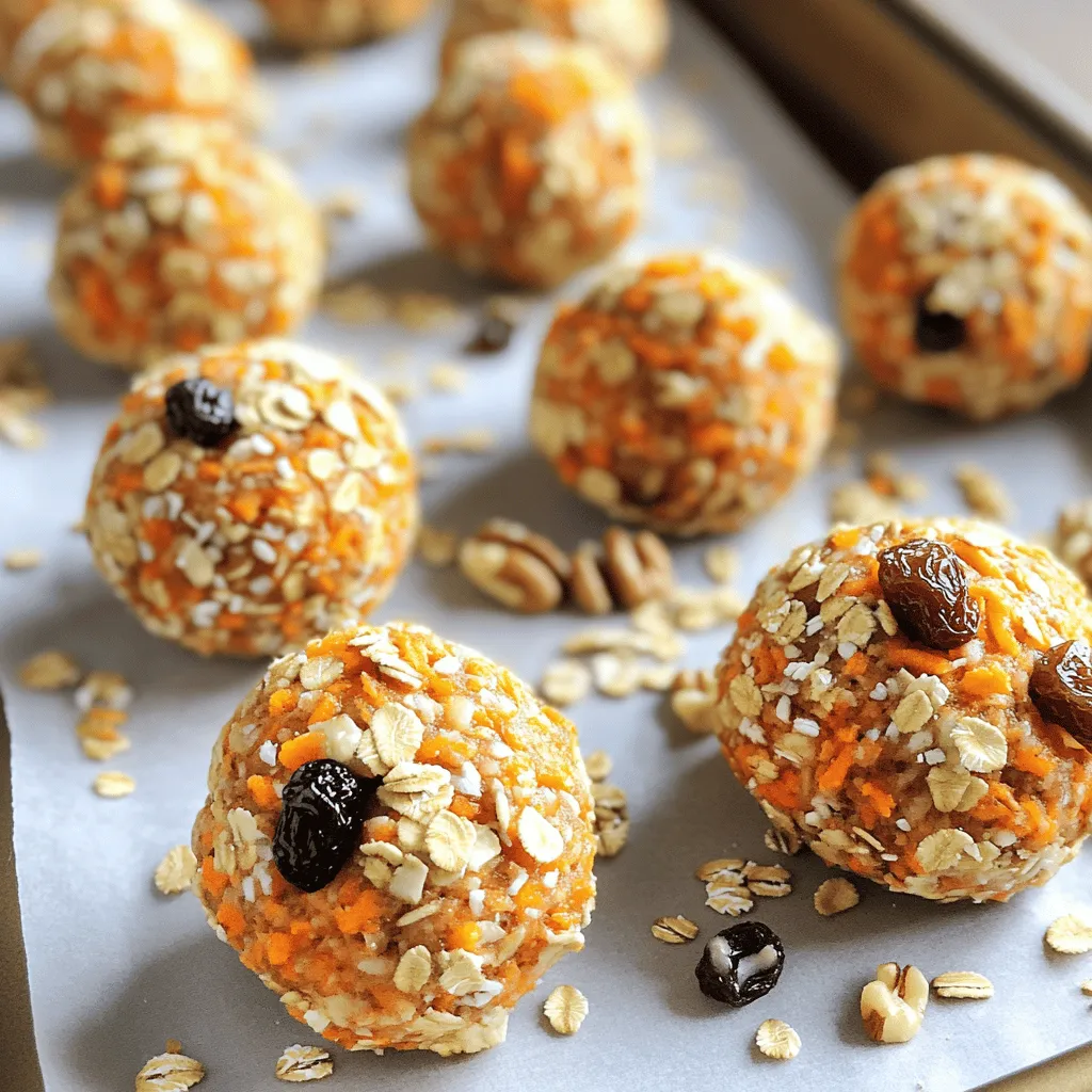 - 1 cup rolled oats - 1 cup finely grated carrots - 1/2 cup almond butter (or nut butter of your choice) - 1/4 cup pure maple syrup - 1/2 teaspoon vanilla extract - 1/2 teaspoon ground cinnamon - 1/4 teaspoon ground nutmeg - 1/4 cup raisins or chopped dried cranberries - 1/4 cup finely chopped walnuts or pecans - A pinch of sea salt These ingredients come together to create a healthy and tasty snack. The rolled oats provide fiber, while the carrots add natural sweetness and nutrients. Nut butter gives a creamy texture and healthy fats. Maple syrup is a natural sweetener that enhances the flavor. The spices bring warmth, making each bite feel cozy and comforting. You can mix and match some ingredients too. Use your favorite nut butter for a twist. If you want a different flavor, try adding chocolate chips or seeds. Each change keeps things exciting. For the full recipe, check out the Carrot Cake Energy Balls 🥕 section. It has details on how to make these delicious snacks. Making carrot cake energy balls is simple and fun. You will mix dry and wet ingredients separately first. This step is key for a good texture. When you combine them, all flavors blend nicely. 1. Mixing dry ingredients: In a large bowl, add the rolled oats, grated carrots, and nuts. Stir these together well. This ensures each bite has the right texture. 2. Combining wet ingredients: In another bowl, mix almond butter, maple syrup, vanilla, cinnamon, nutmeg, and a pinch of salt. Stir until smooth. This creamy mix adds flavor and helps bind the balls. 3. Mixing wet and dry ingredients: Pour the wet mix over the dry ingredients. Stir thoroughly until everything is well coated. This step is crucial for even flavor. 4. Rolling the energy balls: Use your hands to roll small portions of the mix into 1-inch balls. If the mix is sticky, dampen your hands. This helps prevent sticking and makes rolling easier. 5. Chilling instructions: Place the rolled balls on a baking sheet lined with parchment paper. Chill them in the fridge for at least 30 minutes. This helps them firm up for the perfect bite. Try this full recipe and enjoy a tasty, quick snack! Using fresh ingredients is key. Fresh carrots bring out the best taste. I always choose organic oats and pure maple syrup. These enhance the flavor and nutrition. When rolling the energy balls, keep your hands slightly damp. This prevents sticking and helps shape them easily. Aim for uniform sizes, about one inch in diameter. This ensures even chilling and a nice bite. Get your kids involved in the kitchen! Let them help mix the ingredients. Kids love to be part of the process. You can adjust flavors, like using chocolate chips instead of raisins. This makes the energy balls more appealing. You can also add a dash of honey for extra sweetness. Just remember, balance is key to keep them healthy. Be careful not to overmix the ingredients. Overmixing can make the texture off. You want a nice, chewy feel. Pay attention to the consistency of the mixture. It should be sticky but not wet. If it’s too dry, add a bit more almond butter. If it’s too wet, add more oats. This balance is crucial for great energy balls. {{image_4}} You can easily modify this recipe to fit your diet. If you want vegan options, simply replace the almond butter with a plant-based nut butter. You can also swap maple syrup for agave syrup for a vegan sweetener. For gluten-free substitutions, choose gluten-free oats. They are just as tasty and will keep your energy balls light and fluffy. To change up the flavor, try adding chocolate chips. They give a nice sweetness and richness. You can also mix in different nuts or seeds. Sunflower seeds or pumpkin seeds add a great crunch. Each choice brings a new twist to your energy balls. Using seasonal fruits can bring fun flavors to your snacks. In summer, try adding diced strawberries or blueberries. In fall, you can use diced apples or pears. Adjusting spices also works well for the seasons. In winter, add more cinnamon or ginger for warmth. Each change lets you enjoy a unique taste all year round. For the full recipe, check out the detailed instructions above. To keep your carrot cake energy balls fresh, use airtight containers. Glass or plastic containers work well. You can also wrap them in plastic wrap before placing them in a container. This adds an extra layer of protection. You can store them in the fridge or freezer. Refrigeration keeps them firm and ready for snacks. If you want to save them for longer, freezing is best. Just remember to separate them with parchment paper to prevent sticking. In the fridge, these energy balls last about one week. If you freeze them, they can last up to three months. To freshen them up after storage, let them sit at room temperature for a bit. You can also give them a quick roll in your hands to smooth any rough edges. Enjoy your carrot cake energy balls as a tasty snack anytime! For the full recipe, check out the instructions above. Yes, you can use any nut butter you like. Peanut butter, cashew butter, or sunflower seed butter works well. Each will bring its own flavor. Choose what you enjoy most. Absolutely! These energy balls pack nutrients from oats, carrots, and nuts. They offer fiber, healthy fats, and natural sweetness. They make a great snack for both kids and adults. Making these energy balls takes about 10 minutes. After mixing, chill them for 30 minutes. In just 40 minutes, you’ll have a tasty snack ready to enjoy. Yes, you can! Add a scoop of protein powder to the dry mix. This boosts the protein content and makes them more filling. Just adjust the wet ingredients if needed. You can use honey or agave syrup as a substitute. Both will add sweetness and work well in this recipe. If you prefer a sugar-free option, try mashed bananas or dates. For the full recipe, check the earlier section where I listed all the ingredients and steps. Enjoy making these healthy treats! You learned about making tasty and healthy carrot cake energy balls. We covered every step, from mixing ingredients to rolling and chilling. I shared tips to make this recipe kid-friendly and how to avoid common mistakes. We also explored fun variations based on diet and seasons. Finally, I provided storage tips for keeping your energy balls fresh. These snacks are not only good for you but also easy to make and customize. Try them out, and enjoy a delicious boost of energy!