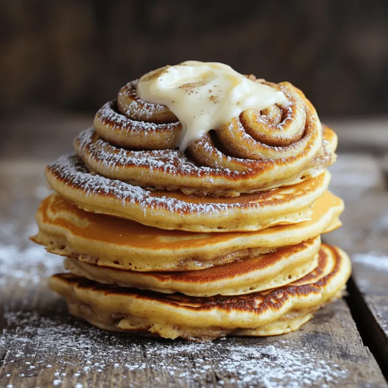 To make the best cinnamon roll pancakes, gather these simple ingredients: - 1 cup all-purpose flour - 2 tablespoons granulated sugar - 2 teaspoons baking powder - 1/2 teaspoon salt - 1 cup milk - 1 large egg - 2 tablespoons unsalted butter, melted - 1 teaspoon pure vanilla extract - 1/4 cup packed brown sugar - 1 tablespoon ground cinnamon - 1/4 cup cream cheese, softened - 1/2 cup powdered sugar - 1 tablespoon milk (for icing) These ingredients combine to create a delightful breakfast treat. The flour gives the pancakes their structure, while the sugar adds sweetness. Baking powder helps them rise, making them light and fluffy. The milk and egg provide moisture and richness. The melted butter and vanilla add flavor, while brown sugar and cinnamon create that classic cinnamon roll taste. The cream cheese and powdered sugar come together for a tasty icing that ties everything together. For the full recipe, you can check out the preparation steps that follow. Each ingredient plays an important role in making your pancakes delicious and enjoyable! First, gather your dry ingredients. In a large bowl, mix together 1 cup of all-purpose flour, 2 tablespoons of granulated sugar, 2 teaspoons of baking powder, and 1/2 teaspoon of salt. Whisk them until there are no clumps. Next, we need to prepare the wet ingredients. In another bowl, whisk 1 cup of milk, 1 large egg, 2 tablespoons of melted unsalted butter, and 1 teaspoon of pure vanilla extract. Make sure this mixture is smooth and well combined. Now, it's time to combine the mixtures. Pour the wet ingredients into the dry mix. Stir gently using a spatula. Stop mixing when you see small lumps. Overmixing can make the pancakes tough, and we want them light and fluffy. Let’s heat the skillet. Preheat a non-stick skillet or griddle over medium heat. Lightly grease it with a little butter or cooking spray. This step helps prevent sticking. For each pancake, pour about 1/4 cup of batter onto the heated skillet. Then, take about 1 teaspoon of the cinnamon filling and place it in the center of the batter. Use a toothpick or knife to swirl the filling gently into the batter. Be careful not to mix it too much. Cook each pancake for 3-4 minutes. You will see bubbles form on the surface. When that happens, it’s time to flip! Cook for another 2-3 minutes until they turn a pretty golden brown. Let’s make the icing! In a small bowl, mix 1/4 cup of softened cream cheese with 1/2 cup of powdered sugar. Add 1 tablespoon of milk to help thin the icing. Beat the mixture until it is smooth and creamy. If you find the icing is too thick, add a little more milk to get the right consistency. Aim for a drizzle that will look lovely on your pancakes. For the full recipe, refer to the earlier section. Enjoy your delicious cinnamon roll pancakes! To make your pancakes fluffy, use fresh baking powder. Old baking powder can lead to flat pancakes. Whisk your dry ingredients well to mix everything evenly. When you combine wet and dry ingredients, stir gently. Lumps are okay; overmixing makes tough pancakes. For heat settings, keep your skillet at medium. If it gets too hot, pancakes may burn. You want them to cook evenly. Use a small bit of butter or cooking spray to avoid sticking. Garnish your pancakes with fresh fruits like strawberries or blueberries. They add color and taste. A sprinkle of cinnamon or powdered sugar looks nice too. You could even add a dollop of whipped cream for extra flair. Try serving warm pancakes with a side of maple syrup. The sweetness pairs well with the cinnamon flavor. To prevent burning, watch your cooking time closely. Cook each side until golden brown. Avoid cooking on high heat. For undercooked pancakes, check for bubbles forming on top. If they are not bubbling, give them more time. Lastly, to avoid a lumpy batter, remember to sift your dry ingredients. This helps mix them well and keeps your batter smooth. {{image_4}} You can make cinnamon roll pancakes even more fun. Try adding chocolate chips for a sweet twist. Just fold in 1/2 cup of chocolate chips into the batter. You can also add nuts like walnuts or pecans for extra crunch. Simply chop them up and mix them in with the batter. If you're feeling adventurous, try using different spices. Nutmeg adds warmth, while allspice brings a nice depth. Just swap out some cinnamon for these spices, and you’ll have a new flavor profile! If you need gluten-free pancakes, use a blend of gluten-free flour. Almond flour or oat flour works well in this recipe. You will not lose any flavor! For those who follow a vegan diet, swap the egg for a flax egg. Mix 1 tablespoon of ground flaxseed with 2.5 tablespoons of water. Let it sit until it thickens. Use almond milk or soy milk instead of regular milk for a creamy texture without dairy. These changes make the pancakes just as delicious! Toppings can change your pancake game. While the cream cheese icing is a classic, try fresh fruit like strawberries or blueberries. A drizzle of maple syrup adds sweetness too. For a dessert twist, add whipped cream and a sprinkle of chocolate shavings. You can serve these pancakes at breakfast or as a fun dessert. They are versatile and loved by all ages. For the best experience, stack them high and let everyone dig in! To store leftover pancakes, stack them on a plate. Place a piece of parchment paper between each pancake to prevent sticking. Cover the stack with plastic wrap or foil. This keeps them fresh for up to three days in the fridge. For the cream cheese icing, place it in a sealed container. It stays good in the fridge for about a week. When ready to eat, you can reheat pancakes on the stovetop or in the microwave. For the stovetop, warm a skillet on low heat. Place the pancakes on the skillet for 1-2 minutes on each side. If using the microwave, place a pancake on a plate. Heat for 20-30 seconds. Check if it’s warm enough. For the icing, you can warm it slightly in the microwave. Use a microwave-safe bowl and heat for about 10 seconds. You can freeze pancakes for long-term storage. To do this, let them cool completely. Stack pancakes with parchment paper in between. Place the stack in a freezer-safe bag. Squeeze out as much air as possible before sealing. They can last up to two months in the freezer. To defrost, take them out the night before and place them in the fridge. You can also microwave them straight from the freezer for about a minute. To make pancakes fluffier, use fresh baking powder. Baking powder helps pancakes rise. Make sure to measure it correctly. Mix the dry and wet ingredients separately. Combine them gently and avoid overmixing. A few lumps are okay. This keeps air in the batter, making it light. Yes, you can make the batter ahead of time. Just mix it and cover it. Keep it in the fridge for up to 24 hours. When ready to cook, stir the batter gently. If it thickens, add a splash of milk to loosen it. This will help keep your pancakes tasty and fresh. Look for bubbles forming on the surface of the pancakes. This shows they are cooking well. When the edges look set and a bit dry, it’s time to flip. After flipping, cook until they are golden brown. A perfectly cooked pancake should be soft and fluffy. For the complete recipe, check out the Full Recipe section above! This article covered key ingredients and steps to make delightful pancakes. You learned how to prepare the batter, cook the pancakes, and create a tasty cream cheese icing. I shared tips for fluffiness and ways to avoid common mistakes. Variations let you customize your pancakes to your taste. Lastly, proper storage and reheating methods ensure they remain fresh. Enjoy making these pancakes for breakfast or dessert, and feel proud of your delicious results!