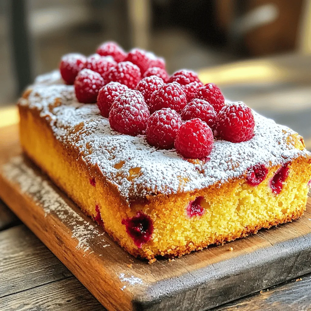 - 1 cup unsalted butter, softened to room temperature - 2 cups granulated sugar - 4 large eggs, at room temperature - Zest of 2 medium lemons - 1/4 cup freshly squeezed lemon juice (about 2 lemons) - 1 teaspoon pure vanilla extract - 3 cups all-purpose flour, plus extra for dusting - 1 teaspoon baking powder - 1/2 teaspoon salt - 1 cup fresh raspberries (reserve a few for garnish) - Powdered sugar, for dusting These ingredients combine to create a moist and flavorful cake. You need quality butter for the best taste. Fresh lemon zest and juice bring brightness. Raspberries add a sweet-tart burst that pairs perfectly with the lemon. - You can substitute some butter with Greek yogurt for a lighter cake. - Use lemon extract instead of vanilla for a stronger lemon flavor. - Add a pinch of almond extract for a unique twist. - For a richer taste, mix in cream cheese in place of some butter. Feel free to get creative! These swaps can enhance the flavor and texture of your cake. Always choose fresh ingredients for the best results. For the full recipe, check out the details above. Start by gathering your ingredients. You need butter, eggs, and raspberries. Make sure the butter is soft. This helps it blend well with the sugar. Take the eggs out to reach room temperature. This is key for a smooth batter. Rinse the fresh raspberries gently. Pat them dry with a paper towel. Set aside a few for later decoration. 1. Preheat the Oven: Set your oven to 350°F (175°C) now. Grease a 9x5-inch loaf pan with butter. Line the bottom with parchment paper, so the cake lifts out easily. 2. Cream the Butter and Sugar: In a big bowl, add the softened butter and granulated sugar. Mix them with an electric mixer on medium speed. You want it light and fluffy, which takes about 3 to 4 minutes. 3. Add the Eggs and Flavors: Add one egg at a time, mixing well after each. Then, mix in the lemon zest, lemon juice, and vanilla extract. Make sure everything blends well. 4. Combine the Dry Ingredients: In another bowl, whisk the flour, baking powder, and salt. Slowly mix this into the wet ingredients. Use a spatula or wooden spoon. Be gentle; overmixing can make the cake dense. 5. Fold in the Raspberries: Carefully add the raspberries to the batter. Gently fold them in to keep their shape. 6. Transfer to Pan: Pour the batter into the greased loaf pan. Smooth the top with a spatula. 7. Bake: Put the pan in the oven. Bake for 60 to 70 minutes. Check if it's done by inserting a toothpick. It should come out clean with a few moist crumbs. Once baked, let the cake cool in the pan for about 10 minutes. This helps it hold its shape. Then, move it to a wire rack to cool completely. After cooling, dust the top with powdered sugar for a sweet touch. Finally, add the reserved raspberries on top for a nice look. Enjoy your Lemon Raspberry Pound Cake as a tasty treat! For the full recipe, check [Full Recipe]. To make the best Lemon Raspberry Pound Cake, start with a good oven. Preheat it to 350°F (175°C) for even baking. If your oven runs hot, lower the temperature to 325°F (160°C). This helps the cake rise nicely without burning. Avoid common mistakes for a perfect cake. First, ensure your butter is soft. This helps it cream well with sugar. Next, mix the batter gently. Overmixing can make the cake tough. Finally, be careful when folding in the raspberries. You want them to stay whole for a beautiful look and great taste. Want to add new flavors? Try using lime zest instead of lemon for a twist. You can also mix in some chopped nuts for crunch. If you love chocolate, add mini chocolate chips. Experimenting can lead to fun new cakes! For the full recipe, check out the detailed steps. {{image_4}} You can mix up the fruit in your pound cake. Here are some fun ideas: - Blueberries: Swap out the raspberries for blueberries. They add a sweet burst. - Strawberries: Chopped strawberries give a nice twist and are a crowd favorite. - Peaches: Fresh peaches add a juicy flavor that pairs well with lemon. - Cherries: Pitted cherries offer a tart kick that balances the sweetness. These combinations bring new life to the classic recipe. You can play with flavors to find your favorite! If you need gluten-free options, swap all-purpose flour for a gluten-free mix. Look for one that works well in baking. For a vegan version, use flax eggs instead of real eggs. One flax egg equals one tablespoon of ground flaxseed mixed with three tablespoons of water. Let it sit for a few minutes until it thickens. You can also use dairy-free butter and a non-dairy milk. These changes keep the cake light and tasty. Pair your lemon raspberry pound cake with some great sides. Here are a few ideas: - Whipped Cream: A dollop of fresh whipped cream adds creaminess. - Ice Cream: Vanilla or lemon ice cream makes a sweet match. - Fresh Berries: Serve with extra berries for a fresh touch. - Mint Leaves: Add a sprig of mint for color and flavor. Each of these options enhances the cake’s taste and makes it more special. If you want to impress guests, try a few of these ideas! For the full recipe, check out the complete guide. To keep your lemon raspberry pound cake fresh, wrap it in plastic wrap. Store it at room temperature for up to a week. This way, the cake stays moist and tasty. If you notice any dry parts, you can add a little lemon juice to enhance the flavor. If you want to save the cake for later, freezing is a great option. Slice the cake first, then wrap each piece in plastic wrap. Place the wrapped slices in a freezer-safe bag. It will last up to three months in the freezer. When you’re ready to eat, thaw the cake in the fridge overnight. After thawing, let it come to room temperature before serving for the best taste. I recommend serving lemon raspberry pound cake at room temperature. This allows the flavors to shine through. If you prefer, you can warm a slice in the microwave for just a few seconds. This brings out the lemon zest's bright flavor and enhances the overall taste. Enjoy it plain or with a dusting of powdered sugar for a special touch. What can I substitute for eggs? You can use several substitutes for eggs in this recipe. Here are a few options: - Flaxseed meal: Mix 1 tablespoon of flaxseed meal with 2.5 tablespoons of water. Let it sit for five minutes before using. - Applesauce: Use 1/4 cup of unsweetened applesauce per egg. - Yogurt: Replace each egg with 1/4 cup of plain yogurt. These options keep the cake moist and add flavor. Each substitute may change the texture slightly, but they work well. Can I use frozen raspberries instead of fresh? Yes, you can use frozen raspberries! Here are some tips for using them: - Do not thaw them before adding to the batter. This helps keep the cake from turning pink. - Fold in gently to avoid crushing the berries. - Increase baking time by a few minutes, as frozen berries can cool down the batter. Frozen raspberries give you the same great taste and are easy to find. Should I change the recipe if baking at high altitude? Yes, baking at high altitude can affect how cakes rise. Here are some adjustments you can make: - Reduce sugar by 1 to 2 tablespoons to prevent excess browning. - Increase flour by 1 to 2 tablespoons to help with structure. - Add extra liquid (1 to 2 tablespoons) to keep the cake moist. These changes help your Lemon Raspberry Pound Cake rise well and stay moist, even at high altitudes. This blog post covered key steps for making a delicious Lemon Raspberry Pound Cake. You learned about the main and optional ingredients, plus detailed instructions for prepping, mixing, and baking. I shared tips for texture and flavor enhancement, as well as variations like gluten-free options. Finally, I provided storage tips to keep your cake fresh. With these insights, you're ready to bake confidently and enjoy this sweet treat. Happy baking!
