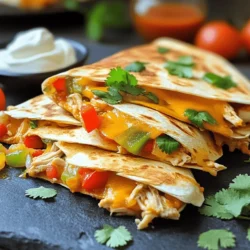 - 2 cups cooked chicken, shredded - 1 cup enchilada sauce - 1 cup shredded cheese - 4 large flour tortillas - 1 small onion, finely chopped - 1 bell pepper, diced - 1 teaspoon garlic powder - 1 teaspoon ground cumin - 1 tablespoon olive oil - Fresh cilantro (for garnish) - Sour cream and salsa (for serving) To make tasty chicken and cheese enchiladas quesadilla, you need some key ingredients. Start with cooked chicken. I love using rotisserie chicken for easy prep. You will also want enchilada sauce. You can choose red or green sauce, based on your taste. Next, use shredded cheese. Cheddar or Monterey Jack works great. Flour tortillas are perfect to hold everything together. Then, for added flavor, you’ll chop a small onion and a bell pepper. They add great taste and texture. Don’t forget garlic powder and ground cumin for spice. Olive oil helps in cooking. For garnish, use fresh cilantro. It adds color and taste. Serve with sour cream and salsa for a tasty finish. This recipe is simple, fun, and full of flavor. For the full recipe, check the link provided. 1. Sautéing onion and bell pepper: Start by heating one tablespoon of olive oil in a large skillet over medium heat. Add the finely chopped onion and diced bell pepper. Cook them for about 3 to 4 minutes. You want them soft and fragrant. 2. Mixing chicken with enchilada sauce: In a mixing bowl, combine 2 cups of shredded chicken with 1 cup of enchilada sauce. Add 1 teaspoon of garlic powder and 1 teaspoon of ground cumin. Mix well. Don’t forget to add half of the shredded cheese. This step ensures the chicken is flavorful and creamy. 1. Filling tortillas with chicken mixture: Take one large flour tortilla and lay it flat. Spoon a generous amount of your chicken mixture onto one half of the tortilla. 2. Folding and preparing for cooking: Sprinkle the remaining shredded cheese on top of the chicken. Fold the tortilla over to form a half-moon shape. Repeat this process for the other tortillas. Get ready for some cheesy goodness! 1. Cooking techniques for perfect texture: Place the folded quesadilla back in the same skillet over medium heat. Cook each side for about 3 to 4 minutes. You want a crispy, golden brown outside. 2. Timing for golden brown quesadillas: Keep an eye on the quesadillas. Flip them carefully to avoid spills. If the cheese isn't melting, you can add a bit more oil for the second side. This helps create that perfect crunch. Check out the Full Recipe for more details! - Choosing the right cheese: I love using a mix of cheddar and Monterey Jack. Cheddar gives a sharp taste, while Monterey Jack melts perfectly. This combo makes the quesadilla extra tasty. - Correct seasoning with spices: Use garlic powder and ground cumin for depth. These spices add warmth and flavor. Don't be shy; they elevate the chicken and cheese mixture. - Oil or no oil?: I recommend using a little olive oil for cooking. It helps create a crispy outside. If you prefer less oil, just make sure to watch the heat. - Ensuring even cooking throughout: Cook each quesadilla over medium heat. This ensures the filling heats up nicely, and the cheese melts. Flip them gently and keep an eye on the color. - Ideal garnishes and sides: Fresh cilantro brightens the dish. Serve with sour cream and salsa for dipping. These add creaminess and zest to every bite. - Pairing options for complementary flavors: Try a fresh salad or black beans on the side. They balance the richness of the quesadilla. You could also serve rice for a heartier meal. For more details, check the Full Recipe for Chicken and Cheese Enchiladas Quesadilla. {{image_4}} You can switch up proteins in your quesadillas. Try using ground beef, turkey, or even tofu. Each option brings its own flavor. If you want a lighter dish, shredded rotisserie chicken works great, too. For cheese, cheddar is classic, but don't stop there. You can use Monterey Jack, pepper jack, or even a creamy queso fresco. Each cheese melts differently and adds unique taste. Want more heat? Add spices! A pinch of cayenne or chili powder can spice things up. You can also mix in fresh jalapeños for a kick. Just use them according to your heat level. Adding veggies can enhance the filling, too. Diced tomatoes, corn, or black beans work well. Spinach or zucchini can also add more nutrition. These ingredients make the dish colorful and tasty. Get creative with your presentation. You can layer the quesadillas in a baking dish. Top with extra enchilada sauce and cheese, then bake until bubbly. This makes a fun, shareable dish for gatherings. Another idea is to serve them in a taco-style way. Cut the quesadillas into wedges and stand them up in a taco holder. Serve with dips like guacamole or salsa on the side. This makes it fun and interactive for everyone! For the full recipe, check out the details above. To keep your Chicken and Cheese Enchiladas Quesadilla fresh, store them properly. First, let the quesadillas cool down. Once they are at room temperature, wrap them tightly in plastic wrap or foil. This helps keep them from drying out. You can also place them in an airtight container. This will keep your quesadillas fresh for up to three days in the fridge. For long-term storage, you can freeze them. Wrap each quesadilla in plastic wrap, then place them in a freezer-safe bag. This way, they can last for up to two months. When you’re ready to eat, just thaw them in the fridge overnight. When it’s time to enjoy your leftovers, reheating is key. The best way to reheat crispy quesadillas is on the stovetop. Heat a non-stick skillet over medium heat. Place the quesadilla in the skillet and cover it with a lid. Heat for about 3-4 minutes on each side. This method keeps the outside crispy and warms the inside nicely. If you prefer using a microwave, place the quesadilla on a microwave-safe plate. Heat it for about 30 seconds to 1 minute. However, the microwave can make them a bit soft. For the best taste, I recommend using the stovetop method. For more details, check the Full Recipe. You can prep the filling in advance. Cook and cool the chicken mixture. Store it in an airtight container in the fridge. You can also chop the onion and bell pepper ahead of time. When you're ready to cook, just warm the filling and assemble the quesadillas. This saves time on busy days and makes cooking easier. Yes, you can freeze these quesadillas. After cooking, let them cool completely. Wrap each quesadilla in plastic wrap. Place them in a freezer bag or container. This keeps them fresh for up to three months. To enjoy, just thaw in the fridge overnight before reheating. Reheat quesadillas in a skillet for the best texture. Heat the skillet over medium heat. Place the quesadilla in and cook for about 2-3 minutes on each side. This way, the outside stays crispy while the cheese melts again. You can also use the oven. Just preheat it to 350°F and bake for about 10 minutes. In this blog post, I shared a simple recipe for tasty chicken and cheese quesadillas. We discussed the key ingredients and detailed steps for preparation and cooking. I also included essential tips for great flavor and texture, along with creative variations and storage methods. Whether you enjoy a classic or want to experiment, these quesadillas are sure to please. Try them out and make mealtime special!