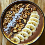 - 1 frozen banana, sliced - 1 cup unsweetened almond milk - 2 tablespoons creamy natural peanut butter - 1 tablespoon unsweetened cocoa powder - 1 tablespoon honey or maple syrup (optional for sweetness) - 1/2 teaspoon pure vanilla extract - Toppings: Freshly sliced bananas, crunchy granola, cacao nibs, a mix of your favorite chopped nuts, and shredded coconut Each ingredient in this smoothie bowl brings its own charm. - Frozen banana: This makes the base creamy and thick. It also adds natural sweetness. - Almond milk: This adds a smooth texture. It keeps the bowl light and dairy-free. - Peanut butter: This gives a rich, nutty flavor. It also adds healthy fats and protein. - Cocoa powder: This brings a deep chocolate taste. It makes the bowl feel indulgent. - Honey or maple syrup: This sweetens the bowl. You can skip it if you like less sugar. - Vanilla extract: This adds warmth to the flavor. It enhances the overall taste. - Frozen banana: Packed with potassium, it helps with muscle function and heart health. - Almond milk: Low in calories, it’s a good source of vitamin E, which is great for skin. - Peanut butter: Rich in protein, it keeps you full and helps build muscle. - Cocoa powder: Full of antioxidants, it may improve heart health and mood. - Honey or maple syrup: Natural sweeteners that can boost energy levels. - Toppings: Nuts and granola add fiber, vitamins, and healthy fats for overall health. This blend creates a tasty and nourishing meal. Feel free to check the Full Recipe for more details! To start, gather your ingredients. You will need one frozen banana, almond milk, peanut butter, cocoa powder, honey or maple syrup, and vanilla extract. Place the banana slices, almond milk, peanut butter, cocoa powder, honey or maple syrup, and vanilla extract into a high-speed blender. Blend on high until smooth and creamy. If it feels too thick, add a splash of almond milk. Pour the mixture into a bowl. The key to a great smoothie bowl is the right texture. Blend until it’s silky. If it’s too thick, add more almond milk slowly. You want it thick enough to hold toppings but smooth enough to enjoy with a spoon. Don’t be afraid to stop and scrape down the sides of the blender while blending. This helps mix everything evenly. Now comes the fun part—toppings! Get creative with your presentation. Neatly arrange sliced bananas around the top. Add crunchy granola for a nice texture. Scatter cacao nibs and sprinkle your favorite chopped nuts on top. A little shredded coconut adds a tropical touch. Each bowl can look unique. Enjoy the colorful mix, and take a moment to admire your work before you dig in. One big mistake is using fresh bananas instead of frozen ones. Frozen bananas give your smoothie bowl a thick, creamy texture. Another common error is not blending long enough. You want a smooth mix, so blend until it’s completely creamy. Also, don’t skip the toppings! They add crunch and flavor. Lastly, be careful with the liquid. Too much almond milk makes it runny. Start with a little and add more if needed. You can change the flavor easily! Try swapping almond milk for oat milk or coconut milk. For a sweeter taste, add a touch more honey or maple syrup. Want a chocolate boost? Add more cocoa powder. If you like it thicker, toss in some spinach or avocado. For a protein punch, blend in Greek yogurt or protein powder. These swaps let you create your perfect smoothie bowl! Use a high-speed blender for the best results. Start with the liquid first; this helps the blades move smoothly. Add the frozen banana and other ingredients next. Blend on high, and stop to scrape down the sides if needed. If your blender struggles, add a splash more almond milk. This makes blending easier. Once it's smooth, you’re ready to pour it into a bowl and enjoy your delicious creation! {{image_4}} You can easily make this smoothie bowl vegan. Just use almond milk, which is already in the recipe. For the sweetener, choose maple syrup instead of honey. This keeps it plant-based. You can also swap creamy peanut butter for almond or cashew butter. Each nut brings a unique taste and nutrition to the bowl. For a keto-friendly version, replace the banana with avocado. This keeps the creaminess without the carbs. Use unsweetened almond milk as your base. Avoid honey or maple syrup to reduce sugar. You can add a low-carb sweetener, like stevia or erythritol, to keep it sweet without adding carbs. Toppings can make your smoothie bowl fun! Try adding chia seeds or hemp seeds for extra nutrition. You can include sliced strawberries or blueberries for a fruity twist. If you want crunch, sprinkle on some granola or chopped nuts. For a chocolate boost, use cacao nibs or dark chocolate shavings. Each topping adds flavor and texture, making your smoothie bowl unique. For the full recipe, be sure to check out the complete guide. To keep leftover ingredients fresh, store them in airtight containers. Place sliced bananas and other fruits in one container. Store the almond milk in its original carton or a sealed jar. You can keep the peanut butter and cocoa powder at room temperature. Use these ingredients within three days to ensure freshness. If you want to prep in advance, freeze bananas in slices. Place them on a baking sheet to freeze individually. Once frozen, transfer them to a zip-top bag. This method keeps them from sticking together. You can also freeze almond milk in ice cube trays. Just pop out a few cubes when you need them for your smoothie bowl. If you have an assembled smoothie bowl, eat it right away for the best taste. If you must store it, cover the bowl with plastic wrap. Keep it in the fridge for up to an hour. The toppings may become soggy, so consider adding them right before serving. For the full recipe, check the instructions above. Enjoy your tasty and healthy meal! You can use any plant-based milk. Options include soy milk, oat milk, or coconut milk. These substitutes work well in your smoothie bowl. They add creaminess and flavor, just like almond milk. If you prefer dairy, whole milk or yogurt will also do the trick. Each type of milk will change the taste slightly, so pick one you enjoy. Yes, you can make this smoothie bowl ahead of time. Just blend your ingredients and store the smoothie in the fridge. It can last for up to 24 hours. If you do this, your smoothie might thicken. You can fix this by adding a splash of milk before serving. For toppings, it's best to add them right before you eat. This keeps them fresh and crunchy. To make your smoothie bowl less sweet, skip the honey or maple syrup. You can also reduce the amount of fruit. Bananas can be very sweet, so use less in your bowl. If you want more flavor without the sweetness, add a pinch of salt or a dash of cinnamon. These ingredients can balance the flavors nicely. Enjoy your healthy treat without the extra sugar! This blog post covers how to make a Chocolate Peanut Butter Smoothie Bowl. We examined key ingredients and their benefits. I provided step-by-step instructions, tips for perfect texture, and serving ideas. You learned common mistakes to avoid and ways to customize your bowl. Plus, I shared storage tips to keep your ingredients fresh. With these insights, you can create a tasty smoothie bowl that fits your diet. Enjoy experimenting with flavors and toppings!
