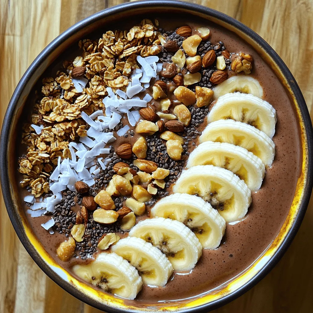 - 1 frozen banana, sliced - 1 cup unsweetened almond milk - 2 tablespoons creamy natural peanut butter - 1 tablespoon unsweetened cocoa powder - 1 tablespoon honey or maple syrup (optional for sweetness) - 1/2 teaspoon pure vanilla extract - Toppings: Freshly sliced bananas, crunchy granola, cacao nibs, a mix of your favorite chopped nuts, and shredded coconut Each ingredient in this smoothie bowl brings its own charm. - Frozen banana: This makes the base creamy and thick. It also adds natural sweetness. - Almond milk: This adds a smooth texture. It keeps the bowl light and dairy-free. - Peanut butter: This gives a rich, nutty flavor. It also adds healthy fats and protein. - Cocoa powder: This brings a deep chocolate taste. It makes the bowl feel indulgent. - Honey or maple syrup: This sweetens the bowl. You can skip it if you like less sugar. - Vanilla extract: This adds warmth to the flavor. It enhances the overall taste. - Frozen banana: Packed with potassium, it helps with muscle function and heart health. - Almond milk: Low in calories, it’s a good source of vitamin E, which is great for skin. - Peanut butter: Rich in protein, it keeps you full and helps build muscle. - Cocoa powder: Full of antioxidants, it may improve heart health and mood. - Honey or maple syrup: Natural sweeteners that can boost energy levels. - Toppings: Nuts and granola add fiber, vitamins, and healthy fats for overall health. This blend creates a tasty and nourishing meal. Feel free to check the Full Recipe for more details! To start, gather your ingredients. You will need one frozen banana, almond milk, peanut butter, cocoa powder, honey or maple syrup, and vanilla extract. Place the banana slices, almond milk, peanut butter, cocoa powder, honey or maple syrup, and vanilla extract into a high-speed blender. Blend on high until smooth and creamy. If it feels too thick, add a splash of almond milk. Pour the mixture into a bowl. The key to a great smoothie bowl is the right texture. Blend until it’s silky. If it’s too thick, add more almond milk slowly. You want it thick enough to hold toppings but smooth enough to enjoy with a spoon. Don’t be afraid to stop and scrape down the sides of the blender while blending. This helps mix everything evenly. Now comes the fun part—toppings! Get creative with your presentation. Neatly arrange sliced bananas around the top. Add crunchy granola for a nice texture. Scatter cacao nibs and sprinkle your favorite chopped nuts on top. A little shredded coconut adds a tropical touch. Each bowl can look unique. Enjoy the colorful mix, and take a moment to admire your work before you dig in. One big mistake is using fresh bananas instead of frozen ones. Frozen bananas give your smoothie bowl a thick, creamy texture. Another common error is not blending long enough. You want a smooth mix, so blend until it’s completely creamy. Also, don’t skip the toppings! They add crunch and flavor. Lastly, be careful with the liquid. Too much almond milk makes it runny. Start with a little and add more if needed. You can change the flavor easily! Try swapping almond milk for oat milk or coconut milk. For a sweeter taste, add a touch more honey or maple syrup. Want a chocolate boost? Add more cocoa powder. If you like it thicker, toss in some spinach or avocado. For a protein punch, blend in Greek yogurt or protein powder. These swaps let you create your perfect smoothie bowl! Use a high-speed blender for the best results. Start with the liquid first; this helps the blades move smoothly. Add the frozen banana and other ingredients next. Blend on high, and stop to scrape down the sides if needed. If your blender struggles, add a splash more almond milk. This makes blending easier. Once it's smooth, you’re ready to pour it into a bowl and enjoy your delicious creation! {{image_4}} You can easily make this smoothie bowl vegan. Just use almond milk, which is already in the recipe. For the sweetener, choose maple syrup instead of honey. This keeps it plant-based. You can also swap creamy peanut butter for almond or cashew butter. Each nut brings a unique taste and nutrition to the bowl. For a keto-friendly version, replace the banana with avocado. This keeps the creaminess without the carbs. Use unsweetened almond milk as your base. Avoid honey or maple syrup to reduce sugar. You can add a low-carb sweetener, like stevia or erythritol, to keep it sweet without adding carbs. Toppings can make your smoothie bowl fun! Try adding chia seeds or hemp seeds for extra nutrition. You can include sliced strawberries or blueberries for a fruity twist. If you want crunch, sprinkle on some granola or chopped nuts. For a chocolate boost, use cacao nibs or dark chocolate shavings. Each topping adds flavor and texture, making your smoothie bowl unique. For the full recipe, be sure to check out the complete guide. To keep leftover ingredients fresh, store them in airtight containers. Place sliced bananas and other fruits in one container. Store the almond milk in its original carton or a sealed jar. You can keep the peanut butter and cocoa powder at room temperature. Use these ingredients within three days to ensure freshness. If you want to prep in advance, freeze bananas in slices. Place them on a baking sheet to freeze individually. Once frozen, transfer them to a zip-top bag. This method keeps them from sticking together. You can also freeze almond milk in ice cube trays. Just pop out a few cubes when you need them for your smoothie bowl. If you have an assembled smoothie bowl, eat it right away for the best taste. If you must store it, cover the bowl with plastic wrap. Keep it in the fridge for up to an hour. The toppings may become soggy, so consider adding them right before serving. For the full recipe, check the instructions above. Enjoy your tasty and healthy meal! You can use any plant-based milk. Options include soy milk, oat milk, or coconut milk. These substitutes work well in your smoothie bowl. They add creaminess and flavor, just like almond milk. If you prefer dairy, whole milk or yogurt will also do the trick. Each type of milk will change the taste slightly, so pick one you enjoy. Yes, you can make this smoothie bowl ahead of time. Just blend your ingredients and store the smoothie in the fridge. It can last for up to 24 hours. If you do this, your smoothie might thicken. You can fix this by adding a splash of milk before serving. For toppings, it's best to add them right before you eat. This keeps them fresh and crunchy. To make your smoothie bowl less sweet, skip the honey or maple syrup. You can also reduce the amount of fruit. Bananas can be very sweet, so use less in your bowl. If you want more flavor without the sweetness, add a pinch of salt or a dash of cinnamon. These ingredients can balance the flavors nicely. Enjoy your healthy treat without the extra sugar! This blog post covers how to make a Chocolate Peanut Butter Smoothie Bowl. We examined key ingredients and their benefits. I provided step-by-step instructions, tips for perfect texture, and serving ideas. You learned common mistakes to avoid and ways to customize your bowl. Plus, I shared storage tips to keep your ingredients fresh. With these insights, you can create a tasty smoothie bowl that fits your diet. Enjoy experimenting with flavors and toppings!