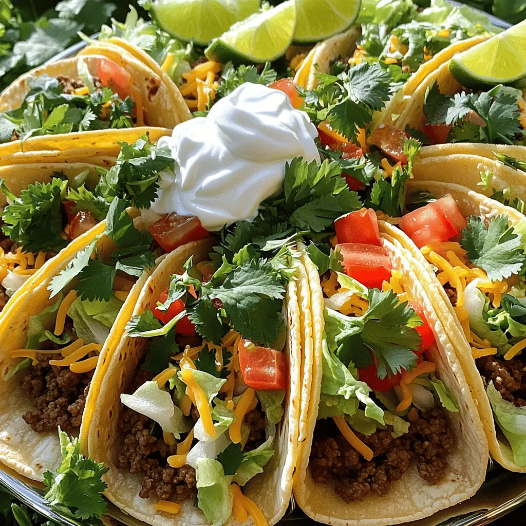- 1 lb (450g) ground beef - 1 small onion, finely chopped - 2 cloves garlic, minced - 1 tablespoon chili powder - 1 teaspoon ground cumin - 1 teaspoon smoked paprika - 1 teaspoon sea salt - 1/2 teaspoon freshly ground black pepper - 1/2 cup beef broth - 8 small corn tortillas These main ingredients create the heart and soul of your beef tacos. Ground beef is the star. It is juicy and flavorful. Onion and garlic add depth. They make the beef taste rich and savory. The spices give your tacos a warm kick. Chili powder and cumin bring heat and aroma. Smoked paprika adds a nice touch of smokiness. Salt and pepper enhance all the flavors. The beef broth keeps the meat moist and tender. - 1 cup shredded romaine lettuce - 1 cup diced ripe tomatoes - 1 cup shredded sharp cheddar cheese - 1/2 cup sour cream - Fresh cilantro leaves, for garnish - Lime wedges, for serving Toppings allow you to customize your tacos. Shredded lettuce and tomatoes add crunch. Cheese is creamy and rich, creating a great contrast. Sour cream balances the heat with its coolness. Fresh cilantro adds a burst of flavor. Lime wedges give a bright finish. These toppings make your tacos colorful and fun to eat. - Skillet for cooking - Tools for prepping and serving You need a good skillet to cook your beef. A non-stick or cast-iron skillet works best. It helps brown the meat evenly. You will also need basic tools like a spatula for cooking. Chopping knives and cutting boards are great for prepping. Serving tongs make it easy to pile on the toppings. With these tools, you can prepare, cook, and serve your delicious beef tacos. For the full recipe, check out the section above. 1. Heat a large skillet over medium heat. Add 1 pound of ground beef. 2. Use a spatula to break apart the beef and cook it. Brown the beef for about 5 to 7 minutes. 3. If there's extra grease, drain it. 4. Add 1 small chopped onion and 2 minced garlic cloves to the skillet. 5. Sauté for 3 to 4 minutes until the onion is clear and smells great. 6. Sprinkle in 1 tablespoon of chili powder, 1 teaspoon of ground cumin, 1 teaspoon of smoked paprika, 1 teaspoon of sea salt, and 1/2 teaspoon of black pepper. 7. Stir well and cook for 1 more minute. This lets the spices mix well. 8. Pour in 1/2 cup of beef broth and bring to a gentle simmer. 9. Let it cook for 5 to 7 minutes. This helps the flavors deepen and blend. 1. You can warm corn tortillas in two ways. - Heat each tortilla in a separate skillet for about 30 seconds on each side. - Or, wrap them in foil and heat in a preheated oven at 350°F (175°C) for about 10 minutes. 2. Keep the tortillas warm by covering them with a clean kitchen towel. 1. Take a warm tortilla and add a generous scoop of the beef mixture. 2. Top with a handful of shredded romaine lettuce, diced ripe tomatoes, and shredded sharp cheddar cheese. 3. Add a dollop of sour cream on top. 4. Finish with fresh cilantro leaves and a squeeze of lime juice for a bright taste. 5. To present, arrange tacos on a colorful platter. 6. Garnish with lime wedges and extra cilantro for a beautiful display. For the full recipe, check out the details above. Enjoy your cooking! To make tasty beef tacos, use the right spices. I recommend: - 1 tablespoon chili powder - 1 teaspoon ground cumin - 1 teaspoon smoked paprika - 1 teaspoon sea salt - 1/2 teaspoon black pepper These spices give your beef rich flavor. Simmering the mixture is key. It helps the spices blend well. Let it cook for about 5-7 minutes. This deepens the taste and makes the beef juicy. Prepping ingredients ahead saves time. Chop the onion and garlic in advance. You can even brown the beef a day before. This way, you can enjoy tacos faster. Batch cooking is also smart. Make extra beef and store it for later. You can use it for nachos or burritos. Pair your tacos with traditional sides. Mexican rice and black beans work great. They add color and flavor to your meal. For drinks, I suggest a cold soda or a light beer. A fresh limeade also pairs well. It balances the taco's spice and adds a refreshing touch. For the complete recipe, check out the Full Recipe. {{image_4}} You can switch up the meat in your tacos. Try chicken or turkey instead of beef. Just cook them the same way as the beef. They will absorb the spices well. For a vegetarian or vegan option, use black beans or lentils. You can season them just like the beef. This gives you a hearty and tasty meal. Adding spices can take your tacos to new heights. Try smoked chipotle for a spicy twist. You can also mix in some lime juice for a fresh taste. Different sauces like salsa or hot sauce work great too. Don’t forget to experiment with tortilla types. Corn tortillas are classic, but flour tortillas add a nice chew. Taco styles differ by region. Tex-Mex tacos often use cheese and hard shells. Authentic Mexican tacos focus on fresh ingredients and soft tortillas. Popular toppings change by area too. In Mexico City, you might find tacos topped with fresh onions and cilantro. In the U.S., people enjoy adding guacamole and sour cream. Each style tells a story of its own! Store your beef taco leftovers in an airtight container. This keeps them fresh. You can place them in the fridge for up to three days. If you want to keep them longer, consider freezing them. Use freezer-safe bags or containers. Label them with the date. This way, you know when to use them. To reheat, you have a few options. You can use the microwave, stovetop, or oven. If you use the microwave, place the beef in a bowl. Add a splash of water to keep it moist. Cover it with a lid or a damp paper towel. Heat in short bursts to avoid overcooking. For the stovetop, warm a skillet over low heat. Add the beef and stir until hot. Avoid soggy tortillas by reheating them separately. Warm them in a dry skillet for about 30 seconds on each side. This keeps them crisp. Spices and fresh produce lose flavor over time. Store spices in a cool, dark place. They can last up to two years. Fresh produce should be used within a week for best taste. Cooked beef can be stored in the fridge for about three to four days. If frozen, it can last for about three months. Always check for any off smells or colors before using. To make classic beef tacos, follow these simple steps: 1. Cook the Beef: Brown the ground beef in a skillet. Drain excess grease. 2. Add Aromatics: Sauté chopped onion and minced garlic until they are soft. 3. Spice It Up: Mix in chili powder, cumin, smoked paprika, salt, and pepper. 4. Simmer: Pour in beef broth and let it all simmer. 5. Warm Tortillas: Heat corn tortillas in a skillet or oven. 6. Assemble: Scoop beef onto tortillas and add your favorite toppings. Common mistakes to avoid include: - Not draining excess grease from the beef. - Overcooking the onions and garlic. - Skipping the simmer step, which adds flavor. For beef tacos, here are the best traditional toppings: - Shredded romaine lettuce - Diced tomatoes - Shredded cheddar cheese - Sour cream - Fresh cilantro Some creative topping ideas are: - Avocado slices or guacamole - Pickled red onions - Jalapeños for heat - Pineapple or mango salsa for sweetness You can find authentic beef tacos at local Mexican restaurants or taco trucks. Popular chains often offer tasty options too. To identify quality taco places, look for these signs: - A busy spot usually means good food. - Check for fresh ingredients and homemade tortillas. - Read reviews for mentions of authentic flavors. For a detailed recipe, check the Full Recipe. In this guide, we explored how to make classic beef tacos from scratch. We covered essential ingredients, step-by-step cooking, and helpful tips for flavor and presentation. Experiment with different toppings and proteins to make each taco your own. Store leftovers properly to keep them fresh for later meals. With these insights, you can impress friends and family with tasty tacos. Dive into this fun cooking adventure and enjoy every bite.