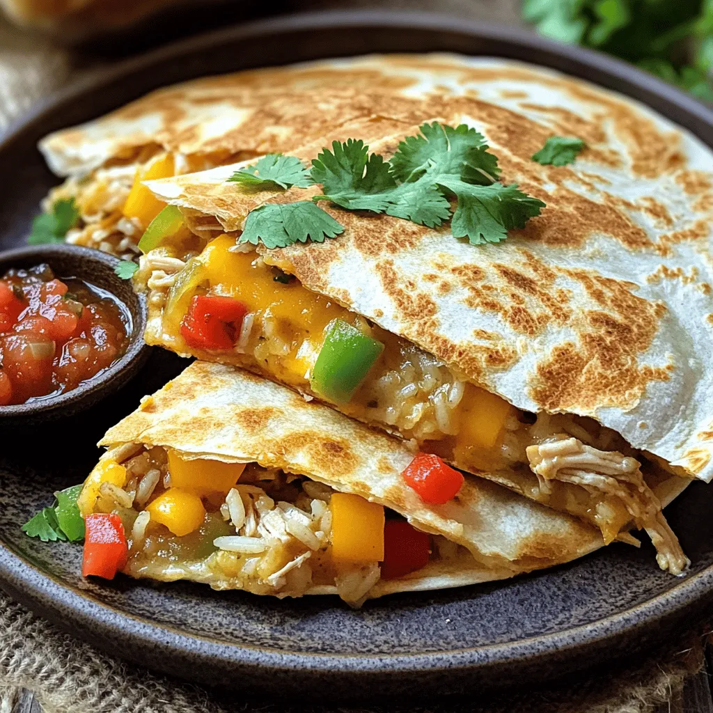 - 2 cups cooked chicken, shredded - 1 cup cooked rice (white or brown) - 1 cup bell pepper, diced - 1 medium onion, diced - 1 cup corn (fresh or frozen) - 1 teaspoon ground cumin - 1 teaspoon chili powder - Salt and black pepper, to taste - 4 large flour tortillas - 2 cups shredded cheese (cheddar or Monterey Jack) - 2 tablespoons olive oil - Fresh cilantro for garnish - Salsa for serving When I prepare Chicken and Rice Skillet Quesadilla, I focus on using fresh, simple ingredients. The cooked chicken and rice form a hearty base. I like to use a mix of colors in my bell peppers. This adds a visual pop and flavor. The onion brings sweetness to the mix, making every bite delicious. For seasoning, I add corn for sweetness and texture. Ground cumin and chili powder give the dish warmth and depth. A pinch of salt and black pepper rounds out the flavors. Tortillas are the perfect vessel. I use large flour tortillas for a soft, chewy bite. The cheese is key; it melts beautifully and holds everything together. I prefer cheddar or Monterey Jack for their rich flavor. This recipe is about balance. The fresh cilantro adds a burst of color and freshness. Pairing with salsa makes every bite even better. For the full recipe, check out the details above. - Heat olive oil in a skillet and sauté onion and bell pepper. - Cook them for about 4-5 minutes until soft. - Add shredded chicken, rice, corn, cumin, chili powder, salt, and pepper. - Mix thoroughly and cook for another 2-3 minutes to heat through. - Lay cheese on half of a tortilla. - Spoon the chicken and rice mixture onto the cheese. - Add more cheese on top for that gooey goodness. - Cook the folded quesadilla until golden brown on both sides. - This takes about 3-4 minutes per side. - Repeat this process with the remaining tortillas and filling. For a full recipe, check the [Full Recipe]. Enjoy making this tasty dish! - Ensure the skillet is hot before adding the ingredients. This helps cook the quesadilla evenly. - Use a spatula for safe flipping. It keeps the quesadilla intact and prevents spills. - Serve with salsa and garnish with cilantro. This adds freshness and color to your plate. - Pair with sour cream or guacamole for extra flavor. These dips complement the quesadilla's richness. - Consider adjusting spice levels based on family preferences. Use less chili powder for milder taste. - Allow children to help assemble for fun meal prep. They can add cheese and spoon the filling. These tips will help you create a delicious Chicken and Rice Skillet Quesadilla that everyone will enjoy. For the full recipe, check out the details provided in the article. {{image_4}} You can change the meat in this quesadilla. Try using beef or shrimp instead of chicken. This adds a new flavor twist. You can also swap brown rice for quinoa. Quinoa adds more protein and a unique texture. Adjust the spice in your quesadilla by changing the cumin and chili powder. More cumin gives a warm flavor, while extra chili powder can add heat. If you like it spicy, add some chopped jalapeños. This will bring a fun kick to your meal. Cheese can change the whole taste of your quesadilla. You can try a blend of different cheeses. Mixing cheeses like mozzarella and pepper jack can create more depth. If you prefer dairy-free options, there are many great vegan cheeses available. They melt well and taste great, too. Feel free to experiment with these variations to make your Chicken and Rice Skillet Quesadilla truly your own. For the complete recipe, check out the [Full Recipe]. Store leftover quesadillas in an airtight container. This keeps them fresh. Consume within 3-4 days for the best taste. You can freeze cooked quesadillas for up to 2 months. Just wrap them tightly. Reheat directly from frozen in a skillet for a crispy texture. Use a skillet for best results. A microwave is an option, but may not be as good. Make sure the cheese is melted through to keep that great flavor. Yes, prepare filling and assemble quesadillas ahead; just cook them when ready to serve. This can save you time on busy days. You can keep the filling in the fridge for a few days. Just make sure to warm it up before putting it in the tortillas. Serve with fresh salads, chips and salsa, or a light soup. A refreshing salad adds crunch and a nice balance. You can also enjoy some guacamole or sour cream on the side. These options enhance the meal and make it more filling. Use whole grain tortillas and opt for reduced-fat cheese. This gives you the same great taste but with more fiber and less fat. Add more vegetables for added nutrition. Spinach, zucchini, or mushrooms can boost the health factor. You might not even notice the difference in taste! Absolutely! These quesadillas reheat well and are perfect for weekly meal prep. You can make a big batch and store them in the fridge or freezer. Just reheat in a skillet or microwave when you're ready to eat. This makes life so much easier during the week. This blog post shared a simple recipe for chicken and rice quesadillas. You learned about the ingredients, easy steps to make them, and tips for serving. Variations allow you to customize your quesadillas to your taste. Plus, storage info helps keep your leftovers fresh. In the end, these quesadillas are not just tasty but also fun for the whole family. Enjoy making and sharing this dish while getting creative with flavors!