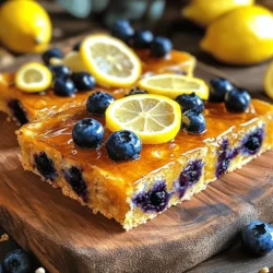 To make these delicious bars, you need simple and fresh ingredients. Here’s what you'll need: - 1 cup rolled oats - 1 cup almond flour - 1/4 cup honey or maple syrup - 1/3 cup melted coconut oil - 1/2 teaspoon baking powder - 1/4 teaspoon salt - Zest of 1 lemon - 2 tablespoons fresh lemon juice - 1 cup fresh blueberries - 1/4 teaspoon vanilla extract These ingredients work together to create a tasty and healthy snack. You can easily swap out some ingredients if needed. Here are a few ideas: - Rolled oats: Try quick oats or gluten-free oats if you prefer. - Almond flour: Use all-purpose flour or coconut flour for a different flavor. - Honey or maple syrup: Agave syrup or brown sugar can work too. - Coconut oil: You can replace it with butter or vegetable oil. - Fresh blueberries: Dried blueberries or other berries can be used. These swaps maintain the flavor while catering to your dietary needs. Each ingredient adds unique health benefits: - Rolled oats: Great for fiber and energy, they keep you full longer. - Almond flour: This flour is rich in protein and healthy fats. - Honey or maple syrup: They provide natural sweetness and antioxidants. - Coconut oil: Offers healthy fats and can boost your metabolism. - Baking powder: Helps the bars rise and gives them a nice texture. - Salt: Balances flavors and enhances sweetness. - Lemon zest and juice: Adds vitamin C and bright flavor. - Blueberries: Packed with vitamins and antioxidants, they support heart health. - Vanilla extract: Adds a warm flavor and can boost mood. These ingredients not only taste good but also help keep you healthy. You can find the Full Recipe in the main article to make these bars yourself! Start by preheating your oven to 350°F (175°C). Grab an 8x8 inch baking dish. Line it with parchment paper. Leave some paper hanging over the sides. This makes it easy to lift out your bars later. In a large bowl, mix the dry ingredients. Combine 1 cup of rolled oats, 1 cup of almond flour, 1/2 teaspoon of baking powder, and 1/4 teaspoon of salt. Stir well until all dry items blend together. In another bowl, whisk the wet ingredients. Mix 1/4 cup of honey (or maple syrup), 1/3 cup of melted coconut oil, zest of 1 lemon, juice of 2 tablespoons of lemon, and 1/4 teaspoon of vanilla extract. Mix until smooth. Pour the wet mix into the dry bowl. Stir gently until just combined. Next, carefully fold in 1 cup of fresh blueberries. Be gentle to keep the blueberries whole. Spoon this mixture into your prepared baking dish. Press it down evenly with a spoon or your hands. Ensure it is firm. Now, bake for 20-25 minutes. Look for golden edges. A toothpick should come out clean when inserted in the center. Once baked, let it cool in the pan for about 10 minutes. Use the parchment paper to lift the bars out. Place them on a wire rack to cool completely before slicing. Follow the Full Recipe for precise details. To make great lemon blueberry breakfast bars, mixing is key. Start with dry ingredients. Combine oats, almond flour, baking powder, and salt in a large bowl. Stir them well until mixed. Next, whisk the wet ingredients in a separate bowl. Use fresh lemon juice and zest for the best flavor. When mixing wet and dry, pour the wet into the dry. Stir gently. Over-mixing can make the bars tough. For a soft and chewy texture, use the right ratio of wet to dry. The melted coconut oil adds moisture. Honey or maple syrup provides sweetness and helps bind. Don’t skip the folding of blueberries; they should stay whole. This gives bursts of flavor. Press the mixture firmly into the baking dish. This step helps the bars hold together after baking. One common mistake is over-baking. Keep an eye on the bars; they need just 20-25 minutes. If you see golden edges and a clean toothpick, they’re done. Another mistake is using too many blueberries. Stick to 1 cup to avoid excess moisture. Lastly, don’t forget to cool the bars completely before slicing. This ensures neat, clean cuts. Follow these tips, and you will have delicious lemon blueberry breakfast bars! {{image_4}} You can make your Lemon Blueberry Breakfast Bars even better with add-ins. Consider adding chopped nuts like walnuts or almonds. These add crunch and healthy fats. Seeds like chia or flaxseed also work well. They boost fiber and add more nutrients. You can mix in about 1/2 cup of your favorite add-in. Just remember to keep the balance with blueberries. If you want less sugar, use different sweeteners. Coconut sugar or agave syrup are great options. They have a lower glycemic index than honey or maple syrup. You can also try stevia or monk fruit for a no-calorie choice. Just adjust the quantity based on how sweet you want your bars. Taste the mix before baking to find the right level. For a gluten-free version, use certified gluten-free oats. Almond flour is a great choice too. You can also swap almond flour for coconut flour if you want a different flavor. Just remember, coconut flour absorbs more liquid. So, you may need to adjust the amount of liquid in your recipe. This way, you keep the bars soft and moist. Using these simple swaps makes the recipe friendly for everyone. For the full recipe, check out the Lemon Blueberry Breakfast Bars 🫐 section. Enjoy your cooking! After you bake your Lemon Blueberry Breakfast Bars, let them cool completely. Once cooled, store the bars in an airtight container. Keep them at room temperature for up to three days. If you want to keep them fresh longer, place them in the fridge. They can last up to a week that way. To freeze the bars, cut them into squares first. Wrap each bar tightly in plastic wrap. Then, place them in a freezer bag or container. They will stay fresh for up to three months in the freezer. When you want to enjoy a bar, simply thaw it in the fridge overnight or at room temperature for a few hours. Lemon Blueberry Breakfast Bars can last about a week in the fridge. Signs of spoilage include a change in color or a sour smell. If you notice any mold, it’s best to throw them away. Always check your bars before you eat them to ensure they are safe. Yes, you can use frozen blueberries in this recipe. Just keep in mind that frozen berries may release more juice. This can make the bars a bit moister. To avoid this, do not thaw them before adding. Fold them in gently to prevent breaking. To make these bars vegan, replace honey with maple syrup. This simple swap keeps the sweetness while fitting a vegan diet. Also, ensure that your almond flour is free from animal products. The other ingredients are already vegan-friendly. These bars pair well with many things. You can serve them with yogurt for a creamy contrast. A drizzle of extra honey adds sweetness. Fresh fruit like strawberries or bananas also complements the flavors. For a fun twist, try a scoop of vanilla ice cream for a treat! Lemon blueberry breakfast bars are easy to make and tasty. We covered the key ingredients, their benefits, and substitutions. You learned step-by-step instructions to mix and bake. I shared tips for perfect texture and avoiding common mistakes. We also discussed flavorful variations and how to store leftover bars. In the end, these bars are fun to make and enjoy. They fit many diets and tastes. Now, you have all you need to bake your own delicious batch. Enjoy your tasty breakfast!
