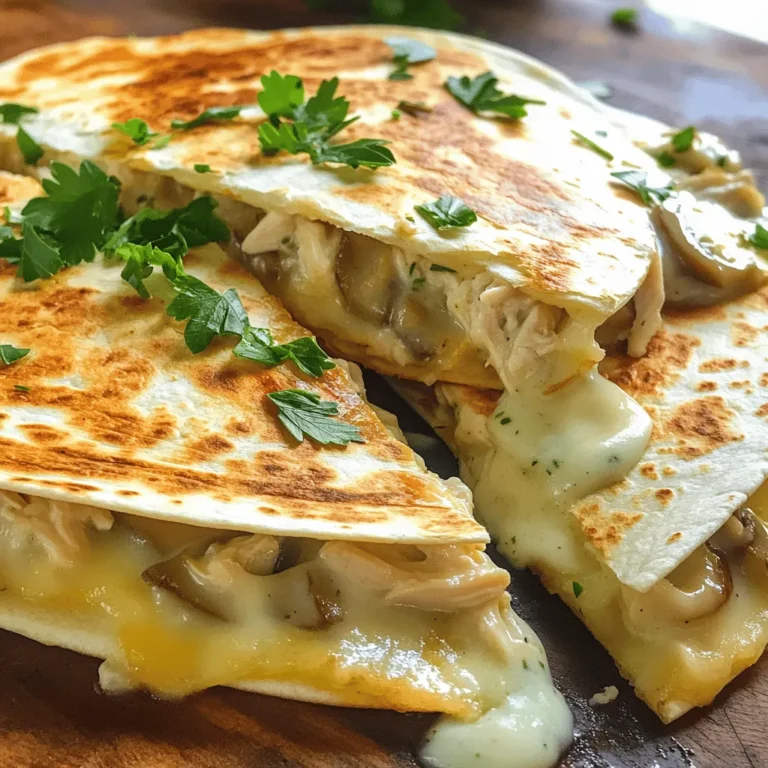 For this tasty dish, you will need: - 2 cups cooked chicken breast, shredded - 1 cup mushrooms, sliced - 1 tablespoon olive oil - 1 teaspoon garlic powder - 1 teaspoon onion powder - 1 cup rich Alfredo sauce - 2 cups shredded mozzarella cheese - 4 large flour tortillas - Fresh parsley, finely chopped (for garnish) - Salt and pepper to taste These ingredients blend together to create a creamy and cheesy flavor. The chicken adds protein, while mushrooms give it a delicious earthiness. The Alfredo sauce ties it all together with rich creaminess. To make your quesadilla even better, consider adding: - Fresh cilantro - Sliced jalapeños - Avocado slices - Sour cream on the side These garnishes can add color and extra flavor. You can mix and match based on what you like best. For a complete meal, serve your quesadilla with: - A side salad with fresh greens - Chips and salsa - Rice or quinoa These sides will complement the quesadilla and round out your meal. Enjoy your cooking and the delicious taste of Chicken and Mushroom Alfredo Quesadilla! For the full recipe, check out the detailed instructions. To start, heat one tablespoon of olive oil in a large skillet over medium heat. Once the oil is hot, add one cup of sliced mushrooms. Sauté the mushrooms for about five minutes. They should become soft and a light golden-brown color. As they cook, sprinkle in one teaspoon of garlic powder, one teaspoon of onion powder, salt, and pepper to taste. This will add great flavor. In a large bowl, combine two cups of shredded cooked chicken and the sautéed mushrooms. Pour in one cup of Alfredo sauce. Gently mix everything together until the chicken and mushrooms are well coated with the creamy sauce. This step makes the filling rich and tasty. Take one large flour tortilla and lay it flat on a clean surface. Sprinkle about a quarter cup of shredded mozzarella cheese on one half of the tortilla. Next, spoon half of the chicken and mushroom mixture over the cheese. Add another quarter cup of mozzarella cheese on top of the filling. Fold the tortilla in half, sealing in all the deliciousness. Carefully place the folded quesadilla into the same skillet used for the mushrooms. Cook it over medium heat for about three to four minutes on each side. You want it to turn a lovely golden brown and the cheese to melt inside. After cooking, remove the quesadilla from the skillet and let it cool for a minute. Slice it into wedges for easy serving. Repeat with the remaining tortillas and filling. Now, you have a tasty Chicken and Mushroom Alfredo Quesadilla ready to enjoy! For the full recipe, check out the details above. To get a nice, crispy quesadilla, use medium heat. This heat cooks the tortilla evenly. Butter or oil adds flavor and helps with crispiness. When cooking, flip the quesadilla carefully. Use a spatula to avoid spills. Cook each side for about 3-4 minutes. This will give you a golden-brown crust. When selecting mushrooms, I recommend cremini or button mushrooms. They both have a mild flavor that blends well with chicken. Make sure they are fresh and firm. Avoid any that are slimy or dark. Clean them gently with a damp cloth to remove dirt. Slice them evenly for even cooking. If you want to switch up the sauce, try these options. You can use a white cheese sauce for a richer taste. A homemade béchamel sauce is another great choice. For a lighter option, blend in Greek yogurt with herbs. This gives a creamy texture without the heaviness. You can find the full recipe for Chicken and Mushroom Alfredo Quesadilla [here](#). {{image_4}} You can add vegetables to your Chicken and Mushroom Alfredo Quesadilla. Spinach, bell peppers, or zucchini work well. They add color, flavor, and nutrition. Simply sauté your chosen veggies with the mushrooms. This way, you keep the cooking process simple and quick. You can swap out chicken for other proteins. Shrimp or turkey can give a fresh taste. If you want vegetarian options, try black beans or tofu. Each choice changes the dish while keeping it delicious. Just be sure to adjust the cooking time as needed. You can enhance the flavor of your quesadilla in many ways. Add spices like cayenne pepper or paprika for heat. Fresh herbs, like basil or cilantro, bring brightness to each bite. Consider using different types of cheese too. A mix of cheddar and mozzarella can add a fun twist. For a tangy touch, try a splash of lemon juice in the filling. For the full recipe, check out the Full Recipe section to get all the details! To keep your leftover quesadillas fresh, let them cool first. Wrap each quesadilla in plastic wrap or foil. Place them in a sealed container. Store them in the fridge for up to three days. This way, they stay tasty and safe to eat. When you’re ready to enjoy your leftover quesadillas, reheat them in a skillet. Heat it on medium for about 3-4 minutes on each side. This method keeps the outside crispy. You can also use a microwave, but the quesadilla may get soft. If you choose this, heat for about 1-2 minutes. Check to ensure they are warm all the way through. Freezing quesadillas is a great option for meal prep. After wrapping them, place the wrapped quesadillas in a freezer bag. Make sure to remove as much air as possible. They can last up to three months in the freezer. To reheat, let them thaw in the fridge overnight. Then, cook them in a skillet until heated through, as mentioned before. This method makes for easy meals anytime you crave Chicken and Mushroom Alfredo Quesadilla. For the full recipe, refer back to the main section. You can use corn tortillas as a great swap. They add a nice flavor. You can also try whole wheat tortillas for a healthier choice. If you want something different, consider using large lettuce leaves for a low-carb option. Each choice brings its own taste and texture to the quesadilla. Yes, you can prepare the filling ahead of time. Just cook the chicken and mushrooms and mix them with the Alfredo sauce. Store this mixture in the fridge for up to two days. When you are ready, assemble and cook your quesadillas. This saves time and makes dinner easy. To make a vegetarian version, simply leave out the chicken. You can add more mushrooms or other veggies like spinach or bell peppers. Use a plant-based Alfredo sauce to keep it creamy. This way, you still get the rich flavor without any meat. Yes, you can make gluten-free quesadillas. Use gluten-free tortillas instead of flour ones. Check the labels to ensure they meet your dietary needs. With this simple change, you can enjoy a delicious meal without gluten. This blog post covered how to make a tasty Chicken and Mushroom Alfredo Quesadilla. We explored the key ingredients, preparation steps, and handy tips for cooking. You can also add your favorite vegetables or proteins for a twist. Remember to store leftovers properly and reheat them right. Experiment with different flavors for a unique dish each time you cook. Enjoy creating this simple yet delicious meal that suits your taste!