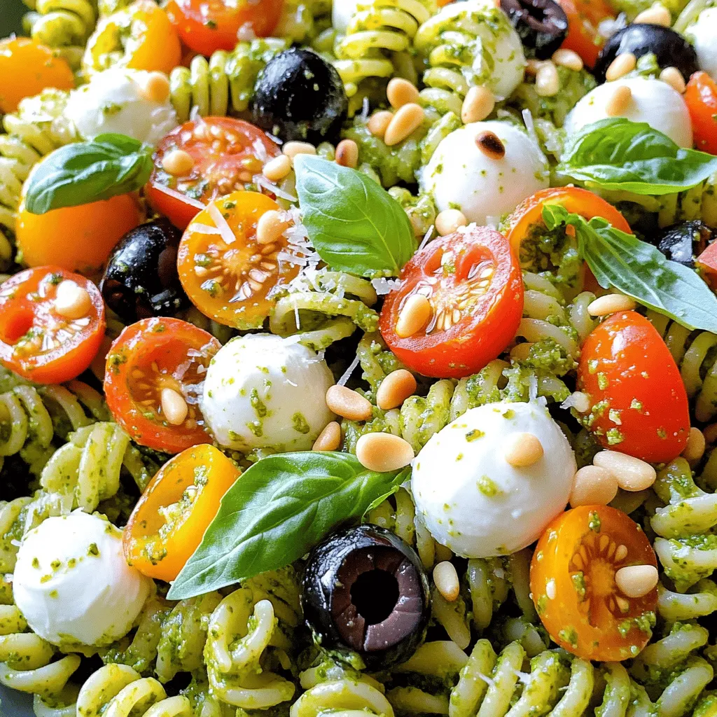 - 12 oz fusilli pasta - 1 cup fresh basil pesto - 1 cup cherry tomatoes, halved - 1 cup mozzarella balls, halved - 1/2 cup black olives, pitted and sliced - 1/4 cup pine nuts, toasted - 1/4 cup grated Parmesan cheese - 2 tablespoons olive oil - Salt and freshly cracked pepper to taste - Fresh basil leaves for garnish Pesto pasta salad shines with its bright flavors and fresh ingredients. The fusilli pasta serves as a great base. It holds onto the pesto well, making each bite tasty. Fresh basil pesto brings a burst of flavor. I often make my own, but store-bought works too. Cherry tomatoes add a sweet and juicy pop. Halved mozzarella balls give a creamy texture. Black olives offer a salty contrast. Pine nuts add a slight crunch, while grated Parmesan gives richness. A drizzle of olive oil ties everything together. Don’t forget to season with salt and pepper! Fresh basil leaves make the dish look vibrant. - Grilled chicken or shrimp - Spinach or arugula - Bell peppers, diced Want to make it heartier? Add grilled chicken or shrimp. They boost protein and flavor. Leafy greens like spinach or arugula add extra nutrients. Diced bell peppers bring color and crunch. - Gluten-free pasta - Vegan pesto or cheese options Looking for alternatives? Use gluten-free pasta for a different option. For a vegan twist, choose vegan pesto or cheese. This way, everyone can enjoy this delightful dish. For the full recipe, check the section above. To cook fusilli pasta al dente, bring a large pot of salted water to a boil. Add the fusilli and stir it well. Cook according to the package instructions, usually about 8 to 10 minutes. The key is to taste it a minute or two before the time is up. You want it firm but not hard. After cooking, drain the pasta in a colander. Rinsing it under cold water stops the cooking. This step helps prevent mushy pasta. Rinse until the pasta feels cool to the touch. Then, set the cooled pasta aside in a large mixing bowl. To mix the pesto with pasta, add the fresh basil pesto to your bowl of cooled fusilli. Use a spatula or tongs to toss the pasta gently. Make sure each piece gets a nice coat of the vibrant pesto. Next, it’s time to add the fun stuff! Incorporate halved cherry tomatoes, mozzarella balls, sliced black olives, and toasted pine nuts. These mix-ins add a tasty burst of flavor and texture to your salad. The balance of creamy cheese and fresh veggies makes each bite exciting. Now, let’s dress the salad. Drizzle the olive oil over the entire mixture. Carefully toss everything together. You want to ensure that all ingredients mix well and the olive oil coats everything evenly. Taste the salad. Season it with salt and freshly cracked pepper. Adjust the seasoning to your liking for a perfect blend of flavors. Finish by sprinkling grated Parmesan cheese over the top. Give it one last gentle toss to mix the cheese without breaking the mozzarella. Let the salad rest at room temperature for about 15 minutes. This time allows the flavors to meld beautifully. Serve the pasta salad chilled or at room temperature, and don’t forget to garnish each serving with fresh basil leaves for that final touch of color. For the full recipe, check out the detailed steps above! Using homemade pesto can really boost the taste. It tends to be fresher and richer than store-bought options. If you have time, try making your own. Blend fresh basil, garlic, pine nuts, Parmesan, and olive oil for a vibrant mix. To season your pasta salad right, taste as you go. Start with salt and pepper. Add a little at a time. This way, you can find the perfect balance for your dish. For serving ideas, think outside the bowl. You can use a large platter instead of a bowl. It makes the salad look more inviting. Layer the ingredients for a colorful effect. Garnishing adds flair. Use fresh herbs like basil or parsley. Edible flowers can also make your dish pop. They add color and a fun touch, perfect for summer meals. To save time, prep ingredients ahead. You can chop vegetables or make pesto a day before. This cuts down on cooking time. For quick pesto, use a food processor. It blends ingredients fast. You can also buy pre-made pesto if you’re short on time. Just remember to taste it before adding, as it may need some seasoning. For the full recipe, check the details above. {{image_4}} You can adapt pesto pasta salad to fit your diet. If you are vegetarian, try adding beans or tofu. These options boost protein and add nice texture. For non-vegetarians, grilled chicken or shrimp works well too. Both options add flavor and heartiness to the dish. You can easily customize protein to match your taste and dietary needs. Adding seasonal veggies makes your pasta salad fresh and vibrant. In summer, use ripe cherry tomatoes, zucchini, or bell peppers for crunch. In winter, consider roasted butternut squash or Brussels sprouts. These vegetables change the flavor and keep your salad exciting throughout the year. Using local produce also supports farmers and reduces your carbon footprint. While pesto is the star, you can mix things up with other dressings. A simple vinaigrette can brighten the dish. For a creamy twist, blend some sour cream or Greek yogurt into your pesto. This will give your salad a rich, smooth texture. Experiment with different dressings to find your perfect match. You can find the full recipe [here](#). To keep your pesto pasta salad fresh, use airtight containers. Glass containers work great since they do not absorb odors. Plastic containers are fine too, as long as they're airtight. After you place the salad in the container, seal it tightly. Store the salad in the fridge right after serving. This keeps it cool and safe. Avoid leaving it out for too long. Pesto pasta salad lasts about three to four days in the fridge. After that, the quality may drop. Look for signs of spoilage like an off smell or mold. If the salad looks slimy or discolored, it's best to toss it. You can freeze pesto pasta salad, but it's not ideal. Freezing changes the texture of the pasta and veggies. If you do freeze it, use it within a month for the best taste. When serving leftovers, let them thaw in the fridge overnight. Then, you can enjoy it cold or at room temperature. If it seems dry, add a little olive oil or fresh pesto to bring back the flavor. For the complete recipe, check out the Full Recipe. For pesto pasta salad, I recommend using fusilli, rotini, or penne. These pasta shapes hold the sauce well. Fusilli's twists and turns grab the pesto nicely. Rotini is also great for this. Penne gives a nice bite and texture. Choose any of these for a tasty salad. Yes, you can make pesto pasta salad ahead of time. I suggest making it a few hours before. This allows the flavors to blend well. Store it in the fridge in an airtight container. It will last for up to three days. If you make it too early, the pasta may soak up the sauce. Just add more pesto before serving. To make this dish gluten-free, use gluten-free pasta. Many brands now offer great options. Look for rice, quinoa, or chickpea pasta. These will work well in this recipe. You can also check for gluten-free pesto. Many store-bought options are now gluten-free. Always read labels to be sure. Pesto pasta salad pairs well with grilled chicken or shrimp. It also goes nicely with a fresh green salad. You can add some crusty bread for a complete meal. This dish is perfect for picnics or barbecues too. It’s light yet filling, making it a great choice for summer. For more ideas, check the full recipe for fun pairings! In this article, we explored how to make a delicious pesto pasta salad. The key ingredients include fusilli pasta, fresh basil pesto, cherry tomatoes, and mozzarella. You learned how to cook pasta and mix in tasty add-ins. We covered tips for flavor and presentation, along with storage info for leftovers. Enjoy your pasta salad, and don’t hesitate to get creative with your variations! It's a fun dish that you can share with friends and family.