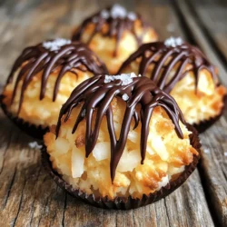 - 3 cups shredded unsweetened coconut - 2/3 cup sweetened condensed milk - 2 large egg whites - 1/4 teaspoon almond extract - 1 cup dark chocolate chips (for drizzling) - Baking sheet - Parchment paper - Mixing bowls and utensils Coconut macaroons are simple yet delicious. The main ingredients create a chewy, sweet treat. Shredded coconut gives texture, while sweetened condensed milk adds rich flavor. Egg whites bind everything together, making the macaroons light. You can add almond extract for a hint of nuttiness. It brightens the flavor without overpowering it. Drizzling melted dark chocolate on top makes these treats even more special. The chocolate adds a nice contrast to the sweet coconut. For equipment, you'll need a baking sheet lined with parchment paper. This helps prevent sticking and makes cleanup easy. Mixing bowls and utensils for combining the ingredients are essential too. I love how easy it is to make these macaroons. The ingredients are simple, and the process is quick. Plus, you can customize them to your taste. Check out the Full Recipe for all the steps to create these delightful desserts! - Preheat oven to 325°F (160°C). - Prepare baking sheet with parchment paper. Start by setting your oven. This helps the macaroons bake evenly. Parchment paper makes it easy to lift them off later. - Combine shredded coconut, sweetened condensed milk, vanilla extract, and sea salt. In a large bowl, mix the shredded coconut with sweetened condensed milk. Add vanilla extract and sea salt. Stir until the coconut is fully coated. This mix is sweet and rich! - Whip egg whites until stiff peaks form. - Gently fold egg whites into coconut mixture. Now, take another bowl for the egg whites. Use an electric mixer to whip them until they form stiff peaks. This means they hold their shape when you lift the beaters. Gently fold the whipped egg whites into the coconut mix. Use a rubber spatula and be careful not to deflate the egg whites. This keeps your macaroons light and airy. For the full recipe, check out the details above. Enjoy making these delightful treats! To get the best texture in your macaroons, focus on the egg whites. Whip them until they form stiff peaks. This adds air and lightness. Mix the coconut and other ingredients gently. Overmixing can make them dense, so fold carefully. Common pitfalls include not whipping the egg whites enough or baking too long. If the macaroons are flat, your egg whites may not be whipped enough. Bake until the edges are golden brown, but keep an eye on them. Melting chocolate can be tricky, but I have some tips! Use the microwave in 30-second intervals. Stir between each round for smooth melting. A double boiler works well too. Heat water gently and place a bowl on top. For drizzling, use a fork or a piping bag. You can create fun designs, like zigzags or swirls. Try different shapes for each macaroon to make them look fancy! To present your macaroons, use a decorative platter or cake stand. Stack them high for a stunning look. Add some shredded coconut or chopped nuts around them for extra flair. Pair your macaroons with a warm drink like coffee or tea. They also go well with cold beverages like milk or coconut water. Enjoy them at parties or as a special treat at home. For the full recipe, check out the Coconut Bliss Macaroons! {{image_4}} You can make coconut macaroons even more fun. Try adding peanut butter for a twist. Just mix in 1/2 cup of creamy peanut butter to the coconut mix. This adds a rich flavor that pairs well with coconut. Another great option is citrus-infused macaroons. Add the zest of one lemon or orange to the mixture. This gives a fresh, zesty kick that brightens each bite. It’s a great way to switch things up! Many people love coconut macaroons, even with special diets. For gluten-free options, you’re in luck! This recipe is naturally gluten-free. Just ensure your coconut is certified gluten-free to be safe. If you want vegan macaroons, replace egg whites. Use aquafaba, the liquid from canned chickpeas. Use 1/4 cup of aquafaba per egg white. Whip it up as you would the egg whites for a fluffy texture. Toppings can change the look and taste of your macaroons. Drizzling white chocolate adds sweetness and a lovely shine. Just melt some white chocolate and drizzle it over the cooled macaroons. You can also use sprinkles or chopped nuts for a fun touch. Add some colorful sprinkles for a party vibe. Chopped nuts like almonds or pistachios add crunch and flavor. Mix and match your toppings for unique treats! For the full recipe, check out Coconut Bliss Macaroons 🥥. Store your coconut macaroons at room temperature for the best taste. Keep them in an airtight container. This helps keep them soft and fresh. If you want to store them longer, put them in the fridge. The cold helps them last, but it may change their texture a bit. Coconut macaroons can last about a week at room temperature. If you store them in the fridge, they can last for two weeks. For longer storage, consider freezing them. To freeze, wrap each macaroon well in plastic wrap. Put them in a freezer bag or container. They can stay fresh in the freezer for about three months. If your macaroons become stale, don’t worry. You can bring them back to life! Preheat your oven to 300°F (150°C). Place the macaroons on a baking sheet for about 5-10 minutes. This warms them up and softens them. Enjoy your delicious treat again! What is the significance of "74" in this recipe? The "74" in this recipe marks a special selection of macaroons. It highlights a classic dessert that many love. The number signifies the recipe's spot in a collection. Each number holds a unique recipe, making it easy to find your favorite. Can I make coconut macaroons without egg whites? You can, but the texture will change. Egg whites give macaroons their light and airy feel. If you skip them, use a substitute like aquafaba, which is the liquid from chickpeas. It works well to bind the ingredients. How can I tell when my macaroons are done? Look for golden edges and a firm center. The tops should not be wet or sticky. If they appear golden brown, they are likely ready. Keep an eye on them during the last few minutes of baking to avoid burning. Can I use different types of coconut? Yes, you can! Shredded coconut is best for texture. However, you can also use flaked coconut for a chewier bite. Sweetened coconut adds extra sweetness, while unsweetened coconut offers a more balanced flavor. Choose what suits your taste. Can I use sweetened coconut instead of unsweetened? Absolutely! Sweetened coconut will make your macaroons sweeter. Just reduce the amount of condensed milk slightly, so they don’t become too sweet. This way, you balance the flavors well. How to adjust the recipe for smaller batches? To make fewer macaroons, simply halve the ingredients. Use 1.5 cups of coconut and about 1/3 cup of sweetened condensed milk. This change will give you a smaller batch while keeping the same great taste. This blog post covered how to make coconut macaroons. We discussed main and optional ingredients, needed tools, and step-by-step instructions. Tips for perfecting your macaroons and variations for flavor were presented. Storage methods and common questions also helped clarify the baking process. Overall, making these treats is simple and fun. Enjoy experimenting and sharing your delicious results!
