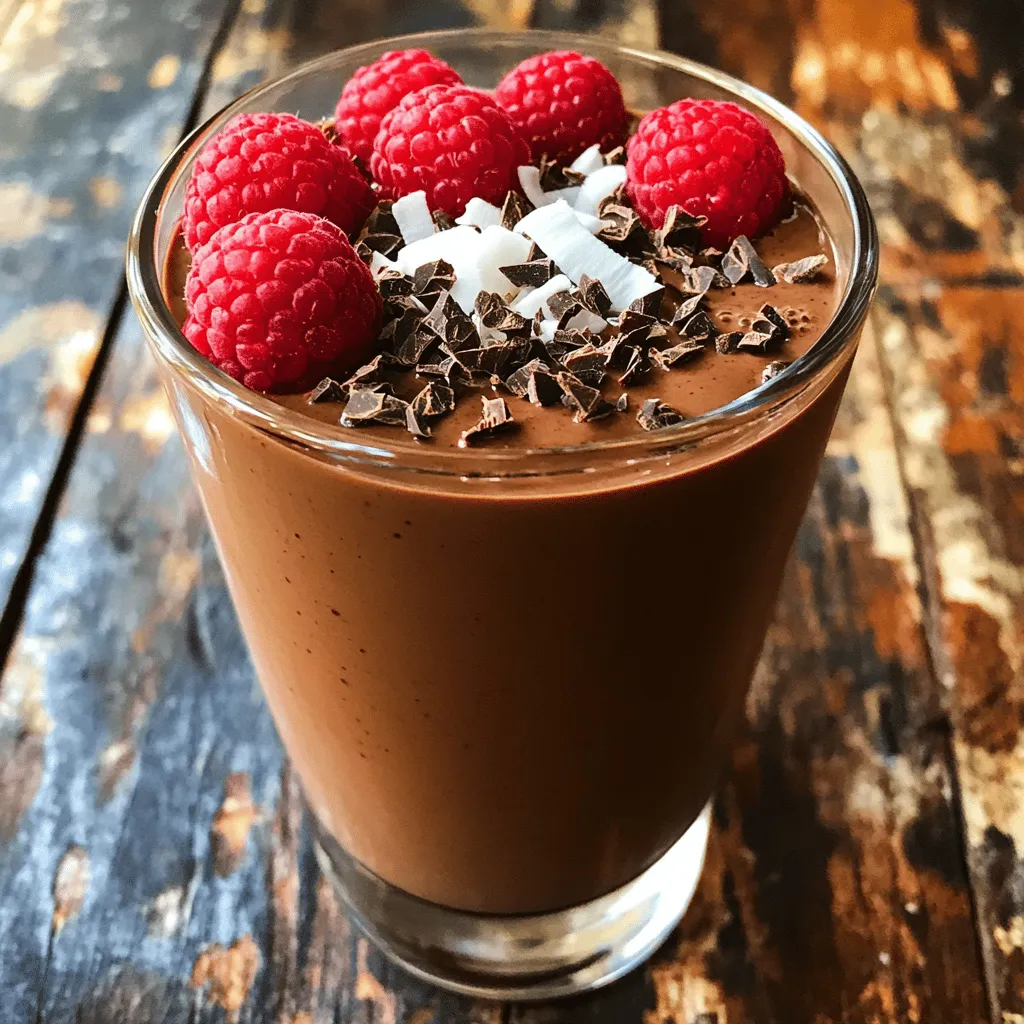 To make a Chocolate Raspberry Smoothie, you need simple, fresh ingredients. Here’s what you will need: - 1 cup fresh or frozen raspberries - 1 medium banana, peeled and frozen - 2 tablespoons unsweetened cocoa powder - 1 cup almond milk (or your preferred milk) - 1 tablespoon honey or maple syrup (sweetness can be adjusted to your taste) - 1 tablespoon chia seeds (optional, for added nutrition and texture) - A pinch of sea salt - Toppings (optional): fresh raspberries, dark chocolate shavings, and coconut flakes These ingredients blend well to create a creamy, delicious drink. Fresh raspberries bring a bright flavor, while the cocoa powder adds rich chocolate notes. The frozen banana makes the smoothie thick and creamy. Almond milk keeps it light, and honey or maple syrup adds just the right sweetness. Chia seeds give a boost of nutrition and can add a fun texture. A dash of sea salt enhances the flavors, making each sip delightful. You can add toppings for a fun twist. Fresh raspberries on top look pretty, while dark chocolate shavings add a touch of elegance. Coconut flakes give a nice crunch. For the full recipe, see the section above. You’ll love how easy it is to whip up this smoothie! To make this smoothie, start by gathering your ingredients. You need: - 1 cup fresh or frozen raspberries - 1 medium banana, peeled and frozen - 2 tablespoons unsweetened cocoa powder - 1 cup almond milk (or your preferred milk) - 1 tablespoon honey or maple syrup - 1 tablespoon chia seeds (optional) - A pinch of sea salt When selecting bananas, look for ones with brown spots. This means they are sweet and perfect for smoothies. For raspberries, choose firm and bright ones. If they are mushy, they may not taste great. Now, it’s blending time! Place the raspberries, frozen banana, cocoa powder, and almond milk into your blender. Next, add the honey or maple syrup, and chia seeds if you like. Don't forget the pinch of sea salt; it helps balance the sweetness. Blend on high speed until it is smooth and creamy. If it seems thick, you can add a little more almond milk. Stop occasionally to scrape down the sides with a spatula. This helps everything mix well. After blending, taste your smoothie. If it’s not sweet enough for you, add a bit more honey or maple syrup. Blend again briefly to mix it in. Pour your smoothie into one or two glasses. For a nice look, top it with fresh raspberries, dark chocolate shavings, or coconut flakes. These little touches make the drink even more special and fun. Now you’re ready to enjoy your Chocolate Raspberry Smoothie! For the full recipe, refer to the earlier section. To make your smoothie truly creamy, use a frozen banana. This adds thickness and a nice chill. You can also blend the mixture longer. This helps integrate all ingredients well. If it feels too thin, add more banana or cocoa powder. Remember, ice can make it watery, so use it sparingly. Taste your smoothie before serving. If it needs more sweetness, add honey or maple syrup. Start with a small amount. You can always add more if needed. For sugar alternatives, try agave or coconut sugar. They offer a nice flavor without being too sweet. Serve this smoothie in a tall glass for a fun look. You can add toppings like fresh raspberries or dark chocolate shavings. They make the drink pretty and tasty. Pair it with a light snack, like nuts or yogurt, for a balanced meal. For a breakfast treat, enjoy it with toast or a muffin. You can find the full recipe for a delicious Chocolate Raspberry Bliss Smoothie above. {{image_4}} You can switch up the flavors in your Chocolate Raspberry Smoothie. Adding other fruits makes it fun and tasty. Try strawberries or blueberries for a fruity twist. These fruits bring their own sweetness and nutrients. You can even mix them together for a berry medley. Another great option is to add nut butter. Peanut butter or almond butter can make your smoothie rich and creamy. Just a tablespoon adds flavor and healthy fats. It also gives protein, making it more filling. You can enjoy this smoothie as a snack or light meal. Want a dairy-free version? No problem! You can easily swap almond milk for oat or coconut milk. These options are just as creamy and delicious. If you want to make it vegan, use maple syrup instead of honey. It’s a great sweetener and keeps everything plant-based. Looking to add more nutrition? Consider superfoods like spinach or kale. They blend well and pack in vitamins without changing the taste much. You can also add a scoop of protein powder for an extra boost. Chia seeds are another fantastic addition. They are small but mighty! They add fiber, omega-3 fatty acids, and protein. Plus, they help thicken the smoothie. Just one tablespoon can make a big difference in your drink. For the full recipe, check out the Chocolate Raspberry Bliss Smoothie . It’s a delightful drink that’s easy to customize! To store your Chocolate Raspberry Smoothie, use an airtight container. This keeps it fresh. You can store it in the fridge for up to 24 hours. If you want to keep it longer, freeze it. Pour the smoothie into ice cube trays or freezer-safe bags. This way, you’ll have smoothie portions ready for later. Remember, it’s best to consume smoothies fresh. But if you have leftovers, this method works well. You can blend your smoothie again, but it won’t taste the same. If it’s frozen, let it thaw for a bit. Then, pop it back in the blender. Blend until smooth, adding a splash of milk if needed. This helps revive the creaminess. Enjoy your smoothie cold, as heating it changes the texture and flavor. For best results, drink it fresh or use your frozen portions quickly. I often choose almond milk for this smoothie. It has a mild flavor that blends well. Almond milk is also lower in calories than regular milk. It’s a great option if you want a lighter drink. Regular milk provides creaminess and protein, but it’s higher in calories. Plant-based milk, like almond or oat, offers some perks: - Fewer calories - Lactose-free - Often enriched with vitamins Choosing milk depends on your taste and needs. Both options work well in this recipe. Yes, you can make this smoothie ahead of time! It’s perfect for meal prep. Just blend the ingredients and store it in the fridge. I suggest drinking it within a day for the best taste. If you want to keep it longer, freeze the smoothie in an airtight container. You can thaw it in the fridge overnight. When ready to drink, blend it again for a smooth texture. Absolutely! This smoothie is packed with nutrients. Raspberries are rich in fiber and vitamins. They also add a sweet, tart flavor. Bananas provide potassium and energy. Here are some key benefits of the ingredients: - Cocoa powder is full of antioxidants. - Almond milk adds healthy fats without extra calories. - Chia seeds offer omega-3 fatty acids and protein. By choosing fresh ingredients, you can support a healthy diet. This Chocolate Raspberry Smoothie can be a tasty part of your balanced meals. For the complete recipe, check out the Full Recipe section. This blog post provided a simple recipe for a Chocolate Raspberry Smoothie. We covered all key ingredients, including fresh raspberries and cocoa powder. You learned step-by-step instructions on how to blend, serve, and store your smoothie. I shared tips on achieving the perfect texture and adjusting sweetness. You now have options for flavor variations and nutritional boosts. Enjoy trying this tasty treat. It’s healthy and easy to make. With these ideas, you can create a fun, delicious drink anytime.