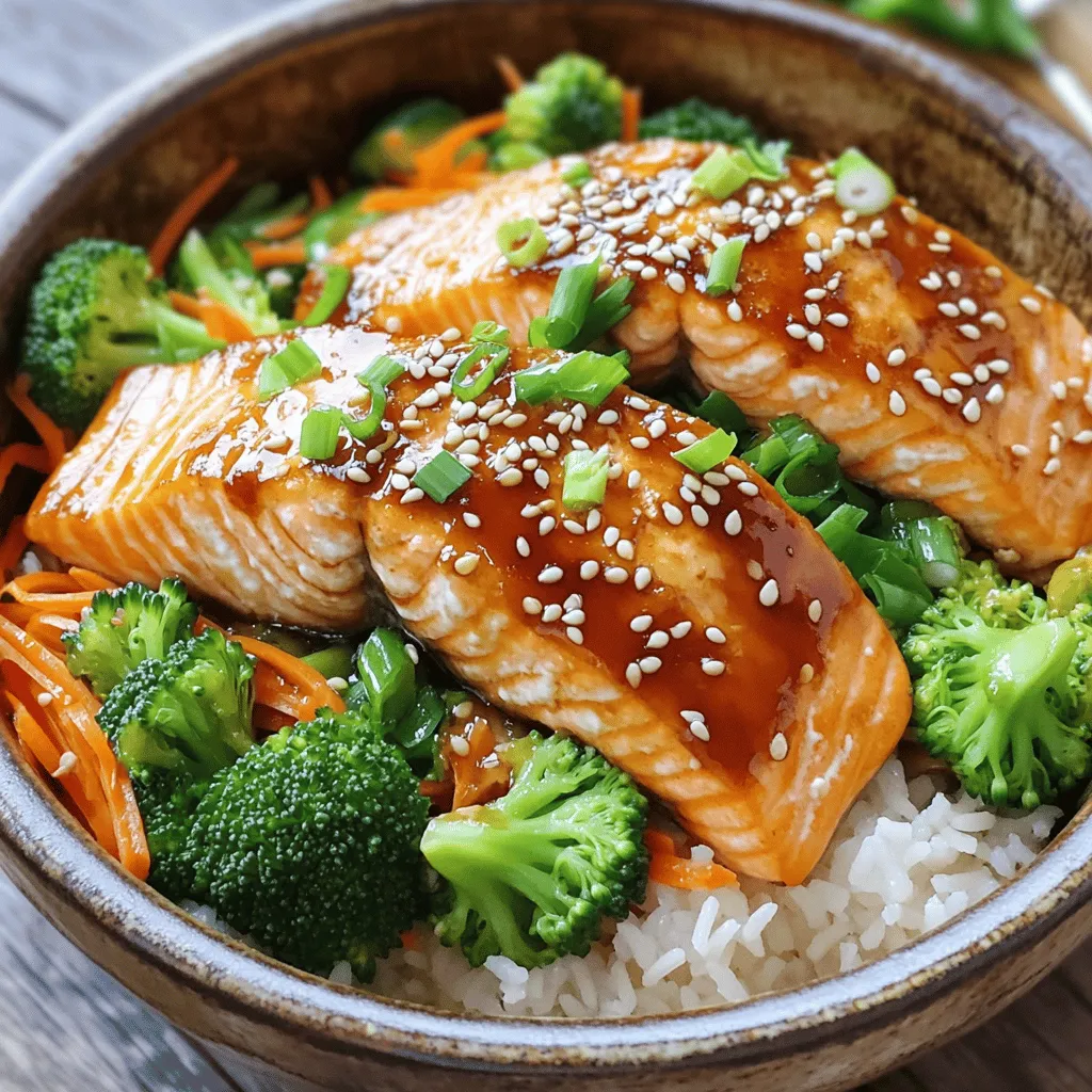 - 2 salmon fillets (approximately 6 oz each) - 1 cup sushi rice - ½ cup teriyaki sauce (homemade or store-bought) - 1 tablespoon vegetable oil - 1 cup broccoli florets, steamed - ½ cup carrots, shredded - Salt and pepper, to taste - Sesame seeds, for garnish - 2 green onions, thinly sliced - Additional vegetables (bell peppers, snap peas, etc.) - Extra teriyaki sauce for serving Creating a teriyaki salmon rice bowl starts with simple, fresh ingredients. Salmon is the star here. I love using fillets that weigh about six ounces each. They cook beautifully and stay moist. Sushi rice brings a nice sticky texture that holds the bowl together. Next, teriyaki sauce is key. You can use store-bought sauce or make your own for a personal touch. I often use a homemade version to control the flavors better. Vegetable oil helps cook the salmon just right. Steamed broccoli adds bright color and crunch. I like to include shredded carrots for a sweet bite. You can also mix in other veggies like bell peppers or snap peas for added nutrition and taste. Don’t forget the seasonings! A little salt and pepper brightens the dish. When you finish, sprinkle sesame seeds and sliced green onions on top. These garnishes add flavor and a nice look to your bowl. For more details, check the full recipe. It will guide you step by step in creating this delightful meal. - Rinse sushi rice until water runs clear. This step is key to fluffy rice. - Cook sushi rice in a saucepan with water. Bring it to a boil, then simmer. - Season and cook salmon fillets in a skillet. Use salt and pepper for flavor. - Add teriyaki sauce and cook until done. Let the sauce glaze the salmon. - Fluff rice and divide into bowls. Make sure each bowl has equal rice. - Top with salmon, broccoli, and carrots. Layering makes the bowl look great. - Drizzle with leftover teriyaki sauce. This adds extra flavor and shine. For the full recipe, check the recipe section above. Enjoy making this tasty dish! To get crispy skin on your salmon, start with dry fillets. Pat them with a paper towel. Next, heat your skillet until it's hot. Add vegetable oil before placing the salmon skin-side down. Cook for 4-5 minutes without moving it. This helps create that perfect crisp. To check for doneness, look for the color change. The salmon should go from bright pink to a pale, opaque color. You can also use a fork to test if it flakes easily. If it does, your salmon is done. For a homemade teriyaki sauce, combine soy sauce, mirin, sugar, and ginger. Simmer this mix until it thickens. This will give your dish a fresh taste. You can adjust the sweetness by adding more sugar or honey. Using fresh ingredients is key. Fresh salmon tastes better than frozen. Fresh veggies add crunch and color, making the bowl appealing. Always aim for fresh, high-quality items for the best flavor. Pair your teriyaki salmon rice bowl with a side of edamame or seaweed salad. These add extra texture and nutrition. You can also serve it with pickled ginger for a zesty kick. For drinks, green tea or a light white wine works well. These options balance the flavors and enhance the meal experience. Enjoy your bowl with a refreshing beverage! {{image_4}} You can swap salmon for chicken or tofu. Both options work great in this dish. Just cook the chicken until it’s no longer pink inside. For tofu, press it to remove water, then marinate it in teriyaki sauce. You can grill shrimp too! They add a nice touch of sweetness and a different texture. Cook shrimp until they turn pink and curl. If you want a vegan version, try marinated tempeh instead of salmon. Tempeh has a nutty flavor. Marinate it in teriyaki sauce for a tasty boost. Be sure to use a vegan teriyaki sauce, as some sauces may contain honey. This keeps the dish plant-based and full of flavor. Want to spice things up? Add sriracha to your teriyaki sauce for a spicy kick. Mix it in before cooking the protein to balance the flavors. You can also try a citrus twist! Adding orange or lime juice gives the sauce a fresh zing. This can brighten up the whole bowl and make it stand out. How long does it last in the fridge? You can store your teriyaki salmon rice bowl in the fridge for up to three days. Make sure to place it in an airtight container. This keeps the flavors fresh and prevents spoilage. Best practices for reheating When you’re ready to eat, reheat the salmon and rice in the microwave. Cover the bowl with a microwave-safe lid or a damp paper towel. Heat it in short bursts, about 30 seconds at a time, until warm. This helps keep the salmon juicy and the rice fluffy. Freezing salmon and rice You can freeze the cooked salmon and rice for up to two months. Let them cool completely before putting them in freezer bags. Squeeze out as much air as possible to prevent freezer burn. Reheating after freezing Thaw the salmon and rice overnight in the fridge. Then, reheat them in the microwave or on the stove. Adding a splash of water can help steam the rice back to life. Preparing components in advance You can prepare the rice and salmon ahead of time. Cook the rice and salmon on a Sunday. Store them separately in the fridge. This saves time on busy weeknights. How to assemble quickly during the week During the week, simply reheat the rice and salmon. Add steamed broccoli and shredded carrots for a quick meal. Drizzle with teriyaki sauce, and you’re ready to enjoy! Teriyaki sauce is a sweet and savory sauce. It usually has four key ingredients: - Soy sauce - Mirin or sake - Sugar or honey - Ginger and garlic These ingredients blend to create a rich and tasty sauce. You can use store-bought teriyaki sauce or make your own. Homemade sauce lets you control the flavors. Yes, you can use regular rice. However, sushi rice has unique traits. - Texture: Sushi rice is sticky and holds together well. - Taste: It has a subtle sweetness and pairs nicely with savory dishes. Regular rice may not stick as well. This can affect the bowl's overall look and feel. If you must use regular rice, choose short-grain rice for better results. The basic recipe can be made gluten-free. To do this, use gluten-free soy sauce. Many brands offer this option now. Make sure to check labels on teriyaki sauce as well. Some sauces contain wheat. Checking if salmon is done is simple. Look for these signs: - The color should change from bright pink to opaque. - Use a fork to gently flake the fish. It should break apart easily. - A food thermometer can help. Aim for an internal temperature of 145°F. If you see these signs, your salmon is ready to enjoy. For detailed steps, check out the full recipe for the Teriyaki Salmon Rice Bowl. It guides you through every part of this tasty dish. This blog post detailed how to create a tasty teriyaki salmon bowl. You learned about the key ingredients, like salmon and sushi rice, along with optional ones to customize your dish. We covered step-by-step instructions, tips for perfect cooking, and tasty variations. In my view, this dish is simple yet offers great flavor. With some practice, you'll impress friends and family. Enjoy exploring different tastes and making this bowl your own!