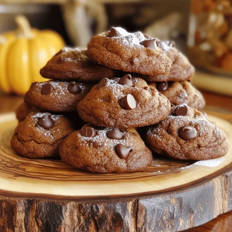 To make these brownie batter pumpkin cookies, gather the following ingredients: - 1 cup pumpkin puree - 1/2 cup unsweetened cocoa powder - 1 cup packed light brown sugar - 1/2 cup granulated sugar - 1/2 cup unsalted butter, melted and slightly cooled - 1 large egg, at room temperature - 1 teaspoon pure vanilla extract - 1 1/2 cups all-purpose flour - 1 teaspoon baking soda - 1/2 teaspoon baking powder - 1/2 teaspoon ground cinnamon - 1/2 teaspoon ground nutmeg - 1/4 teaspoon salt - 1 cup semi-sweet chocolate chips These ingredients create a soft and chewy cookie with rich flavor. You can make this recipe even more fun with simple swaps: - Pumpkin puree: Use sweet potato puree for a different taste. - Butter: Coconut oil works well if you want a dairy-free option. - Sugars: Substitute brown sugar with coconut sugar for a healthier choice. - Flour: Use gluten-free flour if you prefer a gluten-free cookie. These swaps keep the cookies tasty while meeting your needs. Want to customize your brownie batter pumpkin cookies? Here are some fun add-ins: - Nuts: Walnuts or pecans add crunch and flavor. - Spices: A pinch of ginger or cloves can spice things up. - Chocolate: Try using dark chocolate chips for a richer taste. - Dried fruit: Raisins or cranberries add a sweet twist. Feel free to mix in any or all of these options to make your cookies unique. To make brownie batter pumpkin cookies, first prepare your oven. Preheat it to 350°F (175°C). Next, grab a baking sheet and line it with parchment paper. This keeps the cookies from sticking. In a large bowl, combine the pumpkin puree, melted butter, brown sugar, and granulated sugar. Use a whisk to mix these until smooth. This step helps blend the flavors well. Now, crack the egg into the bowl and add the vanilla extract. Mix until the egg is fully blended. In another bowl, whisk together the all-purpose flour, cocoa powder, baking soda, baking powder, ground cinnamon, ground nutmeg, and salt. Whisking ensures even distribution of the dry ingredients. Gradually add this dry mix to the pumpkin mix. Stir gently until just combined. It’s okay if there are a few lumps; don’t overmix. Finally, fold in the chocolate chips. This adds a sweet, melty surprise in every bite. Now it’s time to bake! Using a tablespoon or cookie scoop, drop spoonfuls of the dough onto your prepared baking sheet. Leave about 2 inches between each cookie. This space helps them spread nicely while baking. Bake in your preheated oven for 12-15 minutes. You’ll know they are done when the edges set and the tops crack slightly. Keep an eye on them; ovens can vary. Once baked, allow the cookies to cool on the baking sheet for about 5 minutes. This lets them firm up a bit. Then, transfer them to a wire rack to cool completely. For a lovely finish, stack the cookies on a decorative platter. You can lightly dust them with powdered sugar for extra flair. For an indulgent treat, serve warm cookies with vanilla ice cream. For the full recipe, check out the details above. Enjoy your delightful brownie batter pumpkin cookies! Baking cookies can be fun, but some mistakes can spoil your batch. Here are a few to watch for: - Measuring Flour Incorrectly: Use a spoon to scoop flour into the measuring cup. Don’t pack it down, or your cookies may turn out dense. - Overmixing the Dough: Mix just until the ingredients come together. Overmixing can lead to tough cookies. - Skipping the Parchment Paper: Always line your baking sheet. This helps cookies bake evenly and makes cleanup easier. To get that soft and chewy texture, follow these tips: - Use Room Temperature Ingredients: Make sure your egg and butter are at room temperature. This helps the dough mix better. - Chill the Dough: If you want thicker cookies, chill the dough for 30 minutes before baking. This helps them hold their shape. - Watch the Baking Time: Bake just until the edges are set. They will continue to cook as they cool. Boosting the flavors in your brownie batter pumpkin cookies is easy. Consider these options: - Add a Pinch of Sea Salt: A touch of salt enhances the sweetness and deepens the flavors. - Mix in Spices: Try adding ginger or cloves for a warm, spicy kick. - Use High-Quality Chocolate Chips: The better the chocolate, the richer your cookies will taste. For the complete process, don’t forget to check the Full Recipe. {{image_4}} You can change the flavor of your brownie batter pumpkin cookies easily. Here are some fun add-ins you can try: - Nuts: Add chopped walnuts or pecans for a crunchy bite. - Dried fruit: Mix in dried cranberries or raisins for a touch of sweetness. - Candy: Try mini candy bars or chocolate chunks for extra treats. - Spices: Add a pinch of cardamom or ginger for a warm, spicy kick. These options can make each batch unique and tasty! Fall is the perfect time to get creative with flavors. Here are some ideas to spice up your cookies: - Maple syrup: Swap some sugar for maple syrup for a sweet twist. - Apple: Add diced apples or apple pie spice for a fruity touch. - Peppermint: In winter, try peppermint extract for a holiday flavor. - Chai spices: Mix in chai spices for a cozy, aromatic cookie. These ideas will keep your cookies seasonal and fun. If you need a gluten-free treat, you can still enjoy these cookies! Here’s how to adjust the recipe: - Flour: Use a gluten-free all-purpose flour blend instead of regular flour. - Baking powder: Ensure your baking powder is labeled gluten-free. - Chocolate chips: Choose gluten-free chocolate chips to complete the mix. These changes let everyone savor the delicious brownie batter pumpkin cookies. For the full recipe, check out the main article! To keep your brownie batter pumpkin cookies fresh, place them in an airtight container. This helps lock in moisture and flavor. I recommend layering parchment paper between cookies to prevent sticking. Store them at room temperature for up to five days. If you want to keep them longer, freezing is a great option. Freezing cookies is easy and a smart way to save them for later. First, let the cookies cool completely. Then, place them in a single layer on a baking sheet. Freeze for about an hour until firm. After that, transfer the cookies to a freezer-safe bag or container. Be sure to label it with the date. Frozen cookies can last up to three months. When you’re ready to enjoy them, thaw at room temperature or warm them in the oven. These delicious cookies can stay fresh for about five days at room temperature. After that, they may start to lose their soft, chewy texture. For the best taste, eat them within the first few days. If you freeze them, they will taste just as good when thawed. Always check for any signs of spoilage before eating, especially with homemade treats. Enjoy your brownie batter pumpkin cookies at their best! To make your cookies more chewy, use more brown sugar. Brown sugar adds moisture and a soft texture. You can also try adding an extra egg yolk to the mix. This adds fat, which gives cookies a richer, chewier bite. Lastly, bake them for a shorter time. Remove them from the oven when the edges are set but the center is still soft. This helps keep them chewy. Yes, you can use canned pumpkin puree. It saves time and is very convenient. Just make sure to pick a brand that uses 100% pumpkin. Avoid pumpkin pie filling, as it has added sugar and spices. Canned pumpkin has a rich flavor and works well in this recipe. It keeps the cookies moist and tasty. To reheat leftover cookies, use the oven. Preheat it to 350°F (175°C). Place the cookies on a baking sheet. Heat them for about 5 minutes. This warms them through and keeps them soft. You can also use the microwave. Heat them for about 10-15 seconds. Be careful not to overheat, or they will become hard. Enjoy your warm brownie batter pumpkin cookies again! For the full recipe, check the section above. You now know the key steps to make delicious Brownie Batter Pumpkin Cookies. We explored the essential ingredients and substitutions, along with optional add-ins. I provided clear instructions for preparation, baking, and serving. You also learned tips to avoid common mistakes and enhance flavor. Experiment with variations and discover storage tips to keep your cookies fresh. I hope you enjoy baking and sharing these cookies as much as I do. Now, it’s your turn to try this tasty treat!