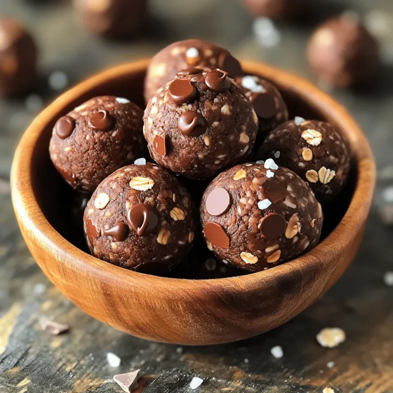 To make No Bake Chocolate Energy Balls, you need: - 1 cup rolled oats - 1/2 cup natural peanut butter (or almond butter for a nutty twist) - 1/3 cup honey or maple syrup (for a touch of sweetness) - 1/4 cup unsweetened cocoa powder (to satisfy your chocolate cravings) - 1/2 cup ground flaxseed (for a healthy fiber boost) - 1/4 cup dark chocolate chips (or cacao nibs for a rich flavor) - 1 teaspoon vanilla extract (to enhance all flavors) - A pinch of sea salt (to balance sweetness) These ingredients come together to create a tasty and healthy snack. Feel free to play around with these optional ingredients: - Coconut flakes for added texture - Chopped nuts for a crunch - Dried fruit like cranberries or raisins for sweetness - Spices like cinnamon or nutmeg for warmth These variations let you customize your energy balls to fit your taste. Using quality ingredients makes a big difference. Fresh oats and natural nut butter add flavor and nutrition. High-quality cocoa powder gives a deep chocolate taste. When you choose good ingredients, your energy balls will taste better and be healthier. Always pick what you can trust and enjoy. For the full recipe, check the section above. To make no-bake chocolate energy balls, first gather your ingredients. You will need rolled oats, peanut butter, honey, cocoa powder, ground flaxseed, dark chocolate chips, vanilla extract, and a pinch of sea salt. 1. In a large mixing bowl, combine all the ingredients. Use a spatula or your hands to mix well. Ensure everything blends together evenly. 2. The mixture should feel moist but hold its shape when pressed. If it is too crumbly, add a little more peanut butter or honey. Mixing can get a bit sticky. To make it easier, use slightly wet hands. This will help you handle the mixture without it sticking too much. - If you want a smoother texture, let the mixture sit for a few minutes after mixing. This can help the oats absorb some moisture. - Always check that all ingredients are well combined. You want every bite to be flavorful and packed with goodness. Once your mixture is ready, it’s time to chill. Cover the bowl with plastic wrap or a kitchen towel. - Place it in the fridge for about 30 minutes. This step helps firm up the mixture, making it easier to roll into balls. - After chilling, scoop out small portions with your hands. Aim for about one tablespoon per ball. Chilling is key to getting the perfect texture for your energy balls. It keeps them from falling apart when you shape them. For the full recipe, check out the details above! Rolling energy balls is easy if you follow some simple tips. First, wet your hands slightly. This step stops the mixture from sticking to your fingers. Scoop out about a tablespoon of the mixture. Gently roll it into a ball shape. Keep the balls about one inch wide. This size makes them easy to eat and share. You can mix up the flavors and textures in your energy balls. Try adding a few ingredients for extra taste. Here are some ideas: - Chopped nuts: Almonds or walnuts add crunch. - Dried fruit: Raisins or cranberries give a sweet touch. - Spices: A pinch of cinnamon or nutmeg can warm up the flavor. - Coconut: Shredded coconut adds chewiness and a tropical hint. Feel free to experiment until you find your favorite combo! When making energy balls, avoid these common mistakes. - Not chilling the mixture: Skipping the chill time makes the balls hard to shape. - Too much liquid: Adding too much honey or nut butter can make the mix too wet. Adjust by adding more oats or flaxseed. - Not mixing well: Make sure all ingredients blend well. This step ensures each ball has even flavor and texture. These tips will help you create tasty, fun, and healthy snacks. You can find the full recipe for these no-bake chocolate energy balls in the article above. Enjoy your cooking! {{image_4}} You can switch nut butters to change the flavor. Try almond butter for a nutty taste. Cashew butter adds creaminess. Sunflower seed butter is a great nut-free option. For sweeteners, honey works well, but maple syrup brings a rich flavor. Agave syrup is also a nice choice if you want something lighter. Feel free to mix in extras to boost taste and health. Chia seeds add crunch and fiber. Dried fruits like cranberries or raisins give sweetness. You can also add coconut flakes for a tropical twist. For protein, consider adding protein powder. Each of these additions changes the energy balls' taste and nutrition. You can make energy balls fit any season. For fall, add pumpkin spice and some pumpkin puree. During winter, mix in peppermint extract for a refreshing twist. You can even roll them in crushed candy canes for a festive touch. In summer, try adding fresh berries or a hint of citrus zest. Each season brings new flavors to enjoy. You can find the full recipe to get started on your delicious snacks! To keep your no-bake chocolate energy balls fresh, store them in an airtight container. Place them in the fridge. They stay good for up to one week. If you want to keep them longer, freezing is a great option. For long-term storage, freeze the energy balls. First, place them in a single layer on a baking sheet. Freeze them for about 1-2 hours. Once solid, store them in a freezer-safe bag. They can last for up to three months. Just remember to label the bag with the date. These energy balls make an easy snack anytime. Grab a few before work or school. They are also great for post-workout fuel. You can serve them with a side of fruit or yogurt. For a fun twist, try pairing them with nuts or seeds. You can find the full recipe for these delightful bites above. No-bake chocolate energy balls can last up to one week in the fridge. Store them in an airtight container to keep them fresh. If you freeze them, they can last for about three months. Just remember to thaw them in the fridge when you want to enjoy a tasty snack. Yes, you can easily swap peanut butter for a nut-free option. Sunflower seed butter works great and has a nice taste. You can also use soy nut butter if you prefer. Both options keep the energy balls creamy and delicious without any nuts. To make these energy balls vegan, replace honey with maple syrup or agave nectar. Both sweeteners add a lovely flavor and sweetness. Use a vegan chocolate option for the chips or cacao nibs to keep everything plant-based. This way, everyone can enjoy these tasty treats! Now you know how to make tasty no-bake chocolate energy balls. We discussed the key ingredients and why quality matters. I shared step-by-step instructions with tips for mixing and chilling. You learned about common mistakes and how to add unique flavors. We also covered storage tips to keep your snacks fresh and delicious. Remember, experimenting with variations can create fun new treats. Enjoy making and sharing these simple energy balls!