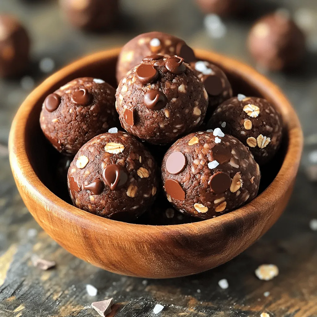 To make No Bake Chocolate Energy Balls, you need: - 1 cup rolled oats - 1/2 cup natural peanut butter (or almond butter for a nutty twist) - 1/3 cup honey or maple syrup (for a touch of sweetness) - 1/4 cup unsweetened cocoa powder (to satisfy your chocolate cravings) - 1/2 cup ground flaxseed (for a healthy fiber boost) - 1/4 cup dark chocolate chips (or cacao nibs for a rich flavor) - 1 teaspoon vanilla extract (to enhance all flavors) - A pinch of sea salt (to balance sweetness) These ingredients come together to create a tasty and healthy snack. Feel free to play around with these optional ingredients: - Coconut flakes for added texture - Chopped nuts for a crunch - Dried fruit like cranberries or raisins for sweetness - Spices like cinnamon or nutmeg for warmth These variations let you customize your energy balls to fit your taste. Using quality ingredients makes a big difference. Fresh oats and natural nut butter add flavor and nutrition. High-quality cocoa powder gives a deep chocolate taste. When you choose good ingredients, your energy balls will taste better and be healthier. Always pick what you can trust and enjoy. For the full recipe, check the section above. To make no-bake chocolate energy balls, first gather your ingredients. You will need rolled oats, peanut butter, honey, cocoa powder, ground flaxseed, dark chocolate chips, vanilla extract, and a pinch of sea salt. 1. In a large mixing bowl, combine all the ingredients. Use a spatula or your hands to mix well. Ensure everything blends together evenly. 2. The mixture should feel moist but hold its shape when pressed. If it is too crumbly, add a little more peanut butter or honey. Mixing can get a bit sticky. To make it easier, use slightly wet hands. This will help you handle the mixture without it sticking too much. - If you want a smoother texture, let the mixture sit for a few minutes after mixing. This can help the oats absorb some moisture. - Always check that all ingredients are well combined. You want every bite to be flavorful and packed with goodness. Once your mixture is ready, it’s time to chill. Cover the bowl with plastic wrap or a kitchen towel. - Place it in the fridge for about 30 minutes. This step helps firm up the mixture, making it easier to roll into balls. - After chilling, scoop out small portions with your hands. Aim for about one tablespoon per ball. Chilling is key to getting the perfect texture for your energy balls. It keeps them from falling apart when you shape them. For the full recipe, check out the details above! Rolling energy balls is easy if you follow some simple tips. First, wet your hands slightly. This step stops the mixture from sticking to your fingers. Scoop out about a tablespoon of the mixture. Gently roll it into a ball shape. Keep the balls about one inch wide. This size makes them easy to eat and share. You can mix up the flavors and textures in your energy balls. Try adding a few ingredients for extra taste. Here are some ideas: - Chopped nuts: Almonds or walnuts add crunch. - Dried fruit: Raisins or cranberries give a sweet touch. - Spices: A pinch of cinnamon or nutmeg can warm up the flavor. - Coconut: Shredded coconut adds chewiness and a tropical hint. Feel free to experiment until you find your favorite combo! When making energy balls, avoid these common mistakes. - Not chilling the mixture: Skipping the chill time makes the balls hard to shape. - Too much liquid: Adding too much honey or nut butter can make the mix too wet. Adjust by adding more oats or flaxseed. - Not mixing well: Make sure all ingredients blend well. This step ensures each ball has even flavor and texture. These tips will help you create tasty, fun, and healthy snacks. You can find the full recipe for these no-bake chocolate energy balls in the article above. Enjoy your cooking! {{image_4}} You can switch nut butters to change the flavor. Try almond butter for a nutty taste. Cashew butter adds creaminess. Sunflower seed butter is a great nut-free option. For sweeteners, honey works well, but maple syrup brings a rich flavor. Agave syrup is also a nice choice if you want something lighter. Feel free to mix in extras to boost taste and health. Chia seeds add crunch and fiber. Dried fruits like cranberries or raisins give sweetness. You can also add coconut flakes for a tropical twist. For protein, consider adding protein powder. Each of these additions changes the energy balls' taste and nutrition. You can make energy balls fit any season. For fall, add pumpkin spice and some pumpkin puree. During winter, mix in peppermint extract for a refreshing twist. You can even roll them in crushed candy canes for a festive touch. In summer, try adding fresh berries or a hint of citrus zest. Each season brings new flavors to enjoy. You can find the full recipe to get started on your delicious snacks! To keep your no-bake chocolate energy balls fresh, store them in an airtight container. Place them in the fridge. They stay good for up to one week. If you want to keep them longer, freezing is a great option. For long-term storage, freeze the energy balls. First, place them in a single layer on a baking sheet. Freeze them for about 1-2 hours. Once solid, store them in a freezer-safe bag. They can last for up to three months. Just remember to label the bag with the date. These energy balls make an easy snack anytime. Grab a few before work or school. They are also great for post-workout fuel. You can serve them with a side of fruit or yogurt. For a fun twist, try pairing them with nuts or seeds. You can find the full recipe for these delightful bites above. No-bake chocolate energy balls can last up to one week in the fridge. Store them in an airtight container to keep them fresh. If you freeze them, they can last for about three months. Just remember to thaw them in the fridge when you want to enjoy a tasty snack. Yes, you can easily swap peanut butter for a nut-free option. Sunflower seed butter works great and has a nice taste. You can also use soy nut butter if you prefer. Both options keep the energy balls creamy and delicious without any nuts. To make these energy balls vegan, replace honey with maple syrup or agave nectar. Both sweeteners add a lovely flavor and sweetness. Use a vegan chocolate option for the chips or cacao nibs to keep everything plant-based. This way, everyone can enjoy these tasty treats! Now you know how to make tasty no-bake chocolate energy balls. We discussed the key ingredients and why quality matters. I shared step-by-step instructions with tips for mixing and chilling. You learned about common mistakes and how to add unique flavors. We also covered storage tips to keep your snacks fresh and delicious. Remember, experimenting with variations can create fun new treats. Enjoy making and sharing these simple energy balls!