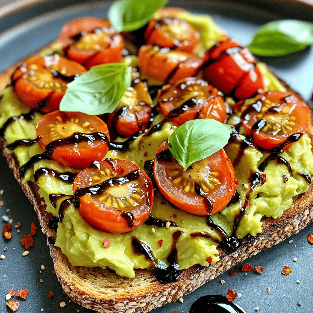 To make flavorful avocado tomato toast, gather these simple ingredients: - 2 ripe avocados - 4 slices of whole grain bread - 1 cup cherry tomatoes, halved - 1 tablespoon olive oil - 1 teaspoon balsamic glaze - 1 teaspoon lemon juice - Salt and freshly cracked black pepper, to taste - Fresh basil leaves for garnish - Optional: Red pepper flakes for heat This toast is not just tasty; it’s also full of good stuff! - Avocados: They provide healthy fats, which are great for your heart. - Tomatoes: These add vitamins C and K. They also have antioxidants. - Whole grain bread: This offers fiber, which helps with digestion and keeps you full. - Olive oil: A good source of healthy fats and can lower bad cholesterol. - Basil: This herb has anti-inflammatory properties and adds flavor without calories. If you don’t have some ingredients, here are easy swaps: - Whole grain bread: Use gluten-free bread or sourdough. - Avocado: Try hummus for a different spread. - Cherry tomatoes: Use regular tomatoes, diced small. - Balsamic glaze: Substitute with a splash of lemon juice or vinegar. - Fresh basil: Use cilantro or parsley for a new taste. For a full recipe, check the details above and enjoy making this easy dish! Making avocado tomato toast is quick and fun. You only need a few fresh ingredients. This recipe takes about 15 minutes from start to finish. Gather all your items before you start cooking. 1. Toast the Bread: First, toast your whole grain bread until it turns golden brown. This gives a nice crisp texture. You can use a toaster or a broiler for this step. 2. Prepare the Avocado: Next, take your ripe avocados. Cut them in half and scoop the flesh into a bowl. Mash the avocado with a fork. Leave it a bit chunky for good texture. 3. Mix Ingredients: Add lemon juice, olive oil, salt, and black pepper to the mashed avocado. Stir it well to mix all the flavors together. 4. Toss the Tomatoes: In another small bowl, mix the halved cherry tomatoes with balsamic glaze, salt, and black pepper. This makes the tomatoes sweet and tasty. 5. Assemble the Toast: When the bread is ready, spread the avocado mix on top of each slice. Make sure each slice gets enough avocado for great flavor. 6. Add the Tomatoes: Place the balsamic-glazed cherry tomatoes on the avocado. Arrange them nicely for a beautiful look. 7. Garnish: Top off your toast with fresh basil leaves. If you like spice, add a pinch of red pepper flakes for heat. 8. Serve Right Away: Enjoy your avocado tomato toast immediately for the best taste and texture. - Use fresh ripe avocados for the best flavor. - Don’t skip toasting the bread; it makes a big difference. - Feel free to add other toppings like feta cheese or a drizzle of honey. - For more ideas, check out the Full Recipe for variations. To make the best avocado spread, choose ripe avocados. They should feel soft but not mushy. Cut them in half and remove the pit. Use a fork to mash the flesh in a bowl. Mix in lemon juice to keep the color bright. Add olive oil for a smooth texture. Season with salt and pepper. This blend gives a rich flavor that pairs well with tomato. Serve your avocado toast with a variety of toppings. Try adding sliced radishes for a crunch. Feta cheese crumbles add a salty touch. A drizzle of balsamic glaze enhances the sweetness of tomatoes. You can also try smoked salmon for a savory twist. Fresh herbs like cilantro or dill offer a pop of flavor. Avoid using hard avocados; they won't mash well. Too much lemon juice can overpower the taste. Don’t skip toasting the bread; it adds great texture. Be careful not to under-season the avocado spread. A little salt and pepper make a big difference. Lastly, serve the toast right away for the best taste. For the complete recipe, check out the Full Recipe section. {{image_4}} You can switch things up with toppings on your avocado tomato toast. Try adding sliced radishes for crunch. A bit of sliced cucumber adds freshness, too. If you enjoy cheese, sprinkle some feta or goat cheese on top. For a hearty option, add poached eggs. Eggs provide protein and pair well with avocado. You can also use smoked salmon for a savory twist. Just remember, the key is to balance flavors and textures. Seasoning can elevate your avocado tomato toast. A pinch of garlic powder gives depth and warmth. Try adding onion powder for a savory touch. Fresh herbs like cilantro or parsley also brighten the dish. If you want heat, add a sprinkle of cayenne or chili powder. Don't forget a drizzle of balsamic glaze; it brings sweetness and tang. These small additions make a big difference in taste. You can make this toast vegan and gluten-free easily. For gluten-free bread, choose a brand that suits your taste. Many options are available at stores now. If you want a creamy spread, use hummus instead of avocado. Hummus adds flavor and keeps the meal light. You can also top with grilled vegetables for added nutrition. This way, you keep the dish healthy and satisfying. Feel free to explore these variations to find your perfect avocado tomato toast. For the full recipe, check the details above! To store your avocado tomato toast, keep the toppings separate. Place any leftover toast in an airtight container. Store the avocado mixture in a bowl, covered with plastic wrap. This helps prevent browning. Keep the cherry tomatoes in a small container. They need air to stay fresh. Reheating the toast requires a little care. Use a toaster or oven for best results. This keeps the toast crispy. Avoid microwaving; it makes the bread soggy. Heat for a few minutes until warm and crisp again. Freezing the avocado base is easy. Scoop out ripe avocados and mash them. Add a little lemon juice to help with browning. Place the mixture in a freezer bag. Push out the air and seal it tight. When ready to use, thaw it in the fridge overnight. This keeps it fresh and tasty. For the full recipe, check out the Avocado Tomato Toast Delight. The best bread for avocado tomato toast is whole grain. Whole grain bread gives a nice crunch and a hearty taste. You can also try sourdough or rye for a different flavor. Look for bread that is fresh and sturdy. This helps hold the toppings without getting soggy. You can prepare some parts ahead of time. Make the avocado spread and store it in the fridge. Put it in an airtight container to keep it fresh. Toast the bread just before serving. This keeps the toast crispy. If you top the bread ahead of time, it might get soggy. To keep avocados from browning, use lemon juice. The acid in lemon juice slows down browning. You can also store the avocado with the pit in it. Wrap it tightly in plastic wrap to reduce air exposure. If you have leftover avocado spread, cover it with plastic wrap pressed directly on the surface to keep air out. This blog post covered the best ingredients and steps for making avocado tomato toast. You learned about key ingredients, their benefits, and helpful substitution ideas. I shared tips for perfect toast and how to enhance flavors with toppings and seasonings. I also covered important storage tips and answered common FAQs. Creating tasty avocado tomato toast is simple and fun. Enjoy experimenting with your favorite flavors and make it your own!