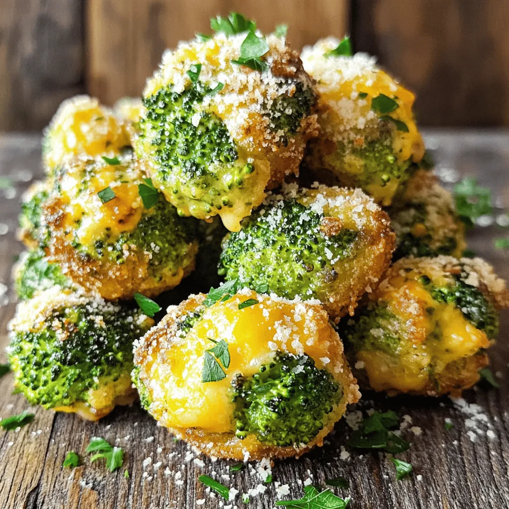 - 2 cups of broccoli florets (fresh or frozen) - 1 cup of shredded sharp cheddar cheese - 1/2 cup of breadcrumbs - 1/4 cup of grated Parmesan cheese - 1 large egg - 2 tablespoons of olive oil - 1 tablespoon of garlic powder - 1 teaspoon of onion powder - Salt and freshly ground black pepper - Fresh parsley for garnish (optional) What can I use instead of cheddar cheese? You can use mozzarella or Gouda cheese. Both melt well and taste great. What are gluten-free breadcrumb options? Try using crushed rice cereal or almond flour. They work nicely in this recipe. What can I use instead of an egg? Use a flaxseed meal mix or unsweetened applesauce. Both help bind the bites. Cheesy roasted broccoli bites are simple, tasty, and perfect for snacking. You can find the full recipe above. Start by prepping the broccoli. If you use fresh broccoli, rinse it well under cold water. Chop it into small pieces. If you choose frozen broccoli, let it thaw. Make sure to squeeze out any extra water. Next, mix all the ingredients in a bowl. Grab a large mixing bowl and add the broccoli florets. Then, add the shredded sharp cheddar cheese, seasoned breadcrumbs, and grated Parmesan cheese. Don't forget the egg, olive oil, garlic powder, onion powder, salt, and black pepper. Use a spatula or your hands to mix everything. Make sure the broccoli gets fully coated. The mix should look thick and even. Now, shape the bites into balls. Take a handful of the mixture and roll it into a ball about one inch wide. Repeat this until you shape all the mixture. Then, place them on the baking sheet. Line a baking sheet with parchment paper. Arrange the balls evenly on the sheet, giving them space. This helps them cook well. Bake the bites at 400°F (200°C) for 20 to 25 minutes. Look for a golden brown color on the outside. This means they are done. Keep an eye on them as they bake. Check them towards the end to avoid over-browning. For tips on checking doneness, use a fork to poke a bite. If it feels firm and crispy, they are ready. Enjoy your cheesy roasted broccoli bites! For the full recipe, check out the section above. To make the best cheesy broccoli bites, focus on consistency. You want a thick, cohesive mix. If it feels too dry, add a tiny bit of olive oil. If it is too wet, add more breadcrumbs. This mix should hold together well when you shape it into balls. Fresh broccoli can be tricky. Avoid sogginess by making sure to dry it well. If you wash fresh florets, pat them with a paper towel. This step helps keep your bites crispy. Frozen broccoli works too, but let it thaw fully and drain excess water. Serve your cheesy bites with tasty dips. Marinara sauce is a hit. It adds a nice tang to the cheesy goodness. You could also try ranch or a garlic aioli for a creamy touch. For a full meal, pair these bites with a salad or some roasted veggies. They make a fun snack or a side dish. You can enjoy them anytime! For the full recipe, check out the instructions above. {{image_4}} You can add spices to give your Cheesy Roasted Broccoli Bites some heat. A pinch of cayenne or chili powder works wonders. You can also try smoked paprika for a nice twist. Feel free to mix in other veggies too. Chopped bell peppers or spinach can add color and taste. Don't limit yourself to just cheddar. Try mozzarella for a stretchy, gooey bite. Feta adds a tangy flavor that pairs well with broccoli. Mixing in flavored cheeses, like pepper jack or garlic herb cheese, can elevate the taste. Get creative and see what you like best. If you want a crispy texture, air frying is a great option. Set your air fryer to 375°F and cook for about 12-15 minutes. You can also use a stovetop skillet. Heat some oil in a pan and cook the bites on medium heat until they are golden brown. This method gives a nice crust while keeping the inside soft. For the full recipe, check out the details above and enjoy your cooking adventure! For storing leftovers, place the bites in an airtight container. Keep them in the fridge. They stay fresh for about 3 to 5 days. Make sure to cool them completely before sealing. To freeze, place the bites on a baking sheet. Leave space between them and freeze until solid. Then, transfer them to a freezer bag. They last for up to 3 months. For reheating frozen bites, bake them at 375°F (190°C) for about 15-20 minutes. This helps bring back their crispy texture. Enjoy them hot! To make your cheesy roasted broccoli bites crispy, ensure you do two things. First, use enough breadcrumbs. They add crunch and help absorb moisture. Second, bake them at the right temperature. A hot oven, around 400°F (200°C), helps create a golden crust. Yes, you can use frozen broccoli without thawing. Just make sure to drain any extra water. This helps keep your bites from getting soggy. If you skip thawing, the baking time may be a little longer. Many dipping sauces work well with cheesy roasted broccoli bites. Some favorites include marinara sauce, ranch dressing, and garlic aioli. Each adds a tasty twist. You can also try a spicy mustard for a kick! Absolutely! These bites are perfect for meal prep. You can make a batch ahead of time and store them in the fridge. They stay fresh for up to five days. Just reheat in the oven for a quick snack. To make these bites healthier, consider a few swaps. Use whole grain breadcrumbs for more fiber. You can also cut down on cheese or use a lower-fat cheese. Adding more veggies, like spinach or carrots, can boost nutrition too. For the full recipe, check the details above. These cheesy broccoli bites are easy to make and taste great. We covered ingredients, prep steps, and tasty tips. Use substitutes for different diets, explore flavor options, and try cooking them in various ways. Remember, you can store leftovers and freeze them for later enjoyment. Dive into this simple recipe and enjoy a healthy snack that suits your needs. Your kitchen adventures start here!