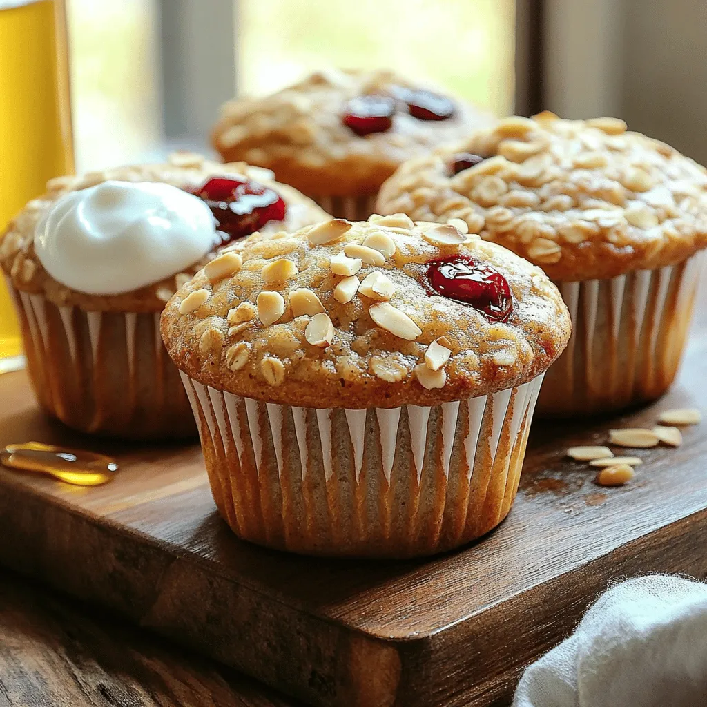 To make Cherry Almond Oat Muffins, gather these ingredients: - 1 cup rolled oats - 1 cup almond milk (or any milk alternative of your choice) - 1 cup all-purpose flour - 1/2 cup brown sugar - 1/2 cup almond flour - 1/2 teaspoon baking soda - 1 teaspoon baking powder - 1/4 teaspoon salt - 1/2 cup cherries, pitted and chopped (fresh or frozen) - 1/4 cup slivered almonds (plus extra for topping) - 1/2 teaspoon vanilla extract - 1/4 cup coconut oil, melted - 1 large egg (or flax egg for a vegan option) You can add some optional ingredients to enhance flavor or texture: - 1/2 teaspoon cinnamon for warmth - 1/4 cup chocolate chips for a sweet twist - Zest of 1 lemon for freshness If you have dietary needs, here are some substitutions: - For a dairy-free option, use almond milk or oat milk. - Swap the all-purpose flour for a gluten-free blend. - Use a flax egg instead of a regular egg for vegan muffins. - Replace brown sugar with coconut sugar for a healthier choice. For the complete recipe and instructions, refer to the Full Recipe. Start by gathering all your ingredients. This helps you stay organized. Preheat your oven to 350°F (175°C). Prepare a muffin tin with liners or oil. Soak the rolled oats in almond milk for about 10 minutes. This softens them for the muffins. 1. Mix Dry Ingredients: In a large bowl, whisk together the all-purpose flour, brown sugar, almond flour, baking soda, baking powder, and salt. This mix gives muffins their structure. 2. Combine Wet Ingredients: In another bowl, mix melted coconut oil, vanilla extract, and the egg (or flax egg). Add this to your soaked oats. Stir gently until mixed. 3. Combine Ingredients: Slowly add the dry mix to the wet mix. Stir just until blended. Overmixing can make muffins tough. 4. Add Cherries and Almonds: Carefully fold in the chopped cherries and slivered almonds. Save some slivered almonds for topping. 5. Fill Muffin Cups: Spoon the batter into the muffin tin. Fill each cup about three-quarters full. Sprinkle the reserved almonds on top. 6. Bake: Place the muffin tin in the oven. Bake for 18-20 minutes. Check with a toothpick. It should come out clean when done. Let the muffins cool in the tin for about 5 minutes. Then transfer them to a wire rack to cool completely. For a tasty treat, serve warm with yogurt or a drizzle of honey. Garnish with extra slivered almonds for that special touch. Enjoy your Cherry Almond Oat Muffins! For the full recipe, check the details above. To make the best cherry almond oat muffins, use fresh ingredients. Start with room temperature eggs. This helps them mix better. Soak the oats in almond milk for about ten minutes. This step softens the oats and keeps muffins light. When mixing, fold gently. Overmixing can lead to tough muffins. One common mistake is not measuring flour correctly. Use a spoon to scoop flour into the measuring cup. Then level it off with a knife. Also, don’t skip the baking powder and soda. These help the muffins rise. Finally, let the muffins cool slightly before removing them from the tin. This avoids sticking. These muffins taste great with yogurt or honey. Add a dollop of Greek yogurt on top. It adds creaminess and tang. You can also try them with a sprinkle of cinnamon or nutmeg for a warm spice. A cup of tea or coffee pairs well too. Enjoy your muffins warm for the best taste. For a complete guide, check the Full Recipe. {{image_4}} You can switch up the fruit in these muffins. For spring and summer, use fresh berries like blueberries or raspberries. Peach chunks work great in the warmer months. In fall, try diced apples or pears. Each fruit adds a different flavor and texture. You can also mix fruits for a fun twist. If you want to change the nuts, use walnuts or pecans instead of almonds. You can also add seeds like pumpkin or sunflower for extra crunch. This gives a new taste and boosts nutrition. Remember, choose what you love best to make it your own. To make these muffins gluten-free, swap the all-purpose flour for a gluten-free blend. Many blends work well and keep the muffins soft. You can also use almond flour for a nutty flavor. Just remember to check the labels for any hidden gluten. Enjoy your gluten-free treats without worry! To keep your Cherry Almond Oat Muffins fresh, store them in an airtight container. This will help them stay soft and moist. Place a paper towel inside the container to absorb any extra moisture. You can store them at room temperature for up to three days. Freezing muffins is easy and keeps them fresh longer. Allow the muffins to cool completely first. Wrap each muffin in plastic wrap or aluminum foil. Then, place them in a freezer-safe bag or container. They can last up to three months in the freezer. Label the bag with the date for easy tracking. To enjoy your muffins warm, simply remove them from the fridge or freezer. If frozen, let them thaw in the fridge overnight. For quick reheating, microwave a muffin for about 15-30 seconds. You can also warm them in the oven at 350°F for about 5-10 minutes. This will bring back their fresh-baked taste. For the full recipe, refer to the earlier section. Enjoy making and storing your Cherry Almond Oat Muffins! Yes, you can make these muffins vegan. Simply swap the egg for a flax egg. To create a flax egg, mix one tablespoon of ground flaxseed with three tablespoons of water. Let this sit for a few minutes until it thickens. This substitution works well to bind the ingredients. You can also use almond milk or any other milk alternative for a dairy-free option. To check if your muffins are done, insert a toothpick into the center of one muffin. If the toothpick comes out clean or with a few crumbs, they are ready. If it has wet batter on it, they need more time. Usually, the baking time is about 18 to 20 minutes. Keep an eye on them as ovens can vary. If you don’t have almond flour, you can use all-purpose flour instead. Another option is to use oat flour, which you can make by grinding rolled oats in a blender. This keeps the flavor profile similar and adds a nice texture. Just remember that the muffins may taste slightly different based on your choice. In this blog post, we covered ingredients, step-by-step instructions, and tips for baking muffins. I shared how to make fluffy muffins, avoid mistakes, and chose the right flavor pairings. You learned about substitutions and seasonal variations to fit your taste. Finally, we discussed storage and answered common questions. Enjoy your baking journey and experiment with your muffin creations. Each bite can be uniquely yours!