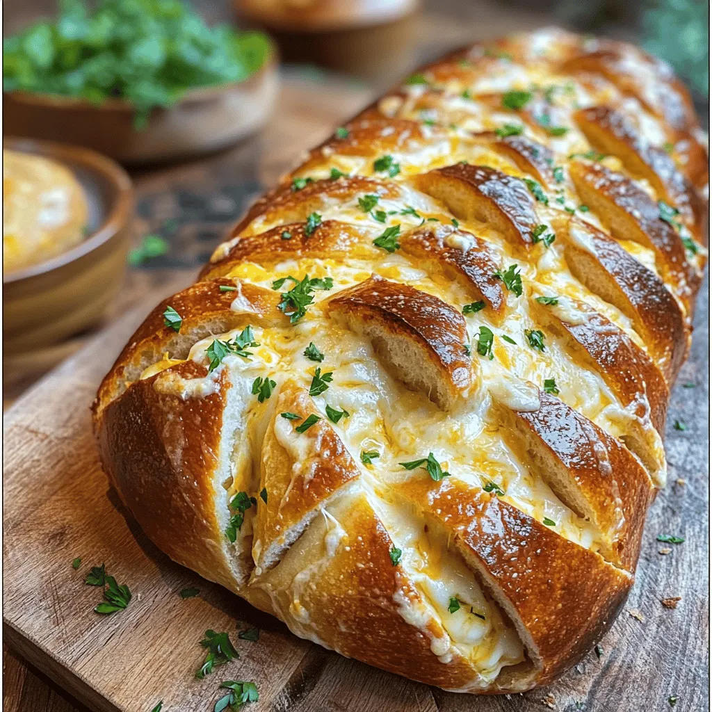 To make pull-apart cheesy garlic bread, gather these simple ingredients: - 1 large sourdough loaf (or any soft, crusty bread) - 1/2 cup unsalted butter, melted - 4 cloves garlic, finely minced - 1 cup shredded mozzarella cheese - 1/2 cup shredded sharp cheddar cheese - 1/4 cup fresh parsley, finely chopped - 1 teaspoon garlic powder - Salt and freshly cracked black pepper, to taste Using fresh ingredients is key. Fresh garlic packs a punch of flavor. It helps your bread taste vibrant and alive. Fresh herbs, like parsley, add color and freshness. They make the bread look appealing. When you use fresh cheese, it melts better. This gives you a gooey, cheesy texture. Always choose high-quality ingredients for the best results. If you don't have some ingredients, don't worry! You can swap some items. For example, any crusty bread can work. If you can't find sourdough, try a French baguette or Italian bread. For cheese, use provolone or gouda instead of mozzarella and cheddar. You can also add other herbs, like thyme or rosemary, for a twist. Want to make it spicy? Add crushed red pepper flakes for some heat! These changes keep the recipe fun and suited to your taste. Check the Full Recipe for more details! First, gather your ingredients. You will need: - 1 large sourdough loaf - 1/2 cup unsalted butter, melted - 4 cloves garlic, finely minced - 1 cup shredded mozzarella cheese - 1/2 cup shredded sharp cheddar cheese - 1/4 cup fresh parsley, finely chopped - 1 teaspoon garlic powder - Salt and freshly cracked black pepper, to taste Next, preheat your oven to 375°F (190°C). This helps the bread bake evenly. Now, take your sourdough loaf and slice it in a grid pattern. Cut into diamond or square shapes on the top. Make sure to leave the bottom intact. This keeps the loaf together. In a bowl, whisk the melted butter, minced garlic, garlic powder, chopped parsley, salt, and pepper. Mix until smooth. Use a pastry brush or spoon to drizzle the garlic butter into the cuts. Get it deep into the crevices for great flavor. Then, stuff the shredded mozzarella and cheddar into those cuts. Pack it generously! Wrap the loaf in aluminum foil, sealing the edges tightly. Place it on a baking sheet to catch any melted butter. Bake for 15 minutes. After this, open the foil and bake for another 10-15 minutes. You want the cheese to melt and the bread to turn golden brown. To ensure the bread cooks evenly, always preheat your oven. Check the bread halfway through the bake time. Rotate the loaf if needed. This helps it brown nicely on all sides. Let the bread cool for a few minutes after baking. This makes it easier to pull apart without burning your fingers. You can serve it warm on a rustic board, adding a sprinkle of parsley for a fresh touch. Enjoy this cheesy treat! For the full recipe, check out the details above. To get that perfect cheese pull, use a mix of mozzarella and sharp cheddar. Mozzarella melts great and gives a nice stretch. The cheddar adds a sharp bite that complements the garlic. Stuff the cheese deep into the cuts of the bread. This ensures every bite has gooey goodness. Bake until the cheese bubbles and starts to brown. This adds to the flavor and texture. Moisture is key for great pull-apart bread. Make sure to generously drizzle the garlic butter mixture into all the cuts. Wrapping the loaf in foil while baking helps trap steam. This steam keeps the bread soft and moist. After the first 15 minutes, unwrap the foil. This allows the top to crisp up nicely. If you want a stronger garlic kick, use roasted garlic. Roasting softens the flavor and adds sweetness. Mix the roasted garlic into your butter mixture for a rich taste. You can also add garlic powder for extra flavor. Finally, fresh herbs like parsley bring brightness to the dish. {{image_4}} You can play with cheese to make pull-apart bread even better. Mozzarella is great, but try mixing in some provolone or gouda. They melt well and add new flavors. For a sharper taste, use aged cheddar or pepper jack. You can even mix in cream cheese for a rich texture. Each mix gives a fun twist to your cheesy bread. Herbs and spices can really enhance the taste. Besides parsley, try adding basil or oregano. These herbs bring a fresh flavor that pairs well with garlic. A pinch of red pepper flakes adds a nice kick, too. Don’t forget some cracked black pepper for a bit of heat. You can even sprinkle in some Italian seasoning for a unique twist. If you need a gluten-free option, you can use gluten-free bread. Many brands offer delicious choices that work great. Just make sure the bread is soft and crusty. Follow the same steps from the Full Recipe, and enjoy every cheesy bite without worry. You won’t miss the gluten at all! To keep your cheesy garlic bread fresh, wrap it tightly in plastic wrap or foil. You can also place it in an airtight container. Store it in the fridge if you plan to eat it within three days. This helps keep the bread soft and the cheese tasty. To reheat your leftover pull-apart bread, preheat your oven to 350°F (175°C). Place the bread on a baking sheet and cover it with foil. Heat for about 10 to 15 minutes. This warms the bread and melts the cheese nicely. If you want a crispier crust, remove the foil for the last few minutes. You can freeze this cheesy garlic bread for up to three months. Wrap it well in plastic wrap and then foil. When you're ready to enjoy it, thaw it in the fridge overnight. Reheat it in the oven as mentioned above. This way, you can enjoy this treat later without losing any flavor! Yes, you can use other types of bread. A soft, crusty bread works best. You might try ciabatta or French bread for great results. Just make sure the bread has a nice texture. This helps hold the cheese and garlic butter inside. The key is to keep the loaf intact while cutting. To make this dish vegan, swap butter for plant-based butter. You can also use vegan cheese instead of regular cheese. Look for cheese that melts well and has good flavor. Fresh herbs add a nice touch too. You can use the same steps in the full recipe, just with these substitutes. I love using mozzarella and sharp cheddar together. Mozzarella melts well and gives a nice stretch. Sharp cheddar adds rich flavor that balances the garlic. You can mix in other cheeses too, like gouda or parmesan, for more taste. Just be sure to choose cheeses that melt easily for the best pull-apart effect. We covered how to use fresh ingredients for the best pull-apart bread. I shared steps for prep, baking, and ways to keep each bite perfect. With tips on cheese pulls and flavor boosts, you can enhance your dish. Remember, there are many fun variations and storage methods to try. Experimenting will make your baking even more enjoyable. Now, it’s time to get in the kitchen and create something delicious!