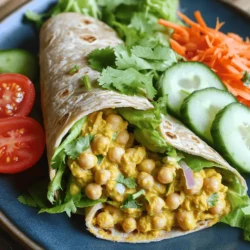 - 1 can (15 oz) chickpeas, drained and rinsed - 1/4 cup buffalo sauce - 1/4 cup ranch dressing - 1 tablespoon olive oil - 1 teaspoon garlic powder - 1 teaspoon onion powder - Salt and black pepper to taste - 4 large whole wheat tortillas - 1 cup shredded lettuce - 1 cup diced tomatoes - 1/2 cup shredded carrots - 1/2 cup diced cucumbers - Fresh cilantro, for garnish (optional) These ingredients make the perfect wrap. Chickpeas give a great base. They are full of protein and fiber, making this meal filling. The buffalo sauce adds heat, while ranch dressing cools it down. Olive oil helps bind everything together. Garlic and onion powder give depth. I love using whole wheat tortillas. They add a nice nutty flavor and are healthier than white ones. You can mix and match the veggies. Add your favorites or whatever you have on hand. The fresh cilantro makes it pop, but it’s optional. - Calories per serving: Approximately 300 - Protein content: 12 grams - Other nutrient breakdowns: High in fiber, low in saturated fat This meal is tasty and good for you. It combines healthy fats with plenty of vitamins. Each wrap is a balanced meal, perfect for lunch or a quick dinner. For the full recipe, check out the details above. Step 1: Mash chickpeas Start by taking a medium bowl. Add one can of drained and rinsed chickpeas. Use a fork or potato masher to lightly mash them. Aim to keep some chickpeas whole for nice texture. Step 2: Combine ingredients Next, pour in 1/4 cup of buffalo sauce, 1/4 cup of ranch dressing, and 1 tablespoon of olive oil. Add 1 teaspoon each of garlic powder and onion powder. Season with salt and black pepper. Mix until creamy and all chickpeas are well coated. Step 3: Prepare tortillas Now, take 4 large whole wheat tortillas. Lay them on a clean, flat surface. They are ready for the next step. Step 4: Fill the tortillas Spoon a generous portion of the chickpea mixture onto the center of each tortilla. Spread it out a bit, leaving room for folding. Step 5: Fold and roll the wraps Layer the mixture with 1 cup of shredded lettuce, 1 cup of diced tomatoes, 1/2 cup of shredded carrots, and 1/2 cup of diced cucumbers. Fold in the sides of each tortilla. Roll them up tightly from the bottom to seal everything inside. Step 6: Grilling instructions For a crispy finish, preheat a grill or non-stick skillet over medium heat. Grill the wraps for 2-3 minutes on each side until golden brown. Slice each wrap in half and serve attractively on a plate. You can garnish with fresh cilantro for a pop of color. For the full recipe, check out the details above. To make the best Buffalo Ranch Chickpea Wraps, follow these simple tips. For the sauce, use a 1:1 ratio of buffalo sauce to ranch dressing. This mix gives a nice balance of heat and creaminess. If you want it spicier, add more buffalo sauce. When mashing chickpeas, aim for a mix of textures. Use a fork or potato masher. Smash some until creamy but leave some whole. This adds bite to your wraps. For side dishes, I recommend fresh carrot sticks, celery, or a simple salad. These crunchy sides pair well with the wraps. If you want a drink, try a light lemonade or iced tea. Both drinks cleanse the palate and complement the spicy flavors. You can find the full recipe above to create your own Buffalo Ranch Chickpea Wraps. Enjoy! {{image_4}} You can easily change up this wrap to fit your taste. If you love heat, try adding diced jalapeños or a bit more buffalo sauce. For a different twist, consider adding diced avocado. This adds creaminess and healthy fats. You can also switch out the dressings. Try blue cheese dressing for a classic taste. For a fresh vibe, use a yogurt-based dressing. You can even mix ranch with a splash of lime juice for a zesty kick. These wraps fit many diets. They are already vegan if you use vegan ranch. Chickpeas are a great protein source. They keep you full and energized. If you need gluten-free options, use corn tortillas or gluten-free wraps. Fill them just like the regular ones. You won’t lose any flavor or fun! Explore the [Full Recipe] for all the tasty details. To keep your Buffalo Ranch Chickpea Wraps fresh, you should store them right. Wrap any leftover wraps in plastic wrap or foil. Place them in an airtight container. This helps to keep moisture out. Store in the fridge for up to three days. If you want to save them longer, you can freeze them. Wrap each wrap in plastic wrap, then put them in a freezer bag. They will stay good for about three months. When you want to eat them, just thaw them in the fridge overnight. To reheat your wraps, you can use a few methods. The best way is to use a skillet. Heat the skillet on medium. Place the wrap in the skillet for about 2-3 minutes on each side. This keeps the wrap crispy. You can also use a microwave. Put the wrap on a plate and cover it with a damp paper towel. Heat for about 30 seconds to 1 minute. Check to see if it's warm enough. If not, heat for another 15 seconds. Remember, using the microwave may make the wrap a bit soft. Enjoy your tasty meal! Yes, you can make these wraps ahead of time. Prepare the chickpea mixture and store it in the fridge. Just keep the tortillas separate until you are ready to eat. This keeps the tortillas from getting soggy. You can assemble the wraps up to a day in advance. You can use many things instead of ranch dressing. Try Greek yogurt for a creamy option. You can also use tahini or avocado for a healthy twist. If you want a vegan option, look for plant-based ranch dressings at the store. They work well and taste great! The spice level really depends on the buffalo sauce you choose. Most sauces are mild, but some are quite hot. If you're unsure, start with less sauce and gradually add more. You can also mix in some plain yogurt or sour cream to cool it down. Absolutely! You can use any tortilla you like. Whole wheat, corn, or even spinach tortillas are great options. If you want a gluten-free choice, look for tortillas made from rice or almond flour. Just make sure they are big enough to hold all the yummy filling! For the full recipe, check the detailed instructions earlier in this article. This blog post covered a delicious buffalo ranch chickpea wrap recipe from start to finish. We explored the key ingredients, step-by-step instructions, and helpful tips for great results. Remember, you can customize these wraps to suit your taste and dietary needs. Enjoy experimenting with spices and sides. These wraps are tasty, healthy, and easy to make. Try them out and see how they fit into your meals. Happy cooking!