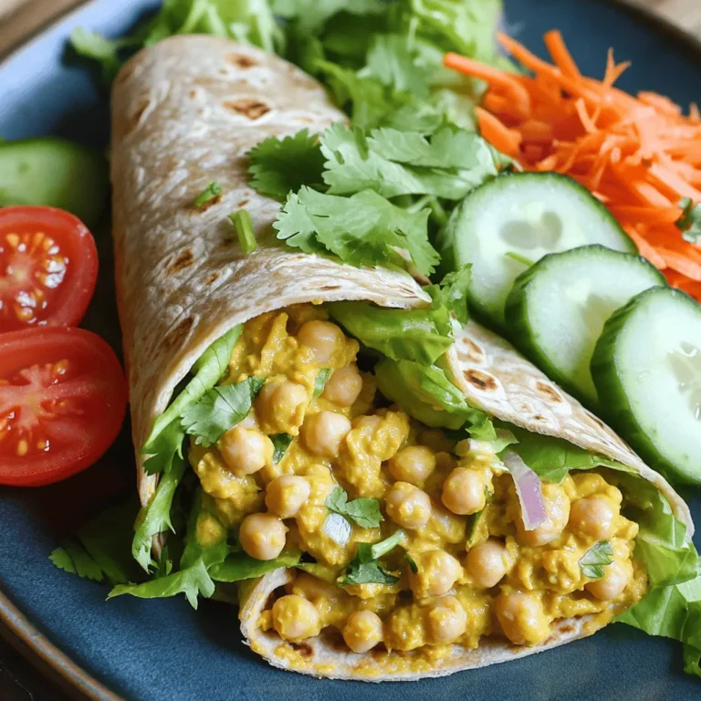 - 1 can (15 oz) chickpeas, drained and rinsed - 1/4 cup buffalo sauce - 1/4 cup ranch dressing - 1 tablespoon olive oil - 1 teaspoon garlic powder - 1 teaspoon onion powder - Salt and black pepper to taste - 4 large whole wheat tortillas - 1 cup shredded lettuce - 1 cup diced tomatoes - 1/2 cup shredded carrots - 1/2 cup diced cucumbers - Fresh cilantro, for garnish (optional) These ingredients make the perfect wrap. Chickpeas give a great base. They are full of protein and fiber, making this meal filling. The buffalo sauce adds heat, while ranch dressing cools it down. Olive oil helps bind everything together. Garlic and onion powder give depth. I love using whole wheat tortillas. They add a nice nutty flavor and are healthier than white ones. You can mix and match the veggies. Add your favorites or whatever you have on hand. The fresh cilantro makes it pop, but it’s optional. - Calories per serving: Approximately 300 - Protein content: 12 grams - Other nutrient breakdowns: High in fiber, low in saturated fat This meal is tasty and good for you. It combines healthy fats with plenty of vitamins. Each wrap is a balanced meal, perfect for lunch or a quick dinner. For the full recipe, check out the details above. Step 1: Mash chickpeas Start by taking a medium bowl. Add one can of drained and rinsed chickpeas. Use a fork or potato masher to lightly mash them. Aim to keep some chickpeas whole for nice texture. Step 2: Combine ingredients Next, pour in 1/4 cup of buffalo sauce, 1/4 cup of ranch dressing, and 1 tablespoon of olive oil. Add 1 teaspoon each of garlic powder and onion powder. Season with salt and black pepper. Mix until creamy and all chickpeas are well coated. Step 3: Prepare tortillas Now, take 4 large whole wheat tortillas. Lay them on a clean, flat surface. They are ready for the next step. Step 4: Fill the tortillas Spoon a generous portion of the chickpea mixture onto the center of each tortilla. Spread it out a bit, leaving room for folding. Step 5: Fold and roll the wraps Layer the mixture with 1 cup of shredded lettuce, 1 cup of diced tomatoes, 1/2 cup of shredded carrots, and 1/2 cup of diced cucumbers. Fold in the sides of each tortilla. Roll them up tightly from the bottom to seal everything inside. Step 6: Grilling instructions For a crispy finish, preheat a grill or non-stick skillet over medium heat. Grill the wraps for 2-3 minutes on each side until golden brown. Slice each wrap in half and serve attractively on a plate. You can garnish with fresh cilantro for a pop of color. For the full recipe, check out the details above. To make the best Buffalo Ranch Chickpea Wraps, follow these simple tips. For the sauce, use a 1:1 ratio of buffalo sauce to ranch dressing. This mix gives a nice balance of heat and creaminess. If you want it spicier, add more buffalo sauce. When mashing chickpeas, aim for a mix of textures. Use a fork or potato masher. Smash some until creamy but leave some whole. This adds bite to your wraps. For side dishes, I recommend fresh carrot sticks, celery, or a simple salad. These crunchy sides pair well with the wraps. If you want a drink, try a light lemonade or iced tea. Both drinks cleanse the palate and complement the spicy flavors. You can find the full recipe above to create your own Buffalo Ranch Chickpea Wraps. Enjoy! {{image_4}} You can easily change up this wrap to fit your taste. If you love heat, try adding diced jalapeños or a bit more buffalo sauce. For a different twist, consider adding diced avocado. This adds creaminess and healthy fats. You can also switch out the dressings. Try blue cheese dressing for a classic taste. For a fresh vibe, use a yogurt-based dressing. You can even mix ranch with a splash of lime juice for a zesty kick. These wraps fit many diets. They are already vegan if you use vegan ranch. Chickpeas are a great protein source. They keep you full and energized. If you need gluten-free options, use corn tortillas or gluten-free wraps. Fill them just like the regular ones. You won’t lose any flavor or fun! Explore the [Full Recipe] for all the tasty details. To keep your Buffalo Ranch Chickpea Wraps fresh, you should store them right. Wrap any leftover wraps in plastic wrap or foil. Place them in an airtight container. This helps to keep moisture out. Store in the fridge for up to three days. If you want to save them longer, you can freeze them. Wrap each wrap in plastic wrap, then put them in a freezer bag. They will stay good for about three months. When you want to eat them, just thaw them in the fridge overnight. To reheat your wraps, you can use a few methods. The best way is to use a skillet. Heat the skillet on medium. Place the wrap in the skillet for about 2-3 minutes on each side. This keeps the wrap crispy. You can also use a microwave. Put the wrap on a plate and cover it with a damp paper towel. Heat for about 30 seconds to 1 minute. Check to see if it's warm enough. If not, heat for another 15 seconds. Remember, using the microwave may make the wrap a bit soft. Enjoy your tasty meal! Yes, you can make these wraps ahead of time. Prepare the chickpea mixture and store it in the fridge. Just keep the tortillas separate until you are ready to eat. This keeps the tortillas from getting soggy. You can assemble the wraps up to a day in advance. You can use many things instead of ranch dressing. Try Greek yogurt for a creamy option. You can also use tahini or avocado for a healthy twist. If you want a vegan option, look for plant-based ranch dressings at the store. They work well and taste great! The spice level really depends on the buffalo sauce you choose. Most sauces are mild, but some are quite hot. If you're unsure, start with less sauce and gradually add more. You can also mix in some plain yogurt or sour cream to cool it down. Absolutely! You can use any tortilla you like. Whole wheat, corn, or even spinach tortillas are great options. If you want a gluten-free choice, look for tortillas made from rice or almond flour. Just make sure they are big enough to hold all the yummy filling! For the full recipe, check the detailed instructions earlier in this article. This blog post covered a delicious buffalo ranch chickpea wrap recipe from start to finish. We explored the key ingredients, step-by-step instructions, and helpful tips for great results. Remember, you can customize these wraps to suit your taste and dietary needs. Enjoy experimenting with spices and sides. These wraps are tasty, healthy, and easy to make. Try them out and see how they fit into your meals. Happy cooking!