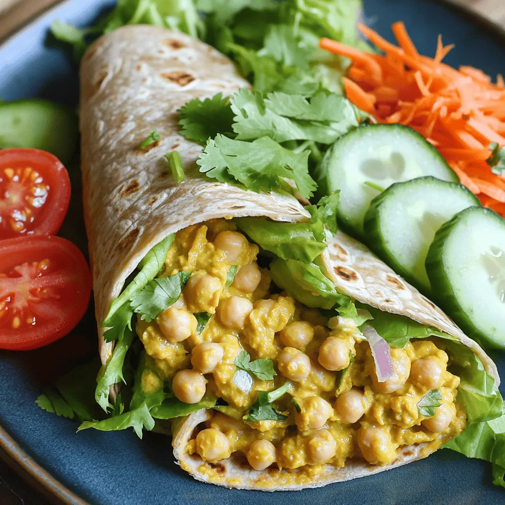 - 1 can (15 oz) chickpeas, drained and rinsed - 1/4 cup buffalo sauce - 1/4 cup ranch dressing - 1 tablespoon olive oil - 1 teaspoon garlic powder - 1 teaspoon onion powder - Salt and black pepper to taste - 4 large whole wheat tortillas - 1 cup shredded lettuce - 1 cup diced tomatoes - 1/2 cup shredded carrots - 1/2 cup diced cucumbers - Fresh cilantro, for garnish (optional) These ingredients make the perfect wrap. Chickpeas give a great base. They are full of protein and fiber, making this meal filling. The buffalo sauce adds heat, while ranch dressing cools it down. Olive oil helps bind everything together. Garlic and onion powder give depth. I love using whole wheat tortillas. They add a nice nutty flavor and are healthier than white ones. You can mix and match the veggies. Add your favorites or whatever you have on hand. The fresh cilantro makes it pop, but it’s optional. - Calories per serving: Approximately 300 - Protein content: 12 grams - Other nutrient breakdowns: High in fiber, low in saturated fat This meal is tasty and good for you. It combines healthy fats with plenty of vitamins. Each wrap is a balanced meal, perfect for lunch or a quick dinner. For the full recipe, check out the details above. Step 1: Mash chickpeas Start by taking a medium bowl. Add one can of drained and rinsed chickpeas. Use a fork or potato masher to lightly mash them. Aim to keep some chickpeas whole for nice texture. Step 2: Combine ingredients Next, pour in 1/4 cup of buffalo sauce, 1/4 cup of ranch dressing, and 1 tablespoon of olive oil. Add 1 teaspoon each of garlic powder and onion powder. Season with salt and black pepper. Mix until creamy and all chickpeas are well coated. Step 3: Prepare tortillas Now, take 4 large whole wheat tortillas. Lay them on a clean, flat surface. They are ready for the next step. Step 4: Fill the tortillas Spoon a generous portion of the chickpea mixture onto the center of each tortilla. Spread it out a bit, leaving room for folding. Step 5: Fold and roll the wraps Layer the mixture with 1 cup of shredded lettuce, 1 cup of diced tomatoes, 1/2 cup of shredded carrots, and 1/2 cup of diced cucumbers. Fold in the sides of each tortilla. Roll them up tightly from the bottom to seal everything inside. Step 6: Grilling instructions For a crispy finish, preheat a grill or non-stick skillet over medium heat. Grill the wraps for 2-3 minutes on each side until golden brown. Slice each wrap in half and serve attractively on a plate. You can garnish with fresh cilantro for a pop of color. For the full recipe, check out the details above. To make the best Buffalo Ranch Chickpea Wraps, follow these simple tips. For the sauce, use a 1:1 ratio of buffalo sauce to ranch dressing. This mix gives a nice balance of heat and creaminess. If you want it spicier, add more buffalo sauce. When mashing chickpeas, aim for a mix of textures. Use a fork or potato masher. Smash some until creamy but leave some whole. This adds bite to your wraps. For side dishes, I recommend fresh carrot sticks, celery, or a simple salad. These crunchy sides pair well with the wraps. If you want a drink, try a light lemonade or iced tea. Both drinks cleanse the palate and complement the spicy flavors. You can find the full recipe above to create your own Buffalo Ranch Chickpea Wraps. Enjoy! {{image_4}} You can easily change up this wrap to fit your taste. If you love heat, try adding diced jalapeños or a bit more buffalo sauce. For a different twist, consider adding diced avocado. This adds creaminess and healthy fats. You can also switch out the dressings. Try blue cheese dressing for a classic taste. For a fresh vibe, use a yogurt-based dressing. You can even mix ranch with a splash of lime juice for a zesty kick. These wraps fit many diets. They are already vegan if you use vegan ranch. Chickpeas are a great protein source. They keep you full and energized. If you need gluten-free options, use corn tortillas or gluten-free wraps. Fill them just like the regular ones. You won’t lose any flavor or fun! Explore the [Full Recipe] for all the tasty details. To keep your Buffalo Ranch Chickpea Wraps fresh, you should store them right. Wrap any leftover wraps in plastic wrap or foil. Place them in an airtight container. This helps to keep moisture out. Store in the fridge for up to three days. If you want to save them longer, you can freeze them. Wrap each wrap in plastic wrap, then put them in a freezer bag. They will stay good for about three months. When you want to eat them, just thaw them in the fridge overnight. To reheat your wraps, you can use a few methods. The best way is to use a skillet. Heat the skillet on medium. Place the wrap in the skillet for about 2-3 minutes on each side. This keeps the wrap crispy. You can also use a microwave. Put the wrap on a plate and cover it with a damp paper towel. Heat for about 30 seconds to 1 minute. Check to see if it's warm enough. If not, heat for another 15 seconds. Remember, using the microwave may make the wrap a bit soft. Enjoy your tasty meal! Yes, you can make these wraps ahead of time. Prepare the chickpea mixture and store it in the fridge. Just keep the tortillas separate until you are ready to eat. This keeps the tortillas from getting soggy. You can assemble the wraps up to a day in advance. You can use many things instead of ranch dressing. Try Greek yogurt for a creamy option. You can also use tahini or avocado for a healthy twist. If you want a vegan option, look for plant-based ranch dressings at the store. They work well and taste great! The spice level really depends on the buffalo sauce you choose. Most sauces are mild, but some are quite hot. If you're unsure, start with less sauce and gradually add more. You can also mix in some plain yogurt or sour cream to cool it down. Absolutely! You can use any tortilla you like. Whole wheat, corn, or even spinach tortillas are great options. If you want a gluten-free choice, look for tortillas made from rice or almond flour. Just make sure they are big enough to hold all the yummy filling! For the full recipe, check the detailed instructions earlier in this article. This blog post covered a delicious buffalo ranch chickpea wrap recipe from start to finish. We explored the key ingredients, step-by-step instructions, and helpful tips for great results. Remember, you can customize these wraps to suit your taste and dietary needs. Enjoy experimenting with spices and sides. These wraps are tasty, healthy, and easy to make. Try them out and see how they fit into your meals. Happy cooking!