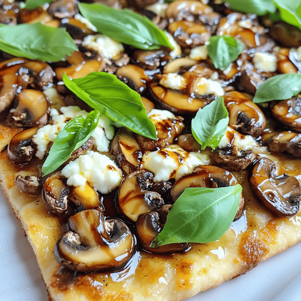 To make the Balsamic Mushroom Flatbread, gather these items: - 1 large flatbread or naan - 2 cups fresh mushrooms (cremini or shiitake), sliced - 1 tablespoon high-quality olive oil - 2 cloves garlic, finely minced - 1 tablespoon aged balsamic vinegar - 1 teaspoon fresh thyme leaves (or ½ teaspoon dried thyme) - ½ cup mozzarella cheese, freshly shredded - ¼ cup creamy goat cheese, crumbled - Sea salt and freshly cracked black pepper, to taste - Handful of fresh basil leaves for garnish You can easily swap out some ingredients. If you want a gluten-free option, use gluten-free flatbread. For a vegan version, replace the mozzarella and goat cheese with vegan cheese. If you dislike mushrooms, try spinach or roasted red peppers instead. This dish is flexible, so feel free to get creative! Fresh ingredients make a big difference in flavor. Fresh mushrooms add a rich, earthy taste. High-quality olive oil enhances the dish’s aroma. Aged balsamic vinegar brings sweetness and depth. Using fresh herbs like thyme and basil elevates the flavors. Always choose what's in season for the best taste. Freshness also means more nutrients for your meal. Preheating the Oven: Optimal Temperature First, preheat your oven to 400°F (200°C). This high heat helps the flatbread get crispy. A hot oven makes a big difference in the final dish. Preparing the Baking Sheet for Easy Cleanup Next, line your baking sheet with parchment paper. This will make cleanup simple after baking. You won’t have to scrub the sheet later. Sautéing the Mushrooms: Perfect Techniques In a medium skillet, heat the olive oil over medium heat. Once it shimmers, add the sliced mushrooms. Sauté them for 5-7 minutes. Stir them a bit to help them brown evenly. They should look golden and soft. Adding Aromatics: When to Add Garlic and Thyme After the mushrooms are brown, add the minced garlic and thyme. Stir this in and let it cook for about 2 more minutes. This step brings out amazing flavors. The garlic will smell great and mix well with the mushrooms. Spreading Mushroom Mixture Evenly Now, take the flatbread and place it on the prepared baking sheet. Spoon the mushroom mix over the flatbread. Spread it out so that every bite has some mushrooms. Cheese Layering Techniques for the Best Melt Next, sprinkle the shredded mozzarella cheese over the top. Add the crumbled goat cheese in a nice, even layer. This mix creates a rich taste and ensures a perfect melt. How to Ensure a Crispy Flatbread Carefully place the baking sheet in the oven. The hot air will make the edges crisp and the cheese melt beautifully. Timing Tips: Knowing When It’s Done Bake the flatbread for 10-12 minutes. Keep an eye on it. Look for golden brown cheese and crispy edges. Once it looks perfect, take it out. For the full recipe, check out the detailed instructions above. Enjoy your cooking! How to Maximize Flavor with Balsamic Vinegar To boost the flavor, use high-quality aged balsamic vinegar. It has a rich, sweet taste that balances well with mushrooms. Add it near the end of cooking. This helps preserve its unique flavor profile. A little goes a long way, so start with one tablespoon. Tasting as you go helps you find the perfect balance. Adding Extra Ingredients for a Gourmet Touch You can elevate your flatbread with a few extra ingredients. Consider adding caramelized onions for sweetness. Roasted red peppers bring a smoky flavor. Fresh herbs like rosemary or parsley can add brightness. If you want a spicy kick, sprinkle red pepper flakes on top. These small additions can make your flatbread feel gourmet and special. Recommended Skillet and Baking Sheet Types Use a cast iron skillet for sautéing mushrooms. It heats evenly and gives a great sear. A non-stick skillet also works well if you prefer easy cleanup. For baking, a sturdy metal baking sheet is best. It helps the flatbread crisp up nicely. Line it with parchment paper for no-fuss cleaning. Essential Tools for Easy Preparation Gather these tools before you start: a sharp knife for slicing mushrooms, a cutting board for prepping, and a spatula for flipping. You will also need measuring spoons for accuracy. A pair of kitchen tongs can help when adding herbs or garnishes. Having everything ready makes cooking smooth and fun. For the complete recipe, check out the Full Recipe. {{image_4}} You can easily change the flavors of your flatbread. Start with more vegetables. Try adding spinach, bell peppers, or zucchini. These veggies add color and taste. You can also mix different mushrooms for variety. If you want a meatier flatbread, add cooked chicken or bacon. These meats pair well with mushrooms. They add protein and richness. Choosing the right cheese makes a big difference. For a classic taste, mozzarella is great. It melts beautifully and adds creaminess. Feta cheese can add a nice tang if you want something different. If you prefer non-dairy options, there are many choices. Look for vegan mozzarella made from nuts. It melts well and gives a nice texture. For a unique twist, try almond feta or cashew cream cheese. These options fit nicely into a plant-based diet while keeping flavor high. You can find the full recipe for balsamic mushroom flatbread earlier in this article. To keep your balsamic mushroom flatbread fresh, follow these simple steps: - Refrigeration: Let the flatbread cool completely. Wrap it tightly in plastic wrap or foil. You can also use an airtight container. This helps keep moisture in and prevents it from drying out. - How Long You Can Keep Balsamic Mushroom Flatbread: Properly stored, it lasts up to three days in the fridge. After that, the flavor and texture may change. If you don’t eat it in time, you can freeze it for up to one month. When you’re ready to enjoy the leftovers, reheating is key. Here are some great methods: - Oven Method: This keeps the flatbread crispy. Preheat your oven to 350°F (175°C). Place the flatbread on a baking sheet. Heat for about 10-15 minutes or until warm and crisp. - Skillet Method: Heat a skillet over medium heat. Place the flatbread in the skillet without any oil. Cover with a lid and heat for 5-7 minutes. This will keep the bottom crispy while warming the top. - Storage Containers Recommendations: Use glass or plastic containers with tight lids for short-term storage. For long-term storage, freezer-safe bags work well. Be sure to remove as much air as possible to prevent freezer burn. How to make the flatbread from scratch? To make flatbread from scratch, mix flour, water, salt, and yeast. Knead the dough and let it rise. Roll it out into a flat shape and cook it in a hot skillet. This gives you a fresh, warm base for your toppings. Can I use frozen flatbread? Yes, you can use frozen flatbread. Just thaw it before adding your toppings. It still tastes great and saves you time. What can I serve with balsamic mushroom flatbread? You can serve a fresh salad or a side of roasted vegetables. A light soup pairs well too. These sides complement the flatbread’s rich flavors. Is balsamic mushroom flatbread healthy? Yes, it can be healthy. It has fresh vegetables and lean cheese. You control the toppings, making it a good option. Caloric Information per Serving Each serving of balsamic mushroom flatbread has about 300-400 calories. This depends on your cheese and oil choices. Can I use different types of mushrooms? Absolutely! Try using portobello, button, or oyster mushrooms. Each type adds a unique flavor. Gluten-free alternatives for flatbread You can use gluten-free flatbread or make one with almond flour and coconut flour. These options work well and taste great too. In this post, we explored how to make Balsamic Mushroom Flatbread. We covered the key ingredients, including substitutions for dietary needs. I shared step-by-step instructions for prepping, cooking, and baking. You learned tips to boost flavor and ways to customize the flatbread. This dish is not just tasty; it’s adaptable. With fresh ingredients and thoughtful choices, your flatbread can be a hit. Enjoy experimenting and sharing your delicious results!