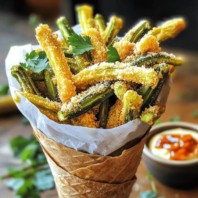 - 1 lb fresh okra, trimmed and sliced into 1/2-inch pieces - 1 cup buttermilk (or plant-based milk for a dairy-free option) - 1 cup cornmeal - 1/2 cup finely grated Parmesan cheese - 1 teaspoon garlic powder - 1 teaspoon onion powder - 1 teaspoon smoked paprika - 1/2 teaspoon cayenne pepper (adjust according to your spice tolerance) - Salt and freshly ground black pepper to taste - Cooking spray or oil for lightly frying Crispy Parmesan Okra Fries are a fun and tasty snack. Fresh okra is the star here. You can choose to use buttermilk or plant-based milk. Both work well to help the coating stick. For the seasoning, garlic powder, onion powder, and smoked paprika bring great flavors. Adjust the cayenne pepper to your liking. I love a little heat, but you can skip it if you prefer mild. Cornmeal gives the fries their crispy texture. The grated Parmesan adds a savory touch. You can use any grated cheese you like. Just make sure it’s finely grated for even coating. Gather your ingredients and get ready to make a crunchy, tasty treat. For the complete cooking method, check the Full Recipe. First, you need to preheat your oven to 425°F (220°C). This step is key for getting that crispiness. While the oven heats, prepare your baking sheet by lining it with parchment paper. This makes cleanup easy and helps the fries bake evenly. Now, take your fresh okra and slice it into 1/2-inch pieces. Place these pieces in a bowl. Pour in 1 cup of buttermilk, making sure each piece is covered. Let the okra soak for at least 30 minutes. Soaking helps the coating stick better during baking. In a separate shallow dish, mix your dry ingredients. Combine 1 cup of cornmeal, 1/2 cup of finely grated Parmesan cheese, 1 teaspoon of garlic powder, 1 teaspoon of onion powder, 1 teaspoon of smoked paprika, and 1/2 teaspoon of cayenne pepper. Add some salt and black pepper to taste. Stir everything together until it’s well mixed. Once your okra has soaked long enough, take it out of the buttermilk. Let any extra liquid drip off. Now, dip each piece of okra into your cornmeal mixture. Press gently to ensure it gets a nice coating. Place the coated okra on the prepared baking sheet in a single layer. After you've coated all the okra, it’s time to make them crispy. Lightly spray the okra with cooking spray or drizzle a little oil over the top. This will enhance the crunchiness. Now, put the baking sheet in the preheated oven. Bake for 20-25 minutes. Flip the okra halfway through to ensure even browning. When they are golden brown and crispy, they are ready to enjoy! This step-by-step method ensures that your crispy Parmesan okra fries are tasty and simple to make. For the complete recipe, check out the [Full Recipe]. Soaking okra is key to making these fries crispy. When you soak okra in buttermilk, it absorbs moisture. This helps the coating stick better. I recommend soaking for at least 30 minutes. The longer, the better! For the oil, use a light touch. You want to spray or drizzle just enough to help the coating crisp up. Too much oil can make them soggy. I find that cooking spray works great for an even coat. Adjust spice levels to fit your taste. If you love heat, add more cayenne pepper. For a milder flavor, cut back. You can also try adding different spices like cumin or chili powder. They give a nice twist to the fries. Additional seasoning ideas include fresh herbs like thyme or oregano. You could mix in some lemon zest for a bright flavor. Don't be afraid to get creative! For serving, think fun and casual. Place the crispy okra fries in a cone or a small basket. This makes them easy to grab and eat. Top with extra grated Parmesan for a nice finish. Dipping sauces can take your fries to the next level. Try pairing them with sriracha mayo or ranch dressing. Both add a tasty kick! {{image_4}} You can easily make these crispy Parmesan okra fries healthier. Baking is a great option. It cuts down on fat, yet still gives a nice crunch. Simply coat your okra and bake until golden brown. If you want a dairy-free option, use plant-based milk instead of buttermilk. This swap keeps the flavor while catering to dietary needs. You can change the flavor of your okra fries by adding different cheeses. Try cheddar or mozzarella for a twist. You can even mix them together for a cheesy delight. Spice blends also work wonders. Add Italian herbs or Cajun seasoning for a bold taste. These small changes can make your fries unique each time. Crispy okra fries pair well with many dishes. Serve them alongside grilled chicken or fish for a complete meal. They also work great as a snack with drinks. Try them with a cold beer or a refreshing lemonade. For appetizers, serve with a zesty dip like sriracha mayo or ranch dressing. These combinations will surely impress your guests. For the full recipe, check [Full Recipe]. To keep your okra fries fresh, store them in an airtight container. Use a glass or plastic container with a tight lid. This helps prevent moisture from making them soggy. Place the container in the fridge to keep the okra cold. They will stay good for about three days. For best results, eat them within one to two days. To reheat your crispy okra fries, use an oven or an air fryer. These methods help keep them crispy. Preheat your oven to 375°F (190°C). Spread the okra fries on a baking sheet. Heat them for about 10 to 15 minutes. If you use an air fryer, set it to 350°F (175°C) and cook for 5 to 7 minutes. Both methods will bring back their crispiness. Avoid using a microwave, as it can make them soggy. Enjoy your leftover Crispy Parmesan Okra Fries just like fresh! To make these fries gluten-free, you can swap cornmeal for a gluten-free flour blend. This works well as a substitute. You can also use almond flour or chickpea flour for a different taste and texture. Both options create a crispy coating that pairs nicely with okra. Yes, you can freeze these okra fries. First, let the fries cool completely. Then, place them in a single layer on a baking sheet and freeze until solid. Once frozen, transfer them to a freezer-safe bag or container. To thaw, just leave them in the fridge overnight. However, freezing may change their texture slightly. They might not be as crispy when you bake them again. If you don’t have buttermilk, you can make your own. Mix one cup of milk with one tablespoon of vinegar or lemon juice. Let it sit for five minutes, and it will thicken. You can also use plant-based milk, like almond or soy milk, with the same vinegar or lemon juice method. This gives a similar effect for soaking the okra. This blog post covered how to make crispy okra fries. You learned about ingredients, step-by-step instructions, and helpful tips. I shared ways to make your okra fries even better with variations and storage advice. Now, you are set to try this tasty snack at home. Enjoy the process, customize to your taste, and share your results with others. Cooking should be fun, and these okra fries can be a hit!