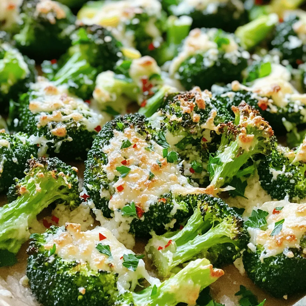 - 1 pound fresh broccoli florets: Choose vibrant green florets. They hold flavor well. - 3 tablespoons extra virgin olive oil: This oil adds richness and helps with roasting. - 2 cloves garlic, finely minced: Garlic gives a bold, savory taste to the dish. - 1 teaspoon fresh lemon zest: Lemon zest adds bright, zesty notes that lift the flavors. - 1/2 teaspoon crushed red pepper flakes: This is optional, but it adds a nice kick. - Salt and freshly ground black pepper: These enhance the flavors of the other ingredients. - 1/2 cup freshly grated Parmesan cheese: Use high-quality cheese for the best flavor. - 1 tablespoon freshly squeezed lemon juice: This adds a fresh pop of flavor just before serving. - 1 tablespoon fresh parsley, finely chopped: Garnish with parsley for color and freshness. This simple list makes it easy to gather everything you need for a tasty snack. Each ingredient plays a role in creating that delicious flavor. You can find the full recipe in the earlier section to guide you through the cooking process. Enjoy preparing this tasty treat! First, preheat your oven to 425°F (220°C). This ensures your broccoli cooks evenly. While the oven heats, line a large baking sheet with parchment paper. This makes for easy cleanup later. Next, take a big bowl and add the fresh broccoli florets. Pour in the extra virgin olive oil and sprinkle in the minced garlic and lemon zest. If you enjoy a bit of heat, toss in the crushed red pepper flakes. Season it all well with salt and pepper. Mix everything together until the broccoli is nicely coated. Now, spread the seasoned broccoli onto the prepared baking sheet. Make sure the florets sit in one layer. This helps them roast evenly. Place the baking sheet in the oven and roast the broccoli for about 15 minutes. You want it to become tender and a little caramelized. After 15 minutes, take the baking sheet out of the oven. Sprinkle the freshly grated Parmesan cheese over the broccoli. The heat will start to melt the cheese. Return the baking sheet to the oven for another 5-7 minutes. Look for the cheese to melt and turn golden brown. The broccoli should stay bright green and tender. Once baked, remove the sheet from the oven. Drizzle the roasted broccoli with fresh lemon juice. This adds a nice zing. Finally, sprinkle the chopped parsley on top for a pop of color. For a beautiful display, serve the Parmesan roasted broccoli on a vibrant platter. You can even add a few extra parsley leaves or lemon wedges around the edge. Enjoy this dish warm as a tasty snack or side! For the full recipe, click [here](link). - Ensuring even roasting: To get that perfect roast, spread the broccoli in a single layer on the baking sheet. This helps each piece cook evenly. If the florets overlap, they may steam instead of roast, and you want them crispy. - Achieving the perfect cheese melt: For the best melt, add the Parmesan cheese halfway through roasting. This gives it time to melt and form a lovely crust. Watch it closely, as you want it golden, not burnt. - Recommended spices & herbs: Besides the garlic and red pepper flakes, consider adding smoked paprika or a touch of cumin for a different flavor. Fresh herbs like thyme or oregano can also brighten the dish. - Ideas for additional toppings: Try adding toasted pine nuts or chopped walnuts for crunch. A drizzle of balsamic glaze can add a sweet tang that pairs well with the cheese and broccoli. {{image_4}} You can make Parmesan roasted broccoli even more exciting by switching up the cheese. Try using sharp cheddar for a bolder taste or crumbled feta for a tangy twist. Goat cheese also works well if you want a creamier texture. Each cheese brings its own flavor and aroma to the dish. You can also substitute other vegetables for the broccoli. Cauliflower florets can give a similar texture. Brussels sprouts are another great choice. Just cut them in half and follow the same steps. Carrots or asparagus can add a unique taste. The key is to roast vegetables until they are tender and slightly caramelized. If you want to make this dish vegan-friendly, simply skip the Parmesan cheese. You can add a sprinkle of nutritional yeast. This gives a cheesy flavor without dairy. You can also use vegan cheese alternatives to keep the cheesy goodness. For a gluten-free version, you don't need to make any changes! This recipe is naturally gluten-free. Just make sure to check any added ingredients like seasoning blends. Enjoy this snack without worries about gluten! To keep your roasted broccoli fresh, store it right. Place it in an airtight container. This helps prevent moisture loss. You can also use a glass container with a lid. Make sure to cool the broccoli before sealing. This keeps it crisp and tasty for longer. If you have extra, refrigerate it within two hours of cooking. Properly stored, it lasts for about 3-4 days. Reheating roasted broccoli can be tricky. You want to keep its texture and taste. The best way is to use the oven. Preheat the oven to 350°F (175°C). Spread the leftovers on a baking sheet. Heat for about 10-15 minutes. This warms the broccoli without making it soggy. If you’re in a hurry, you can use the microwave. Heat it in 30-second bursts. Stir it in between to ensure even heating. How long does Parmesan roasted broccoli last in the fridge? You can store Parmesan roasted broccoli in the fridge for about 3 to 5 days. Keep it in an airtight container to keep it fresh. Can I freeze roasted broccoli? Yes! You can freeze roasted broccoli. Just place it in a freezer-safe bag. It will last for up to 3 months. When you want to eat it, thaw it in the fridge before reheating. What can I serve with Parmesan roasted broccoli? Parmesan roasted broccoli pairs well with grilled chicken, fish, or pasta. It makes a great side for any meal. Try it with a squeeze of lemon for extra flavor! Can I prepare this dish in advance? Yes, you can prep the broccoli ahead of time. Wash and cut the broccoli, then toss it with oil and spices. Store it in the fridge for up to 24 hours. Just roast it when you’re ready. Is Parmesan roasted broccoli healthy? Yes! Parmesan roasted broccoli is a healthy snack. It’s low in calories and packed with vitamins. Broccoli is high in fiber and nutrients. Plus, the olive oil adds healthy fats! Caloric breakdown per serving A serving of Parmesan roasted broccoli has around 150 calories. This includes the oil and cheese. It’s a tasty and guilt-free way to enjoy veggies! In this article, we explored making Parmesan roasted broccoli, from ingredients to serving tips. We covered the main steps, like roasting and seasoning, ensuring you get the best flavor. We also shared storage advice and answered common questions. Enhance your meals with this healthy dish. It’s a great way to enjoy veggies. Try it and make your dinner more exciting!