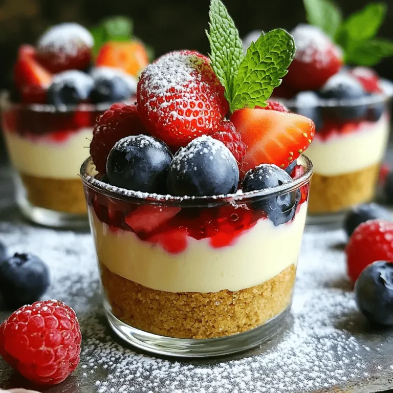 To make these delightful no-bake cheesecake cups, you need to gather a few key ingredients. Each adds its own charm to the dish. Here’s what you will need: - 1 cup cream cheese, softened to room temperature - 1 cup creamy Greek yogurt - 1/2 cup powdered sugar - 1 teaspoon pure vanilla extract - 1/4 cup heavy cream - 1 cup mixed fresh berries (strawberries, blueberries, and raspberries work well) - 1/2 cup crushed graham crackers - 2 tablespoons melted unsalted butter - Fresh mint leaves for an eye-catching garnish The cream cheese and Greek yogurt create a rich and creamy texture. The berries provide a burst of flavor and color. The graham crackers and butter form a crumbly crust that holds everything together. Feel free to explore the Full Recipe for detailed instructions on how to combine these ingredients into a delicious treat! 1. Mixing the cheesecake base Start by taking a large bowl. Add softened cream cheese, Greek yogurt, powdered sugar, and vanilla extract. Beat these items together with an electric mixer on medium speed. Mix until the blend is smooth and creamy. Make sure there are no lumps. This step is key for a creamy texture. 2. Whipping the cream In another bowl, pour in your heavy cream. Use a hand mixer or whisk to whip it. Keep whisking until you see stiff peaks form. This tells you the cream is fluffy enough. It adds air to your cheesecake, making it light. 3. Assembling the cups with crust and filling In a separate bowl, combine crushed graham crackers and melted butter. Stir until the crumbs feel like wet sand. Next, prepare your serving cups. Divide the graham cracker mixture equally among them. Press it down lightly with the back of a spoon. This forms a nice crust. Now, spoon in your cheesecake mixture on top of the crust. Fill each cup generously to the rim. 4. Chilling for optimal texture Top each cheesecake cup with a handful of mixed berries. This adds color and flavor. Place the cups in the refrigerator. Chill them for at least 2 hours. This step helps the cheesecake to set and flavors to develop. If you want to get fancy, add a mint leaf on top just before serving. You can find the Full Recipe for these delicious No-Bake Cheesecake Cups in the recipe section above. - Overmixing the cream cheese mixture: When you mix the cream cheese too much, it can become too soft. This makes your cheesecake cups less fluffy. Aim for a smooth blend, but stop once it’s creamy. - Not chilling the cups long enough: Chilling is key! If you don’t chill the cups for at least two hours, they won’t set properly. This can lead to a messy serve. Patience is a virtue here! - Using stale graham crackers: Freshness matters! Old graham crackers can ruin the crust's taste and texture. Be sure to check the date before using them. - Serving suggestions for a colorful display: Use a bright platter to serve your cheesecake cups. This adds color to your table. You can also arrange them in a circle or line. It makes a fun centerpiece! - Garnishing ideas to enhance visual appeal: Fresh mint leaves add a pop of green. You can also sprinkle some extra berries on top. This not only looks good but also tastes great! For a final touch, drizzle some berry sauce around the cups for extra flair. Follow these tips, and your No-Bake Cheesecake Cups will be a hit! For the full recipe, check the section above. {{image_4}} You can change up the flavors in your no-bake cheesecake cups. Here are some fun ideas: - Chocolate cheesecake option: Mix in melted chocolate or cocoa powder into the cream cheese mix. It adds a rich and sweet flavor that chocolate lovers will adore. - Lemon or citrus-infused cheesecake: Use fresh lemon juice and zest. This gives your cheesecake a bright and zesty taste that wakes up your palate. - Seasonal fruit variations: Swap the mixed berries for seasonal fruits. Think peaches in summer or apples in fall. Each fruit brings its own unique flavor. Toppings can add color and texture to your cheesecake cups. Consider these options: - Different berries or fruit compotes: Use strawberries, blueberries, or even mango puree. These toppings not only look great but also bring extra taste. - Whipped cream or chocolate shavings: A dollop of whipped cream adds lightness, while chocolate shavings give a touch of luxury. - Nut toppings for crunch: Sprinkle crushed nuts like almonds or walnuts on top. They add a nice crunch and a nutty flavor that pairs well with the creamy cheesecake. Feel free to mix and match these variations to create your perfect no-bake cheesecake cups. For the full recipe, check out the No-Bake Berry Delight Cheesecake Cups. To keep your No-Bake Cheesecake Cups fresh, store them in the fridge. Place the cups in an airtight container. This stops air from drying them out. If you want to save some for later, freezing is an option. Wrap each cup tightly in plastic wrap and then place them in a freezer-safe bag. This way, they stay fresh for longer. In the fridge, your cheesecake cups will stay fresh for about 3 to 5 days. After this time, they may not taste as good. Watch for signs of spoilage. If you see any mold or if they smell off, it’s best to toss them. Enjoy your treats while they are at their best! Yes, you can make these cheesecake cups a day in advance. This helps the flavors blend well. Just keep them in the fridge until you are ready to serve. The longer they chill, the better they taste. If you want a lighter option, use ricotta cheese. It gives a nice texture and taste. Another option is mascarpone cheese, which is also creamy and rich. The cheesecake cups are set when they feel firm to the touch. You can also check by gently shaking the cup. If the filling jiggles slightly, it needs more time in the fridge. Yes, you can! Use dairy-free cream cheese or cashew cream. Greek yogurt can be swapped for a dairy-free yogurt. This way, you can enjoy a tasty dessert that fits your diet. In this post, we explored how to make no-bake cheesecake cups. We covered the key ingredients, like cream cheese, fresh berries, and graham crackers. You learned step-by-step instructions to mix, whip, and chill your dessert. I also shared tips to avoid common mistakes, plus ideas for toppings and flavors. Remember, these treats are easy to store and adapt. Whether you stick to classic flavors or try new ones, enjoy the process. No-bake cheesecake cups are fun and tasty for everyone!