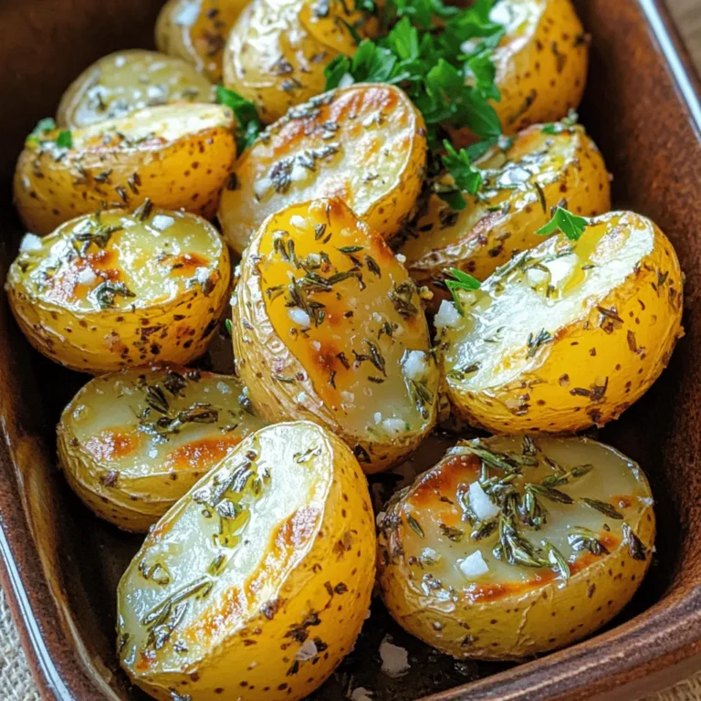To make garlic herb roasted baby potatoes, you need the following simple items: - 1.5 pounds baby potatoes, halved - 4 cloves garlic, finely minced - 3 tablespoons extra virgin olive oil - 1 teaspoon dried rosemary - 1 teaspoon dried thyme - 1 teaspoon dried oregano - Sea salt and freshly ground black pepper, to taste - Fresh parsley, chopped (for garnish) Fresh herbs and garlic are key to this dish. They bring bright flavors and aromas that lift the potatoes. Garlic adds a warm, rich taste. Fresh herbs, like parsley, rosemary, thyme, and oregano, give a garden-fresh feel. Using fresh ingredients makes your meal pop. They also provide health benefits, adding antioxidants and vitamins. If you don’t have certain ingredients, don’t worry! Here are some easy swaps: - Use regular potatoes instead of baby potatoes. Just cut them into smaller pieces. - Replace garlic with garlic powder if you’re in a pinch. - Use other herbs like basil or dill if you want different flavors. - Swap olive oil for melted butter for a richer taste. Experiment with what you have on hand. Cooking should be fun and flexible! For the complete process, check out the Full Recipe. Start by preheating your oven to 425°F (220°C). This step is vital. A hot oven helps the potatoes get crispy. It also cooks them evenly. In a large bowl, add 1.5 pounds of halved baby potatoes. Next, toss in 4 cloves of finely minced garlic. Add 3 tablespoons of extra virgin olive oil. Then, sprinkle in 1 teaspoon of dried rosemary, 1 teaspoon of dried thyme, and 1 teaspoon of dried oregano. Season the mix with sea salt and freshly ground black pepper. Use your hands or a spatula to gently coat the potatoes. Make sure each piece is covered well with the garlic and herbs. Line a baking sheet with parchment paper. This prevents sticking and makes cleanup easy. Spread the coated baby potatoes in a single layer on the sheet. Ensure they have enough space to roast well. Place the baking sheet in the oven. Roast the potatoes for 25-30 minutes. Halfway through, stir them gently to ensure even cooking. Look for a lovely golden-brown color and a tender texture. When done, take them out and let cool for a few minutes. Serve the garlic herb roasted baby potatoes in a dish. Finish by sprinkling chopped parsley on top for a fresh look. For the full recipe, check out the details above. To get those lovely crispy potatoes, start with dry baby potatoes. After washing, make sure to dry them well. This helps them crisp up in the oven. When you coat them with olive oil, don’t skimp. A good layer of oil helps create a nice crunch. Make sure to spread them out on the baking sheet. If they are too close, they will steam instead of roast. You can boost the flavor in many ways. Try adding lemon zest for a fresh twist. A sprinkle of paprika gives a nice smoky flavor. If you want some heat, add red pepper flakes. Fresh herbs like basil or dill can also be great additions. Experiment with what you have on hand. Each change can make the dish new and exciting. Even cooking is key to great roasted potatoes. When you cut the potatoes, try to make them all the same size. This ensures they cook at the same rate. Halfway through roasting, give them a stir. This helps them brown evenly and prevents sticking. Perfectly cooked potatoes should be golden and tender. Enjoy them fresh from the oven for the best taste! For the full recipe, check out Garlic Herb Roasted Baby Potatoes. {{image_4}} You can change the herbs and spices to fit your taste. For a bolder flavor, try adding smoked paprika or cumin. If you like a bit of heat, red pepper flakes work well. You can also swap in fresh herbs instead of dried ones. Use about three times more fresh herbs for the same flavor. Get creative with your spice choices. This recipe is already vegan and dairy-free, making it great for all diets. You can keep it simple with just the garlic and herbs. If you want more richness, add nutritional yeast for a cheesy flavor. This will boost the taste without adding dairy. It’s a great way to enjoy these potatoes while sticking to your dietary needs. Roasting other vegetables with your potatoes can add great flavor and texture. Carrots, bell peppers, and zucchini make excellent choices. Just cut them into similar sizes to the potatoes for even cooking. Brussels sprouts are another tasty option. Mix and match your favorites to create a colorful and vibrant dish. You can find the full recipe for Garlic Herb Roasted Baby Potatoes to try these ideas. After enjoying your garlic herb roasted baby potatoes, let them cool. Place them in an airtight container. Store them in the fridge. They stay fresh for about three to five days. If you want to keep them longer, consider freezing them. To reheat, preheat your oven to 350°F (175°C). Spread the potatoes on a baking sheet. Heat them for about 10 to 15 minutes. This helps restore their crispy texture. You can also use a microwave. However, this method can make them soft. To freeze, first cool the potatoes completely. Arrange them in a single layer on a baking sheet. Freeze them for about an hour. Once frozen, transfer them to a freezer-safe bag. They can last for up to two months in the freezer. When ready to eat, just reheat as described above. Enjoy them again, just like the first time! For the complete recipe, check out the [Full Recipe]. Yes, you can use larger potatoes. Just cut them into smaller pieces. Aim for similar sizes to ensure even cooking. The cooking time may change. Larger pieces may need more time in the oven. Always check for tenderness with a fork. To make Garlic Herb Roasted Baby Potatoes ahead, prep them in advance. You can wash, cut, and season the potatoes. Store them in the fridge for up to 24 hours. When ready to cook, just take them out and roast. This keeps the flavors fresh and tasty. These potatoes pair well with many dishes. Try serving them with grilled chicken or fish. They also go great with a fresh salad, steak, or roasted veggies. The flavors balance nicely with rich or light meals. For more ideas, check the Full Recipe for serving suggestions. This blog post covered how to make Garlic Herb Roasted Baby Potatoes. We explored ingredients, cooking steps, and helpful tips to achieve crispy potatoes. I also shared variations for flavor and storage advice. In conclusion, you now have the knowledge to make tasty roasted potatoes that everyone will love. Enjoy experimenting with this dish and make it your own!