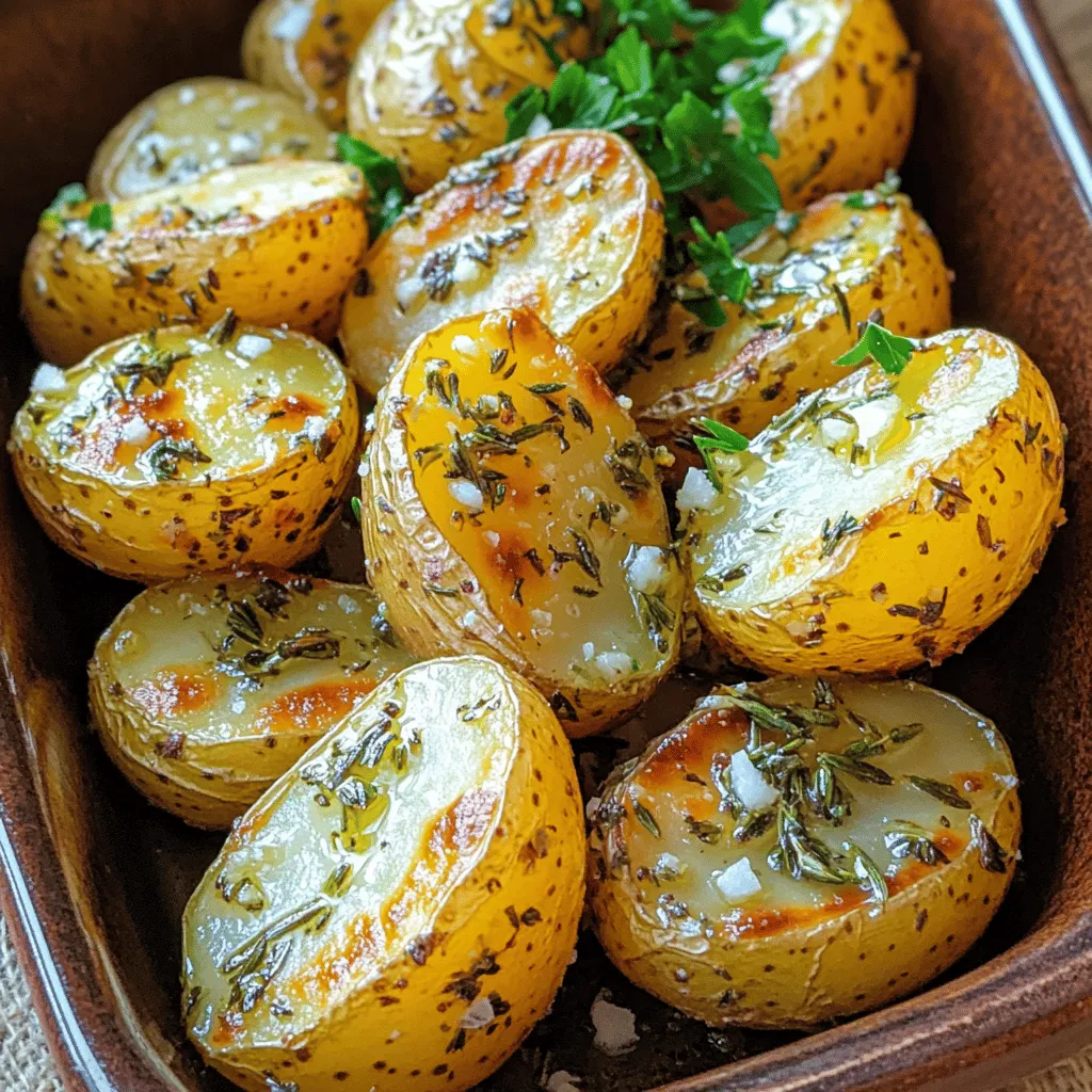 To make garlic herb roasted baby potatoes, you need the following simple items: - 1.5 pounds baby potatoes, halved - 4 cloves garlic, finely minced - 3 tablespoons extra virgin olive oil - 1 teaspoon dried rosemary - 1 teaspoon dried thyme - 1 teaspoon dried oregano - Sea salt and freshly ground black pepper, to taste - Fresh parsley, chopped (for garnish) Fresh herbs and garlic are key to this dish. They bring bright flavors and aromas that lift the potatoes. Garlic adds a warm, rich taste. Fresh herbs, like parsley, rosemary, thyme, and oregano, give a garden-fresh feel. Using fresh ingredients makes your meal pop. They also provide health benefits, adding antioxidants and vitamins. If you don’t have certain ingredients, don’t worry! Here are some easy swaps: - Use regular potatoes instead of baby potatoes. Just cut them into smaller pieces. - Replace garlic with garlic powder if you’re in a pinch. - Use other herbs like basil or dill if you want different flavors. - Swap olive oil for melted butter for a richer taste. Experiment with what you have on hand. Cooking should be fun and flexible! For the complete process, check out the Full Recipe. Start by preheating your oven to 425°F (220°C). This step is vital. A hot oven helps the potatoes get crispy. It also cooks them evenly. In a large bowl, add 1.5 pounds of halved baby potatoes. Next, toss in 4 cloves of finely minced garlic. Add 3 tablespoons of extra virgin olive oil. Then, sprinkle in 1 teaspoon of dried rosemary, 1 teaspoon of dried thyme, and 1 teaspoon of dried oregano. Season the mix with sea salt and freshly ground black pepper. Use your hands or a spatula to gently coat the potatoes. Make sure each piece is covered well with the garlic and herbs. Line a baking sheet with parchment paper. This prevents sticking and makes cleanup easy. Spread the coated baby potatoes in a single layer on the sheet. Ensure they have enough space to roast well. Place the baking sheet in the oven. Roast the potatoes for 25-30 minutes. Halfway through, stir them gently to ensure even cooking. Look for a lovely golden-brown color and a tender texture. When done, take them out and let cool for a few minutes. Serve the garlic herb roasted baby potatoes in a dish. Finish by sprinkling chopped parsley on top for a fresh look. For the full recipe, check out the details above. To get those lovely crispy potatoes, start with dry baby potatoes. After washing, make sure to dry them well. This helps them crisp up in the oven. When you coat them with olive oil, don’t skimp. A good layer of oil helps create a nice crunch. Make sure to spread them out on the baking sheet. If they are too close, they will steam instead of roast. You can boost the flavor in many ways. Try adding lemon zest for a fresh twist. A sprinkle of paprika gives a nice smoky flavor. If you want some heat, add red pepper flakes. Fresh herbs like basil or dill can also be great additions. Experiment with what you have on hand. Each change can make the dish new and exciting. Even cooking is key to great roasted potatoes. When you cut the potatoes, try to make them all the same size. This ensures they cook at the same rate. Halfway through roasting, give them a stir. This helps them brown evenly and prevents sticking. Perfectly cooked potatoes should be golden and tender. Enjoy them fresh from the oven for the best taste! For the full recipe, check out Garlic Herb Roasted Baby Potatoes. {{image_4}} You can change the herbs and spices to fit your taste. For a bolder flavor, try adding smoked paprika or cumin. If you like a bit of heat, red pepper flakes work well. You can also swap in fresh herbs instead of dried ones. Use about three times more fresh herbs for the same flavor. Get creative with your spice choices. This recipe is already vegan and dairy-free, making it great for all diets. You can keep it simple with just the garlic and herbs. If you want more richness, add nutritional yeast for a cheesy flavor. This will boost the taste without adding dairy. It’s a great way to enjoy these potatoes while sticking to your dietary needs. Roasting other vegetables with your potatoes can add great flavor and texture. Carrots, bell peppers, and zucchini make excellent choices. Just cut them into similar sizes to the potatoes for even cooking. Brussels sprouts are another tasty option. Mix and match your favorites to create a colorful and vibrant dish. You can find the full recipe for Garlic Herb Roasted Baby Potatoes to try these ideas. After enjoying your garlic herb roasted baby potatoes, let them cool. Place them in an airtight container. Store them in the fridge. They stay fresh for about three to five days. If you want to keep them longer, consider freezing them. To reheat, preheat your oven to 350°F (175°C). Spread the potatoes on a baking sheet. Heat them for about 10 to 15 minutes. This helps restore their crispy texture. You can also use a microwave. However, this method can make them soft. To freeze, first cool the potatoes completely. Arrange them in a single layer on a baking sheet. Freeze them for about an hour. Once frozen, transfer them to a freezer-safe bag. They can last for up to two months in the freezer. When ready to eat, just reheat as described above. Enjoy them again, just like the first time! For the complete recipe, check out the [Full Recipe]. Yes, you can use larger potatoes. Just cut them into smaller pieces. Aim for similar sizes to ensure even cooking. The cooking time may change. Larger pieces may need more time in the oven. Always check for tenderness with a fork. To make Garlic Herb Roasted Baby Potatoes ahead, prep them in advance. You can wash, cut, and season the potatoes. Store them in the fridge for up to 24 hours. When ready to cook, just take them out and roast. This keeps the flavors fresh and tasty. These potatoes pair well with many dishes. Try serving them with grilled chicken or fish. They also go great with a fresh salad, steak, or roasted veggies. The flavors balance nicely with rich or light meals. For more ideas, check the Full Recipe for serving suggestions. This blog post covered how to make Garlic Herb Roasted Baby Potatoes. We explored ingredients, cooking steps, and helpful tips to achieve crispy potatoes. I also shared variations for flavor and storage advice. In conclusion, you now have the knowledge to make tasty roasted potatoes that everyone will love. Enjoy experimenting with this dish and make it your own!