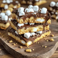 - 1 cup unsalted butter, softened - 3/4 cup granulated sugar - 3/4 cup packed brown sugar - 2 large eggs - 1 teaspoon pure vanilla extract - 2 1/4 cups all-purpose flour - 1 teaspoon baking soda - 1/2 teaspoon salt - 1 cup semi-sweet chocolate chips - 1 cup mini marshmallows - 1 cup graham cracker crumbs To make S'mores cookie bars, you need simple ingredients. Start with butter. It gives a nice, rich flavor. You’ll also need both granulated and brown sugar. This mix makes the bars sweet and chewy. Eggs help bind all the ingredients together. They add moisture too. Vanilla extract gives a lovely aroma and taste. All-purpose flour is the base of the cookie. Baking soda helps it rise, while salt balances the sweetness. For that classic S'mores flavor, graham cracker crumbs are key. Chocolate chips bring a melty goodness to the bars. Mini marshmallows add that gooey texture we all love. - Mixing bowls - Spatula - Baking dish (9x13-inch) - Parchment paper (optional) You will need a few tools to make these bars. A mixing bowl helps you combine the ingredients easily. A spatula is perfect for spreading the dough. A 9x13-inch baking dish is necessary for baking. Using parchment paper makes it easy to lift the bars out after baking. With these ingredients and tools ready, you are set to create a delightful treat! To see the complete process, check the Full Recipe. - Preheat the oven to 350°F (175°C). - Grease or line your baking dish with parchment paper. - In a large bowl, cream together 1 cup of softened butter, 3/4 cup of granulated sugar, and 3/4 cup of packed brown sugar. Mix until light and fluffy. - Next, add 2 large eggs, one at a time. Mix well after each egg. Stir in 1 teaspoon of pure vanilla extract until combined. - In a separate bowl, whisk together 2 1/4 cups of all-purpose flour, 1 teaspoon of baking soda, and 1/2 teaspoon of salt. Slowly fold this mixture into the wet ingredients until just combined. - Pour half of the cookie dough into the prepared baking dish. Spread it evenly across the bottom. - Sprinkle 1 cup of mini marshmallows and 1 cup of semi-sweet chocolate chips over the first layer of dough. - Top it with the remaining cookie dough, spreading it carefully to cover the marshmallows and chocolate. - Bake your S'mores cookie bars for 25-30 minutes. Look for golden-brown edges and test with a toothpick; it should come out with a few moist crumbs. - Let the bars cool completely in the pan. If you used parchment paper, lift them out. Cut into squares and enjoy! For the full recipe, check out the details above. To make great S'mores cookie bars, avoid overmixing the dough. Overmixing can make the bars tough. Mix just until the flour disappears. This keeps the bars soft and chewy. Also, choose high-quality chocolate chips. Good chocolate adds rich flavor. Look for semi-sweet or dark chocolate, depending on your taste. Quality ingredients really shine through in this treat. For a special touch, drizzle melted chocolate over the bars. This adds a lovely shine and extra sweetness. You can also serve the bars with ice cream. The cold ice cream pairs well with the warm cookie bars. It creates a delicious contrast and takes the treat to the next level. If your cookie bars turn out dry, add a splash of milk. This can help restore moisture. You can also try baking for a shorter time next time. For underbaked bars, simply return them to the oven. Bake for a few more minutes until firm. Keep an eye on them to ensure they don't overbake. Adjusting the baking time can lead to perfect results every time. For the complete recipe, check the Full Recipe section. {{image_4}} You can make S'mores cookie bars even more fun and tasty with some easy changes. - Using gluten-free flour: You can swap out all-purpose flour for a gluten-free blend. This keeps the bars chewy and delicious for everyone. Look for a blend that works well in baking. - Experimenting with different chocolate types: Try using dark chocolate or white chocolate chips. Each type brings a unique taste. Mix and match to find your favorite combo. - Adding peanut butter chips: Adding peanut butter chips gives your bars a nutty twist. The sweet and salty mix makes each bite extra special. - Mixing in nuts or dried fruit: Chopped nuts like walnuts or pecans add crunch. Dried fruits like cranberries or cherries can bring a tangy flavor. Be creative and find what you love. - Holiday-themed S'mores bars: For the holidays, add festive touches. You can use colored marshmallows or sprinkle festive candies on top. It makes your bars look great and taste even better. - Incorporating spices like cinnamon: A pinch of cinnamon can warm up your bars. This simple spice can make a big taste difference, especially in fall or winter. Feel free to play around with these ideas to create your own special S'mores cookie bars. Enjoy the process and the tasty results! For the full recipe, check out the details above. To keep your S'mores cookie bars fresh, store them at room temperature. Place them in an airtight container. This helps prevent them from drying out. You can also cover them tightly with plastic wrap. Enjoy these treats within a week for the best taste. If you want to save your cookie bars for later, freezing is a great option. First, cut the bars into squares. Wrap each square in plastic wrap. Then, put them in a freezer-safe bag or container. They can last up to three months in the freezer. When you want to enjoy them, simply take them out and let them thaw on the counter for about an hour. S'mores cookie bars last about a week at room temperature. Check for signs of spoilage, like a dry or hard texture. If they have an off smell or changed color, it’s best to throw them away. Enjoy your treats while they are fresh! For the full recipe, check out the earlier section. To make S'mores cookie bars from scratch, follow these easy steps: 1. Prepare for Baking: Preheat your oven to 350°F (175°C). Grease a 9x13-inch baking dish or use parchment paper. 2. Cream the Base: In a bowl, beat 1 cup of softened butter with 3/4 cup of granulated sugar and 3/4 cup of brown sugar until fluffy. 3. Incorporate Eggs: Add 2 large eggs, mixing one at a time. Stir in 1 teaspoon of vanilla extract. 4. Combine Dry Ingredients: In another bowl, whisk 2 1/4 cups flour, 1 teaspoon baking soda, and 1/2 teaspoon salt. 5. Mix Wet and Dry: Fold the dry mix into the wet mix. It's okay to have some flour streaks. 6. Add S'mores Elements: Fold in 1 cup of graham cracker crumbs and 1 cup of semi-sweet chocolate chips. 7. Layer the Dough: Spread half the dough in the dish, then top with 1 cup of mini marshmallows and some reserved chocolate chips. 8. Top Off: Spread the rest of the dough over the marshmallows. 9. Bake to Perfection: Bake for 25-30 minutes until golden brown on the edges. 10. Cool and Serve: Let the bars cool completely before cutting them into squares. Yes, you can make gluten-free S'mores cookie bars. Use gluten-free flour instead of all-purpose flour. Brands like Bob's Red Mill or King Arthur Flour offer great options. They usually give similar results in texture and taste. Also, check your graham crackers. Some brands make gluten-free versions. To tell if your S'mores cookie bars are done, look at the edges. They should be golden brown. Insert a toothpick in the center. If it comes out with moist crumbs, the bars are ready. If it’s wet with batter, bake a few more minutes. To keep your S'mores cookie bars fresh, store them in an airtight container. They can stay at room temperature for up to a week. If you want to keep them longer, wrap them well in plastic wrap and freeze. They last up to three months in the freezer. Absolutely! You can make these cookie bars your own. Try different types of chocolate chips, like dark or white chocolate. Add peanut butter chips or nuts for extra crunch. You could even mix in dried fruits for a fun twist. Explore your taste and get creative with the recipe! For the full recipe, check the earlier section. You can make delicious S'mores cookie bars using simple ingredients and tools. Start by mixing butter, sugars, and eggs. Layer the dough with chocolate chips and marshmallows for a tasty treat. Remember to store them right for the best flavor. Explore variations, like adding peanut butter chips or trying gluten-free flour. These bars are easy to adjust to your taste. Now that you know how to make and store them, enjoy sharing these treats. You’ll impress family and friends with your baking skills!
