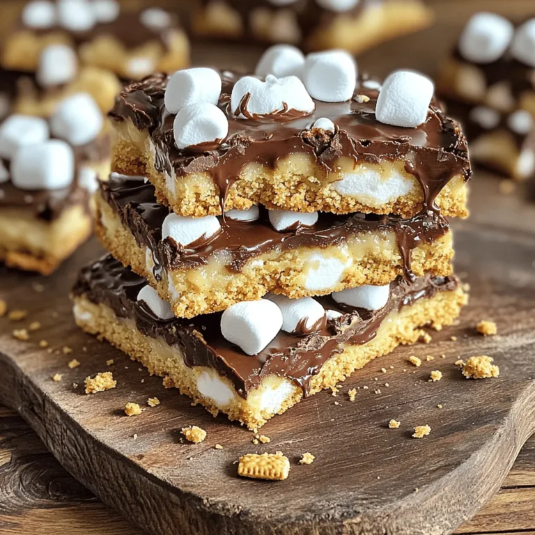 - 1 cup unsalted butter, softened - 3/4 cup granulated sugar - 3/4 cup packed brown sugar - 2 large eggs - 1 teaspoon pure vanilla extract - 2 1/4 cups all-purpose flour - 1 teaspoon baking soda - 1/2 teaspoon salt - 1 cup semi-sweet chocolate chips - 1 cup mini marshmallows - 1 cup graham cracker crumbs To make S'mores cookie bars, you need simple ingredients. Start with butter. It gives a nice, rich flavor. You’ll also need both granulated and brown sugar. This mix makes the bars sweet and chewy. Eggs help bind all the ingredients together. They add moisture too. Vanilla extract gives a lovely aroma and taste. All-purpose flour is the base of the cookie. Baking soda helps it rise, while salt balances the sweetness. For that classic S'mores flavor, graham cracker crumbs are key. Chocolate chips bring a melty goodness to the bars. Mini marshmallows add that gooey texture we all love. - Mixing bowls - Spatula - Baking dish (9x13-inch) - Parchment paper (optional) You will need a few tools to make these bars. A mixing bowl helps you combine the ingredients easily. A spatula is perfect for spreading the dough. A 9x13-inch baking dish is necessary for baking. Using parchment paper makes it easy to lift the bars out after baking. With these ingredients and tools ready, you are set to create a delightful treat! To see the complete process, check the Full Recipe. - Preheat the oven to 350°F (175°C). - Grease or line your baking dish with parchment paper. - In a large bowl, cream together 1 cup of softened butter, 3/4 cup of granulated sugar, and 3/4 cup of packed brown sugar. Mix until light and fluffy. - Next, add 2 large eggs, one at a time. Mix well after each egg. Stir in 1 teaspoon of pure vanilla extract until combined. - In a separate bowl, whisk together 2 1/4 cups of all-purpose flour, 1 teaspoon of baking soda, and 1/2 teaspoon of salt. Slowly fold this mixture into the wet ingredients until just combined. - Pour half of the cookie dough into the prepared baking dish. Spread it evenly across the bottom. - Sprinkle 1 cup of mini marshmallows and 1 cup of semi-sweet chocolate chips over the first layer of dough. - Top it with the remaining cookie dough, spreading it carefully to cover the marshmallows and chocolate. - Bake your S'mores cookie bars for 25-30 minutes. Look for golden-brown edges and test with a toothpick; it should come out with a few moist crumbs. - Let the bars cool completely in the pan. If you used parchment paper, lift them out. Cut into squares and enjoy! For the full recipe, check out the details above. To make great S'mores cookie bars, avoid overmixing the dough. Overmixing can make the bars tough. Mix just until the flour disappears. This keeps the bars soft and chewy. Also, choose high-quality chocolate chips. Good chocolate adds rich flavor. Look for semi-sweet or dark chocolate, depending on your taste. Quality ingredients really shine through in this treat. For a special touch, drizzle melted chocolate over the bars. This adds a lovely shine and extra sweetness. You can also serve the bars with ice cream. The cold ice cream pairs well with the warm cookie bars. It creates a delicious contrast and takes the treat to the next level. If your cookie bars turn out dry, add a splash of milk. This can help restore moisture. You can also try baking for a shorter time next time. For underbaked bars, simply return them to the oven. Bake for a few more minutes until firm. Keep an eye on them to ensure they don't overbake. Adjusting the baking time can lead to perfect results every time. For the complete recipe, check the Full Recipe section. {{image_4}} You can make S'mores cookie bars even more fun and tasty with some easy changes. - Using gluten-free flour: You can swap out all-purpose flour for a gluten-free blend. This keeps the bars chewy and delicious for everyone. Look for a blend that works well in baking. - Experimenting with different chocolate types: Try using dark chocolate or white chocolate chips. Each type brings a unique taste. Mix and match to find your favorite combo. - Adding peanut butter chips: Adding peanut butter chips gives your bars a nutty twist. The sweet and salty mix makes each bite extra special. - Mixing in nuts or dried fruit: Chopped nuts like walnuts or pecans add crunch. Dried fruits like cranberries or cherries can bring a tangy flavor. Be creative and find what you love. - Holiday-themed S'mores bars: For the holidays, add festive touches. You can use colored marshmallows or sprinkle festive candies on top. It makes your bars look great and taste even better. - Incorporating spices like cinnamon: A pinch of cinnamon can warm up your bars. This simple spice can make a big taste difference, especially in fall or winter. Feel free to play around with these ideas to create your own special S'mores cookie bars. Enjoy the process and the tasty results! For the full recipe, check out the details above. To keep your S'mores cookie bars fresh, store them at room temperature. Place them in an airtight container. This helps prevent them from drying out. You can also cover them tightly with plastic wrap. Enjoy these treats within a week for the best taste. If you want to save your cookie bars for later, freezing is a great option. First, cut the bars into squares. Wrap each square in plastic wrap. Then, put them in a freezer-safe bag or container. They can last up to three months in the freezer. When you want to enjoy them, simply take them out and let them thaw on the counter for about an hour. S'mores cookie bars last about a week at room temperature. Check for signs of spoilage, like a dry or hard texture. If they have an off smell or changed color, it’s best to throw them away. Enjoy your treats while they are fresh! For the full recipe, check out the earlier section. To make S'mores cookie bars from scratch, follow these easy steps: 1. Prepare for Baking: Preheat your oven to 350°F (175°C). Grease a 9x13-inch baking dish or use parchment paper. 2. Cream the Base: In a bowl, beat 1 cup of softened butter with 3/4 cup of granulated sugar and 3/4 cup of brown sugar until fluffy. 3. Incorporate Eggs: Add 2 large eggs, mixing one at a time. Stir in 1 teaspoon of vanilla extract. 4. Combine Dry Ingredients: In another bowl, whisk 2 1/4 cups flour, 1 teaspoon baking soda, and 1/2 teaspoon salt. 5. Mix Wet and Dry: Fold the dry mix into the wet mix. It's okay to have some flour streaks. 6. Add S'mores Elements: Fold in 1 cup of graham cracker crumbs and 1 cup of semi-sweet chocolate chips. 7. Layer the Dough: Spread half the dough in the dish, then top with 1 cup of mini marshmallows and some reserved chocolate chips. 8. Top Off: Spread the rest of the dough over the marshmallows. 9. Bake to Perfection: Bake for 25-30 minutes until golden brown on the edges. 10. Cool and Serve: Let the bars cool completely before cutting them into squares. Yes, you can make gluten-free S'mores cookie bars. Use gluten-free flour instead of all-purpose flour. Brands like Bob's Red Mill or King Arthur Flour offer great options. They usually give similar results in texture and taste. Also, check your graham crackers. Some brands make gluten-free versions. To tell if your S'mores cookie bars are done, look at the edges. They should be golden brown. Insert a toothpick in the center. If it comes out with moist crumbs, the bars are ready. If it’s wet with batter, bake a few more minutes. To keep your S'mores cookie bars fresh, store them in an airtight container. They can stay at room temperature for up to a week. If you want to keep them longer, wrap them well in plastic wrap and freeze. They last up to three months in the freezer. Absolutely! You can make these cookie bars your own. Try different types of chocolate chips, like dark or white chocolate. Add peanut butter chips or nuts for extra crunch. You could even mix in dried fruits for a fun twist. Explore your taste and get creative with the recipe! For the full recipe, check the earlier section. You can make delicious S'mores cookie bars using simple ingredients and tools. Start by mixing butter, sugars, and eggs. Layer the dough with chocolate chips and marshmallows for a tasty treat. Remember to store them right for the best flavor. Explore variations, like adding peanut butter chips or trying gluten-free flour. These bars are easy to adjust to your taste. Now that you know how to make and store them, enjoy sharing these treats. You’ll impress family and friends with your baking skills!