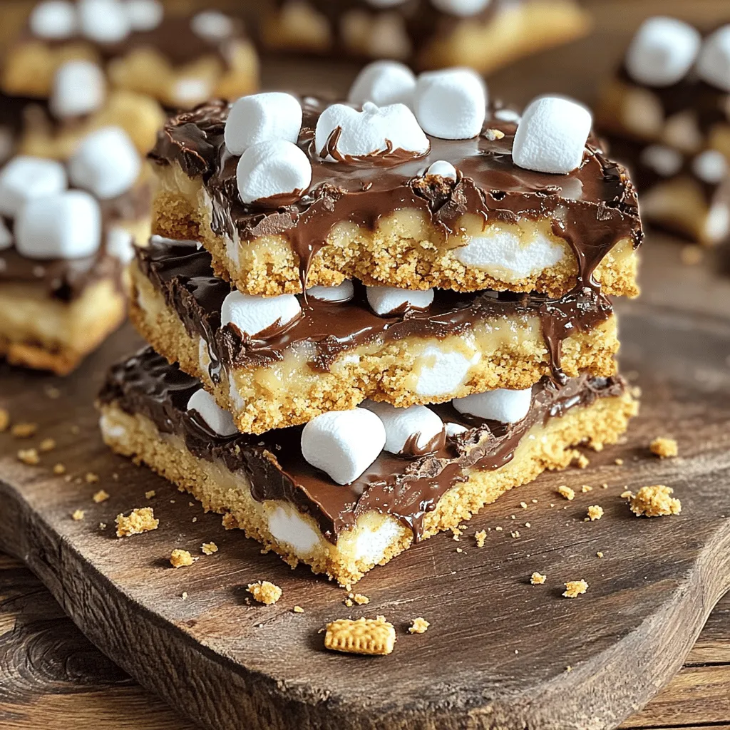 - 1 cup unsalted butter, softened - 3/4 cup granulated sugar - 3/4 cup packed brown sugar - 2 large eggs - 1 teaspoon pure vanilla extract - 2 1/4 cups all-purpose flour - 1 teaspoon baking soda - 1/2 teaspoon salt - 1 cup semi-sweet chocolate chips - 1 cup mini marshmallows - 1 cup graham cracker crumbs To make S'mores cookie bars, you need simple ingredients. Start with butter. It gives a nice, rich flavor. You’ll also need both granulated and brown sugar. This mix makes the bars sweet and chewy. Eggs help bind all the ingredients together. They add moisture too. Vanilla extract gives a lovely aroma and taste. All-purpose flour is the base of the cookie. Baking soda helps it rise, while salt balances the sweetness. For that classic S'mores flavor, graham cracker crumbs are key. Chocolate chips bring a melty goodness to the bars. Mini marshmallows add that gooey texture we all love. - Mixing bowls - Spatula - Baking dish (9x13-inch) - Parchment paper (optional) You will need a few tools to make these bars. A mixing bowl helps you combine the ingredients easily. A spatula is perfect for spreading the dough. A 9x13-inch baking dish is necessary for baking. Using parchment paper makes it easy to lift the bars out after baking. With these ingredients and tools ready, you are set to create a delightful treat! To see the complete process, check the Full Recipe. - Preheat the oven to 350°F (175°C). - Grease or line your baking dish with parchment paper. - In a large bowl, cream together 1 cup of softened butter, 3/4 cup of granulated sugar, and 3/4 cup of packed brown sugar. Mix until light and fluffy. - Next, add 2 large eggs, one at a time. Mix well after each egg. Stir in 1 teaspoon of pure vanilla extract until combined. - In a separate bowl, whisk together 2 1/4 cups of all-purpose flour, 1 teaspoon of baking soda, and 1/2 teaspoon of salt. Slowly fold this mixture into the wet ingredients until just combined. - Pour half of the cookie dough into the prepared baking dish. Spread it evenly across the bottom. - Sprinkle 1 cup of mini marshmallows and 1 cup of semi-sweet chocolate chips over the first layer of dough. - Top it with the remaining cookie dough, spreading it carefully to cover the marshmallows and chocolate. - Bake your S'mores cookie bars for 25-30 minutes. Look for golden-brown edges and test with a toothpick; it should come out with a few moist crumbs. - Let the bars cool completely in the pan. If you used parchment paper, lift them out. Cut into squares and enjoy! For the full recipe, check out the details above. To make great S'mores cookie bars, avoid overmixing the dough. Overmixing can make the bars tough. Mix just until the flour disappears. This keeps the bars soft and chewy. Also, choose high-quality chocolate chips. Good chocolate adds rich flavor. Look for semi-sweet or dark chocolate, depending on your taste. Quality ingredients really shine through in this treat. For a special touch, drizzle melted chocolate over the bars. This adds a lovely shine and extra sweetness. You can also serve the bars with ice cream. The cold ice cream pairs well with the warm cookie bars. It creates a delicious contrast and takes the treat to the next level. If your cookie bars turn out dry, add a splash of milk. This can help restore moisture. You can also try baking for a shorter time next time. For underbaked bars, simply return them to the oven. Bake for a few more minutes until firm. Keep an eye on them to ensure they don't overbake. Adjusting the baking time can lead to perfect results every time. For the complete recipe, check the Full Recipe section. {{image_4}} You can make S'mores cookie bars even more fun and tasty with some easy changes. - Using gluten-free flour: You can swap out all-purpose flour for a gluten-free blend. This keeps the bars chewy and delicious for everyone. Look for a blend that works well in baking. - Experimenting with different chocolate types: Try using dark chocolate or white chocolate chips. Each type brings a unique taste. Mix and match to find your favorite combo. - Adding peanut butter chips: Adding peanut butter chips gives your bars a nutty twist. The sweet and salty mix makes each bite extra special. - Mixing in nuts or dried fruit: Chopped nuts like walnuts or pecans add crunch. Dried fruits like cranberries or cherries can bring a tangy flavor. Be creative and find what you love. - Holiday-themed S'mores bars: For the holidays, add festive touches. You can use colored marshmallows or sprinkle festive candies on top. It makes your bars look great and taste even better. - Incorporating spices like cinnamon: A pinch of cinnamon can warm up your bars. This simple spice can make a big taste difference, especially in fall or winter. Feel free to play around with these ideas to create your own special S'mores cookie bars. Enjoy the process and the tasty results! For the full recipe, check out the details above. To keep your S'mores cookie bars fresh, store them at room temperature. Place them in an airtight container. This helps prevent them from drying out. You can also cover them tightly with plastic wrap. Enjoy these treats within a week for the best taste. If you want to save your cookie bars for later, freezing is a great option. First, cut the bars into squares. Wrap each square in plastic wrap. Then, put them in a freezer-safe bag or container. They can last up to three months in the freezer. When you want to enjoy them, simply take them out and let them thaw on the counter for about an hour. S'mores cookie bars last about a week at room temperature. Check for signs of spoilage, like a dry or hard texture. If they have an off smell or changed color, it’s best to throw them away. Enjoy your treats while they are fresh! For the full recipe, check out the earlier section. To make S'mores cookie bars from scratch, follow these easy steps: 1. Prepare for Baking: Preheat your oven to 350°F (175°C). Grease a 9x13-inch baking dish or use parchment paper. 2. Cream the Base: In a bowl, beat 1 cup of softened butter with 3/4 cup of granulated sugar and 3/4 cup of brown sugar until fluffy. 3. Incorporate Eggs: Add 2 large eggs, mixing one at a time. Stir in 1 teaspoon of vanilla extract. 4. Combine Dry Ingredients: In another bowl, whisk 2 1/4 cups flour, 1 teaspoon baking soda, and 1/2 teaspoon salt. 5. Mix Wet and Dry: Fold the dry mix into the wet mix. It's okay to have some flour streaks. 6. Add S'mores Elements: Fold in 1 cup of graham cracker crumbs and 1 cup of semi-sweet chocolate chips. 7. Layer the Dough: Spread half the dough in the dish, then top with 1 cup of mini marshmallows and some reserved chocolate chips. 8. Top Off: Spread the rest of the dough over the marshmallows. 9. Bake to Perfection: Bake for 25-30 minutes until golden brown on the edges. 10. Cool and Serve: Let the bars cool completely before cutting them into squares. Yes, you can make gluten-free S'mores cookie bars. Use gluten-free flour instead of all-purpose flour. Brands like Bob's Red Mill or King Arthur Flour offer great options. They usually give similar results in texture and taste. Also, check your graham crackers. Some brands make gluten-free versions. To tell if your S'mores cookie bars are done, look at the edges. They should be golden brown. Insert a toothpick in the center. If it comes out with moist crumbs, the bars are ready. If it’s wet with batter, bake a few more minutes. To keep your S'mores cookie bars fresh, store them in an airtight container. They can stay at room temperature for up to a week. If you want to keep them longer, wrap them well in plastic wrap and freeze. They last up to three months in the freezer. Absolutely! You can make these cookie bars your own. Try different types of chocolate chips, like dark or white chocolate. Add peanut butter chips or nuts for extra crunch. You could even mix in dried fruits for a fun twist. Explore your taste and get creative with the recipe! For the full recipe, check the earlier section. You can make delicious S'mores cookie bars using simple ingredients and tools. Start by mixing butter, sugars, and eggs. Layer the dough with chocolate chips and marshmallows for a tasty treat. Remember to store them right for the best flavor. Explore variations, like adding peanut butter chips or trying gluten-free flour. These bars are easy to adjust to your taste. Now that you know how to make and store them, enjoy sharing these treats. You’ll impress family and friends with your baking skills!