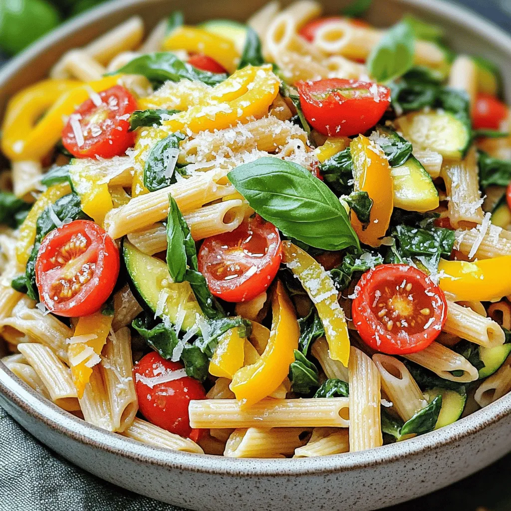 Here’s a list of what you need for Easy Pasta Primavera. These fresh ingredients create a bright and tasty dish. - 12 oz whole wheat pasta - 1 tablespoon extra virgin olive oil - 1 medium onion, thinly sliced - 3 cloves garlic, minced - 1 red bell pepper, cored and sliced - 1 yellow bell pepper, cored and sliced - 1 medium zucchini, chopped - 1 cup cherry tomatoes, halved - 1 cup fresh spinach leaves - 1 teaspoon dried oregano - Salt and pepper to taste - 1/4 cup grated Parmesan cheese (optional) - Fresh basil for garnish Using fresh, colorful veggies makes this dish pop. The whole wheat pasta gives a nutty flavor and boosts the fiber. I love the way the garlic and onions blend with the bell peppers. They create a sweet base that adds depth to the dish. The cherry tomatoes burst with flavor as they cook. The spinach wilts down nicely, adding a fresh touch. You can use any seasonal veggies you like, too! For instance, asparagus or broccoli also work well. You can find the Full Recipe at the end of this article. This will help you create a delicious dinner that is easy and quick. 1. Bring a large pot of water to a boil. 2. Add 12 oz of whole wheat pasta and a generous amount of salt. 3. Cook until al dente, according to the package instructions. 4. Drain the pasta and set it aside. Reserve a cup of the cooking water. 1. In a large skillet, heat 1 tablespoon of extra virgin olive oil over medium heat. 2. Add 1 medium onion, thinly sliced, and 3 cloves of minced garlic. 3. Sauté for about 3-4 minutes, until the onion turns translucent and fragrant. 1. Add 1 sliced red bell pepper, 1 sliced yellow bell pepper, and 1 chopped zucchini to the skillet. 2. Cook for 5-7 minutes, stirring occasionally, until the veggies soften and char a bit. 1. Add 1 cup of halved cherry tomatoes and 1 cup of fresh spinach leaves. 2. Cook for 2-3 minutes, until the spinach wilts and the tomatoes start to blister. 1. Toss the cooked pasta with the sautéed veggies in the skillet. 2. If it seems dry, add a splash of the reserved pasta cooking water to make a light sauce. 1. Season your dish with salt and freshly cracked pepper to taste. 2. If you like, sprinkle 1/4 cup of grated Parmesan cheese on top. 3. Garnish with fresh basil leaves for a pop of color and flavor. To make great pasta, you need to aim for the perfect texture. Al dente means "to the tooth" in Italian. It should feel firm when you bite into it. Here’s how to achieve that: - Boil water: Start with a large pot of water. Bring it to a rolling boil. - Salt the water: Add a good amount of salt. This step is key. It adds flavor to the pasta as it cooks. - Timing: Follow the package instructions for cooking time. Check the pasta one or two minutes before the time is up. Fresh herbs and spices can take your pasta primavera to the next level. Here are some ideas: - Use fresh herbs: Fresh basil or parsley adds a bright taste. Chop them finely and mix in at the end. - Dried spices: Dried oregano works well. It gives a warm flavor. If you use fresh herbs, cut back on dried ones. - Fresh vs. dried: Fresh ingredients often provide the best taste. However, dried herbs are handy. They last longer and are easy to store. How you serve your pasta matters. Here are some tips to make it look great: - Choose the right dish: Serve in shallow bowls. This way, you can show off the colorful veggies. - Garnishing: Finish with a sprinkle of Parmesan and some fresh basil leaves. This adds nice color and flavor. - Arranging: Place the vegetables on top of the pasta. This makes it look more appealing. For the full recipe, check out [Full Recipe]. {{image_4}} For a vegan pasta primavera, skip the cheese. This keeps the dish light and fresh. You can add plant-based proteins like chickpeas or tofu. These options boost nutrition and keep the meal filling. If you need gluten-free options, consider using pasta made from rice or corn. These alternatives work well and still taste great. You can also mix in different vegetables like carrots and broccoli. Each brings its own unique flavor to the dish. You can change this dish with the seasons. In spring or summer, use fresh peas and asparagus for a bright taste. In fall, try adding butternut squash or kale for warmth. Adapt your recipe to match what is fresh and in season. This makes your pasta primavera even more delightful. For the full recipe, check out the vibrant vegetable pasta primavera. To keep your Easy Pasta Primavera fresh, store leftovers right away. Let it cool for a few minutes. Then, place it in an airtight container. This helps avoid moisture loss and keeps flavors intact. I recommend using glass or BPA-free plastic containers. They seal well and are easy to clean. You can freeze your prepared pasta primavera for later use. First, let it cool completely. Next, transfer it to a freezer-safe container. Make sure to leave some space at the top for expansion. When you’re ready to eat, thaw it in the fridge overnight. Reheat it in a pan over low heat. Add a splash of water or olive oil to keep it moist. In the fridge, your pasta primavera can last for 3 to 4 days. In the freezer, it stays good for about 2 to 3 months. Just remember to label your containers with the date. This way, you know when it's time to enjoy your delicious dish again. Pasta primavera is a fresh pasta dish, filled with colorful vegetables. It began in Italy in the 1970s. The name means "spring pasta" in Italian. This dish celebrates seasonal vegetables, making it light and vibrant. Yes, you can prep some parts ahead. Cook the pasta and cool it. Store it in the fridge for up to three days. You can also chop the veggies a day before. Just keep them in a sealed bag. Cook the dish fresh when you’re ready to eat. You can add proteins like chicken, shrimp, or tofu. To change the veggies, try broccoli, asparagus, or carrots. This makes the dish fit your taste. Feel free to mix in new flavors or spices. Create your perfect blend. Pasta primavera pairs well with garlic bread or a green salad. You might also enjoy it with a light soup. These sides enhance the meal without overpowering it. They keep the focus on the pasta’s fresh flavors. Absolutely! You can try different shapes like spaghetti, farfalle, or shells. Each shape brings a unique texture. Whole wheat or gluten-free options work well too. Choose what you love or have on hand. Enjoy the flexibility! For the full recipe, check out the detailed cooking instructions. This easy Pasta Primavera recipe combines fresh veggies with whole wheat pasta. You learned how to cook perfect pasta and sauté vibrant vegetables. We also explored tasty variations like vegan and gluten-free options. Remember, using fresh herbs boosts flavor and makes your dish shine. With proper storage, leftovers can stay delicious for days. Try this dish for a quick and healthy meal that suits any season! Enjoy the fun of cooking and experimenting with your favorite ingredients.