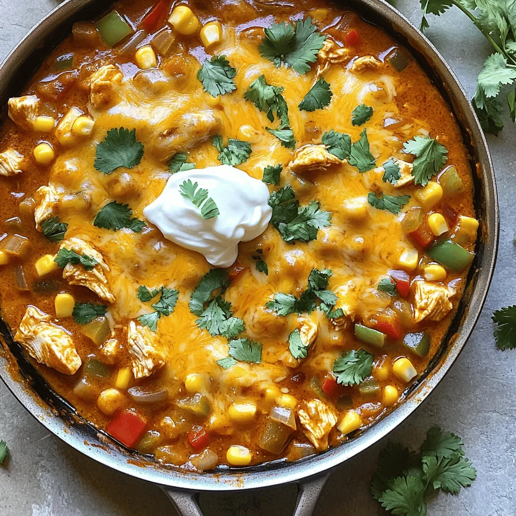 - 1 pound boneless, skinless chicken breast - 1 tablespoon olive oil - 1 small onion - 2 cloves garlic - 1 bell pepper - 1 can diced tomatoes with green chilies - 1 can enchilada sauce - 1 cup corn - 1 cup black beans - 2 cups shredded cheddar cheese - 1 teaspoon ground cumin - 1 teaspoon chili powder - Salt and black pepper - Fresh cilantro - Sour cream (optional) To make my Easy Cheesy Chicken Enchilada Skillet, you need some simple yet tasty ingredients. First, get your chicken. I like using boneless, skinless chicken breast. It cooks fast and stays juicy. Next, grab some fresh vegetables. You’ll want a small onion and two cloves of garlic for flavor. A bell pepper also adds a nice crunch and color. Choose any color you like! You can’t forget the canned goods. A can of diced tomatoes with green chilies gives a zesty kick. You’ll also need enchilada sauce to tie everything together. For extra texture, add corn and black beans. They bring great flavor and make the dish more filling. Finally, you’ll need cheese. I use two cups of shredded cheddar. It melts beautifully and adds a rich creaminess. Don’t forget to season your dish! Ground cumin and chili powder give warmth. Salt and black pepper enhance everything. For a fresh touch, top with chopped cilantro. If you like a creamy finish, add a dollop of sour cream. This Easy Cheesy Chicken Enchilada Skillet is not just quick to make but also a crowd-pleaser. Check the Full Recipe for more details! - Heat olive oil in a skillet. - Add and cook chicken until golden brown. Start by heating a tablespoon of olive oil in a large skillet over medium heat. I love using a non-stick skillet for this recipe, as it makes clean-up easier. Once the oil is hot, add one pound of diced chicken breast. Season the chicken with salt and pepper. Cook for about 5 to 7 minutes, stirring occasionally. You want the chicken to be golden brown and fully cooked. Once done, transfer the chicken to a separate plate and set it aside. - Add chopped onion, garlic, and bell pepper. - Sauté until translucent and fragrant. In the same skillet, do not clean it out. This is where all the flavor lives! Add one small finely chopped onion, two minced garlic cloves, and one diced bell pepper. I often choose a red or yellow bell pepper for a pop of color. Sauté these for about 3 to 4 minutes. The onion should turn translucent, and the bell pepper will soften. The smell will make your mouth water! - Stir in diced tomatoes, enchilada sauce, corn, black beans, cumin, and chili powder. - Let the mixture simmer. Next, stir in one can of undrained diced tomatoes with green chilies, one can of enchilada sauce, one cup of corn, and one cup of rinsed black beans. To spice things up, add one teaspoon of ground cumin and one teaspoon of chili powder. Mix everything well and let the mixture simmer. This helps the flavors blend beautifully together. - Return chicken to the skillet and mix. - Top with cheese, cover, and cook until melted. Now, return your cooked chicken to the skillet and mix everything together. Let it simmer for an additional 5 minutes. This step is key, as it allows the chicken to soak up all the rich flavors. Finally, sprinkle two cups of shredded cheddar cheese over the top. Cover the skillet with a lid and cook for 2 to 3 minutes. This melts the cheese perfectly, making it ooey and gooey. Enjoy your delicious creation! For the complete recipe, check out the Full Recipe. To save time, I always use pre-diced chicken. It cuts down on prep work. Also, I recommend pre-measuring and prepping your ingredients. This way, everything is ready to go when you start cooking. Want more heat? Add extra spices like cayenne or paprika. They pack a punch! For something special, try using smoked cheese. It gives a unique twist that elevates the dish. Serve the enchiladas right in the skillet. This gives a rustic look that impresses guests. To make it pop, use bright garnishes like fresh cilantro or lime wedges. An eye-catching dish tastes even better! You can find the Full Recipe linked above for all the details. {{image_4}} You can change the protein in this dish. If you want a different flavor, substitute chicken with ground turkey or beef. Both options are tasty and add a nice twist. For a vegetarian choice, use tofu instead of chicken. It soaks up the sauce and adds protein. Adjust the flavor to your liking! Experiment with different types of cheese. Cheddar is great, but Monterey Jack or pepper jack adds a nice kick. If you like spice, add jalapeños for some heat. You can also mix in more vegetables like zucchini or spinach for extra nutrients. This dish pairs well with rice or warm tortillas. You can scoop the enchilada skillet into tortillas for a fun meal. For a complete meal, serve it with a fresh side salad. A simple green salad with lime dressing works perfectly! To store leftovers, let the skillet cool first. Then, transfer the chicken enchilada to an airtight container. This keeps it fresh for 3 to 4 days. You can use glass or plastic containers. Make sure they are safe for the fridge. For reheating, the best method is using the stove. Heat it over low to medium heat. Stir often to warm it evenly. You can also use the microwave. Place it in a microwave-safe dish. Use a cover to keep moisture in. This helps maintain texture and flavor. To freeze, let the dish cool completely. Then, transfer it to a freezer-safe container. Label the container with the date. It will last for up to 3 months. When you’re ready to eat, thaw it overnight in the fridge. Reheat it on the stove or in the microwave for best results. Yes, you can prepare this dish ahead. Cook the chicken and veggies, then store them in the fridge. You can mix in the sauce and cheese just before serving. This keeps everything fresh. You can use salsa or taco sauce as a substitute. Another option is to mix tomato sauce with spices like cumin and chili powder. Homemade enchilada sauce is also easy to make if you have the time. To add more heat, include diced jalapeños or a dash of hot sauce. You can also use spicy enchilada sauce or add crushed red pepper flakes. Adjust the spice level to fit your taste. Yes, you can use frozen chicken. Cook it in the skillet until fully done. Just make sure to thaw it first for even cooking. Keep in mind that it may take a bit longer to cook through. This dish pairs well with rice or warm tortillas. A fresh salad or guacamole also complements the flavors nicely. For a crunch, serve with tortilla chips on the side. This blog post covered a tasty chicken dish. We discussed the main ingredients, cooking steps, and tips. You can also try variations for flavor and protein. Remember to store leftovers properly for later meals. Experimenting with spices can make your dish even better. I hope you feel ready to make this delicious recipe at home and enjoy it with friends or family. Happy cooking, and don't forget to share your experience!