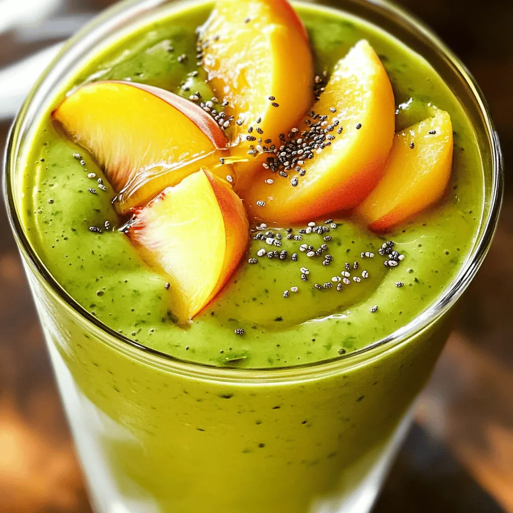 To make a Peach Spinach Smoothie, you need a few key ingredients. Here’s what you will need: - 1 ripe peach, pitted and sliced - 1 cup fresh spinach leaves, well-packed - 1/2 ripe banana, peeled - 1 cup almond milk (or any milk of your choice) - 1 tablespoon chia seeds - A handful of ice cubes These ingredients combine well to create a creamy and healthy drink. The peach adds sweetness, while spinach gives nutrients. You can make your smoothie sweeter if you like. Here are some options: - 1 tablespoon honey - 1 tablespoon maple syrup These sweeteners are great if you prefer a little extra flavor. Just add them to the blender before mixing. Toppings can make your smoothie even better. Here are some ideas: - Extra chia seeds - A slice of peach - A few fresh mint leaves These toppings not only look nice but can also add a bit more flavor and crunch. You can find the full recipe above for all the details on making this delicious drink. First, gather all your ingredients. You need a ripe peach, fresh spinach, a banana, almond milk, chia seeds, and ice. Rinse the spinach leaves well under cool water. This step is key to removing dirt. After rinsing, pat the leaves dry with a towel or use a salad spinner. Slice the peach and banana into smaller pieces. This makes them easier to blend. In your high-powered blender, add the sliced peach, spinach, banana, almond milk, and chia seeds. If you like your smoothie sweeter, add honey or maple syrup now. Blend everything on high speed for 30 to 60 seconds. Stop and scrape the sides if needed. This ensures a smooth mixture, free from lumps. After blending, taste your smoothie. If it isn't sweet enough, add more honey or maple syrup. Blend for a few more seconds to mix in the sweetness. For a colder smoothie, add ice cubes and blend again. This gives it a nice, thick texture. Adjust the sweetness and texture until it’s just right. Enjoy your delicious Peach Spinach Smoothie right away! For the full recipe, refer to [Full Recipe]. When it comes to making your Peach Spinach Smoothie, the right blender makes a big difference. I recommend using a high-speed blender. Brands like Vitamix or Ninja work well. These blenders can crush ice and blend tough greens like spinach smoothly. A smaller personal blender can also do the job if you only make one serving. Just make sure it has enough power to blend everything well. To get that creamy and smooth texture, start by adding your liquids first. Pour in the almond milk or any milk you choose. Then add the softer ingredients, like banana and peach. Finally, add the spinach and chia seeds on top. This order helps the blender work better. Blend on high speed for about 30 to 60 seconds. If it's too thick, add a bit more milk. If it’s too thin, add more spinach or ice. To keep your smoothie fresh, use ripe fruits. A ripe peach adds sweetness and flavor. You can also try adding lemon juice to brighten the taste. If you want more flavor, consider adding fresh herbs like mint. Always taste your smoothie before serving. If it needs a boost, add a little honey or maple syrup. Enjoy your Peach Spinach Smoothie right after making it for the best taste. For the full recipe, check out the details provided above. {{image_4}} You can change the flavor of your Peach Spinach Smoothie by adding different fruits. Here are some great options: - Mango: Adds a tropical touch and sweetness. - Berries: Blueberries or strawberries boost antioxidants and flavor. - Pineapple: Adds a zesty kick and extra vitamin C. - Apple: Provides crispness and natural sweetness. Mix and match these fruits to find your favorite blend! If you want a dairy-free or vegan smoothie, use plant-based milk. Almond milk, coconut milk, or oat milk works great. You can also skip the honey and use maple syrup or agave instead. This keeps your smoothie creamy and delicious while meeting dietary needs. You can make your Peach Spinach Smoothie even healthier with some add-ins. Here are a few ideas: - Protein Powder: A scoop can make it filling for breakfast. - Nut Butter: Adds healthy fats and protein. Try almond or peanut butter. - Flaxseeds or Hemp Seeds: They boost omega-3s and fiber. - Greek Yogurt: Adds creaminess and probiotics for gut health. These add-ins not only enhance flavor but also pack a nutritional punch! For the complete recipe, check the [Full Recipe]. To keep your peach spinach smoothie fresh, store it in an airtight jar. A mason jar works great. Make sure to fill it to the top to limit air exposure. This helps maintain flavor and nutrients. Place the jar in the fridge. It should stay good for up to 24 hours. After that, the color may change, and the taste may fade. You can freeze smoothies for later use. Pour your smoothie into ice cube trays or freezer-safe bags. If you use bags, lay them flat in the freezer. When you're ready to enjoy, simply blend the frozen cubes with a little milk. This method is perfect for meal prepping. You can have a smoothie ready in minutes! Stored smoothies may separate after sitting. This is normal and easy to fix. Just give the jar a good shake before drinking. If the texture seems thick, add a splash of milk. Blend it again if you want a creamier texture. Enjoy your peach spinach smoothie just like you made it fresh! A Peach Spinach Smoothie packs a punch of nutrients. Peaches are high in vitamins A and C. They help boost your immune system and keep your skin healthy. Spinach is a superfood. It is full of iron and calcium, which support strong bones. This smoothie is also rich in fiber. Fiber aids digestion and keeps you full longer. Chia seeds add healthy omega-3 fatty acids, good for heart health. Overall, this smoothie is a tasty way to get your daily vitamins. Yes, you can easily swap ingredients. If you don’t have peaches, try mango or pear. They will add a sweet flavor. If you dislike spinach, use kale instead. It has similar health benefits. You can use coconut milk or soy milk if you want a different base. For a creamier texture, add yogurt. You can adjust the recipe based on what you like or have at home. Making a Peach Spinach Smoothie without a blender is possible! Start by mashing the peach and banana with a fork until smooth. Chop the spinach finely. Mix the mashed fruit and spinach in a bowl. Add the milk and chia seeds. Stir well until everything is combined. For a smoother drink, use a whisk or a fork. Pour it into a glass and enjoy! This method may take a bit longer, but it still tastes great. For the full recipe, check the main article. The peach spinach smoothie is easy to make and packed with nutrients. We explored key ingredients, blending tips, and fun variations to suit your taste. Remember to use a good blender for the best smoothness. You can also customize your smoothie with different fruits and toppings. Store extra smoothies wisely for freshness. Enjoy this tasty drink, knowing it fuels your body well. Stay creative and have fun mixing and matching flavors for unique blends!