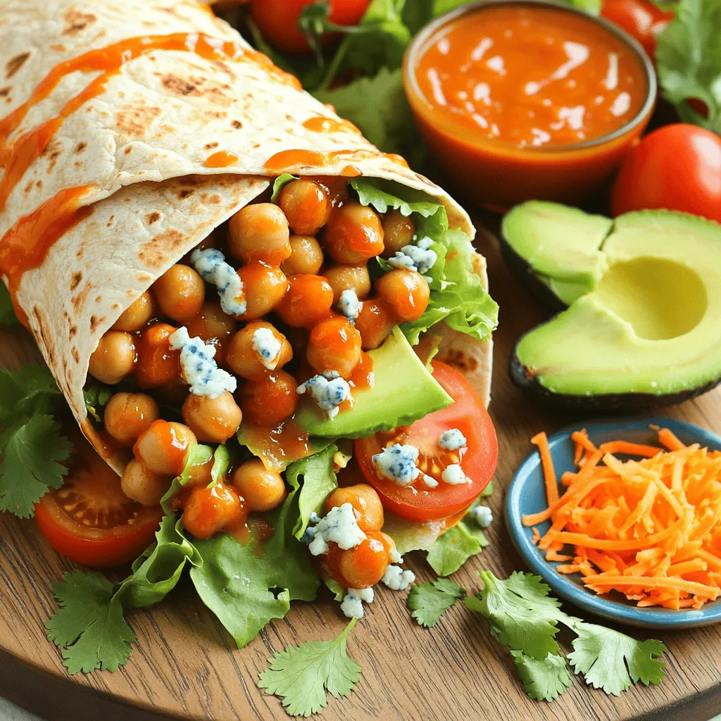 To make delicious Buffalo Chickpea Wraps, you'll need these key items: - 1 can (15 oz) chickpeas, thoroughly drained and rinsed - 2 tablespoons extra-virgin olive oil - 1/2 cup buffalo sauce (adjust for desired heat) - 1/2 teaspoon garlic powder - 1/2 teaspoon onion powder - Sea salt and freshly ground black pepper, to taste - 4 large whole wheat or spinach tortillas - 1 cup crisp shredded lettuce - 1/2 cup ripe diced tomatoes - 1 avocado, sliced into wedges - 1/2 cup shredded carrots These ingredients create a robust flavor profile that balances spice and freshness. For a twist, consider adding: - 1/4 cup crumbled blue cheese or vegan cheese - Fresh cilantro or parsley leaves for garnish These optional ingredients enhance the taste and add visual appeal to your wraps. Each serving of Buffalo Chickpea Wraps offers a healthy mix of protein, fiber, and vitamins. Chickpeas provide plant-based protein, while veggies like tomatoes and lettuce add essential nutrients. This meal is filling and supports a balanced diet. The wraps are also adaptable for various diets, making them a great choice for anyone. You can find the full recipe linked above, which guides you through each step to create this tasty dish. Start by gathering your ingredients. You need one can of chickpeas, extra-virgin olive oil, buffalo sauce, garlic powder, onion powder, sea salt, and black pepper. Drain and rinse the chickpeas well. This step removes extra sodium and gives a fresh taste. In a large bowl, mix the chickpeas with olive oil, buffalo sauce, garlic powder, onion powder, salt, and pepper. Toss gently until each chickpea is covered in the spicy sauce. Next, heat a non-stick skillet over medium heat. Once the skillet is hot, add your chickpea mixture. Cook for 5-7 minutes, stirring often. You want the chickpeas to get hot and crispy. The heat will help the flavors blend and create a tasty coating. Now, it’s time to assemble your wraps! Warm each tortilla in a separate skillet for about one minute on each side. This makes them easy to fold. Place a handful of crisp shredded lettuce in the center of each tortilla. Then, add a layer of the spicy buffalo chickpeas. Top with diced tomatoes, avocado wedges, and shredded carrots. If you like blue cheese, sprinkle some on top for extra flavor. To wrap it up, fold the sides of the tortilla inward. Roll from the bottom to the top to secure the filling. Repeat this with the remaining tortillas and chickpea filling. For a beautiful presentation, cut each wrap in half and garnish with fresh herbs. You can find the full recipe above for more detailed steps. Enjoy your tasty Buffalo Chickpea Wraps! To make buffalo chickpea wraps even tastier, use fresh herbs. Fresh cilantro or parsley can brighten the dish. You can also add a squeeze of lime juice for extra zest. If you like creaminess, try a dollop of yogurt or ranch dressing. Mix it right in before you wrap. For more heat, add diced jalapeños or a sprinkle of cayenne pepper. These wraps are great on their own, but you can make them a full meal. Serve them with a side of crunchy carrot sticks or celery. A small bowl of extra buffalo sauce makes a fun dip. You can even add a fresh salad on the side. This adds color and freshness to your plate. Make your wraps look amazing! Cut each wrap in half diagonally. This shows off the colorful filling inside. Arrange the halves on a large platter. Add fresh herbs on top for a pop of green. Place a small bowl of buffalo sauce next to the wraps. This invites guests to dip and enjoy. Your buffalo chickpea wraps will be a hit! For the full recipe, check the recipe section above. {{image_4}} You can make buffalo chickpea wraps vegan and gluten-free. For a vegan wrap, skip the blue cheese or use vegan cheese. Whole wheat tortillas can contain gluten. Choose gluten-free tortillas made from corn or rice for a safe option. Many stores offer tasty gluten-free wraps. Add more flavor and texture with extra fillings! Try diced bell peppers or sliced cucumbers for a crunch. You can also add fresh spinach or arugula for greens. Consider adding a spoonful of hummus for creaminess. Each filling changes the taste and makes your wrap unique. Buffalo sauce is great, but you can mix it up! Try BBQ sauce for a sweet twist. A spicy ranch dressing adds creaminess and heat. If you love garlic, use garlic aioli for rich flavor. Each sauce turns your wrap into a new experience. For the full recipe, check out the details provided. To keep your buffalo chickpea wraps fresh, store them in an airtight container. Place them in the fridge for up to three days. If you have leftover filling, store it separately. This way, your wraps won't get soggy. When you're ready to enjoy the leftovers, reheat the filling. Use a microwave-safe dish and heat it for about one minute. Stir halfway through to ensure even heating. For a crispy wrap, warm the tortilla in a pan for about 30 seconds on each side. Then, fill it with the heated chickpea mix. To make meal prep easy, prepare the chickpea filling ahead of time. Store it in the fridge and assemble the wraps when you're ready to eat. This helps keep the tortillas fresh and the filling hot. You can also chop the veggies in advance for quicker assembly. Buffalo chickpea wraps are tasty, spicy meals. They use chickpeas tossed in buffalo sauce. You wrap them in tortillas with fresh veggies. These wraps are great for lunch or dinner. They are easy to make, healthy, and packed with flavor. The mix of chickpeas and sauce gives a fun twist to your meal. You can find the full recipe at the end of the article. Yes, you can use different beans if you want. Black beans or kidney beans work well too. They will change the taste a bit but still taste great. Just make sure to rinse and drain them like chickpeas. The key is to have beans that can soak up the sauce. This helps to keep the wraps flavorful and fun to eat. To make the recipe spicier, add more buffalo sauce. You can also mix in red pepper flakes. If you like heat, try adding chopped jalapeños too. Another option is to use a hot sauce you love. Just remember to taste as you go. This way, you can find the right heat level for you. Enjoy the kick! In this post, we explored buffalo chickpea wraps. We covered the key ingredients, from essential to optional, and shared the nutrition facts. I gave you step-by-step instructions for preparation and cooking. Tips enhanced flavor and presentation ideas. We also discussed variations, storage best practices, and answered common questions. Now, it’s time for you to try this fun recipe. Enjoy making these wraps at home and impress your friends with your skills!