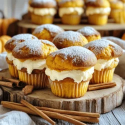 - 2 cups all-purpose flour - 1 teaspoon baking soda - 1 teaspoon baking powder - 1 teaspoon ground cinnamon - ½ teaspoon ground nutmeg - ¼ teaspoon ground cloves - ½ teaspoon salt - 1 cup granulated sugar - ½ cup light brown sugar, packed - ½ cup vegetable oil - 1 cup canned pumpkin puree - 2 large eggs - 1 teaspoon vanilla extract - 8 oz cream cheese, softened - 2 tablespoons powdered sugar - 1 teaspoon vanilla extract (for the cream cheese filling) I love using simple ingredients that pack a lot of flavor. For these muffins, I focus on fresh spices. Ground cinnamon, nutmeg, and cloves give a cozy taste. The pumpkin puree adds moisture and a rich color. You can find most of these staples in your kitchen. The cream cheese filling creates a sweet surprise inside each muffin. When you gather your ingredients, ensure your cream cheese is soft. This helps it blend smoothly with the sugar. The light brown sugar adds a hint of caramel flavor. The mix of granulated and brown sugar gives the muffins the right sweetness. I recommend using canned pumpkin puree for ease. It’s smooth and ready to use. If you want a twist, try making your own from fresh pumpkins. Just remember to cook and puree it well. Using these ingredients, you can create a delightful treat. The muffins are perfect for breakfast or a snack. They also make great gifts for friends and family. Follow the Full Recipe to create these tasty delights! - Preheat oven to 350°F (175°C) - Prepare muffin tin with liners or grease - Mix dry ingredients in a medium bowl First, preheat your oven to 350°F (175°C). This helps the muffins rise nicely. Next, grab your muffin tin. You can either use paper liners or grease the tin with cooking spray. This keeps the muffins from sticking. Now, in a medium bowl, combine the dry ingredients. Mix together the flour, baking soda, baking powder, cinnamon, nutmeg, cloves, and salt. Whisk it all until it's well combined. Set this dry mix aside for later. - Blend sugars and oil in a large bowl - Add pumpkin puree, eggs, and vanilla to the mixture - Gradually incorporate the dry mix into the wet ingredients In a large bowl, blend the granulated sugar, brown sugar, and vegetable oil. Use a whisk to mix it well. Once it looks smooth, add in the pumpkin puree, eggs, and vanilla extract. Mix everything until it’s creamy. Now, take the dry mix you set aside. Gradually add it to the wet ingredients. Stir gently until just combined. It’s okay if there are a few lumps. - Beat cream cheese with powdered sugar and vanilla until creamy - Assemble muffins with pumpkin batter and cream cheese filling Next, we make the cream cheese filling. In a separate bowl, beat the softened cream cheese with powdered sugar and vanilla extract. Keep mixing until it’s nice and creamy. Now it’s time to assemble the muffins. Fill each muffin cup halfway with pumpkin batter. Then, drop a spoonful of cream cheese into the center. Top it off with more pumpkin batter until the cup is about ¾ full. - Fill muffin cups and bake for 18-22 minutes - Cool muffins in the pan briefly before transferring them Now, it’s time to bake! Place the muffin tin in the oven and bake for 18-22 minutes. To check if they are done, insert a toothpick into the pumpkin part. If it comes out clean, your muffins are ready. Allow them to cool in the pan for a few minutes. Then, carefully transfer them to a wire rack to cool completely. For the best taste, enjoy your muffins warm! - Avoid over-mixing the batter. When you mix the batter, stop as soon as it comes together. A few lumps are okay. Over-mixing can make the muffins tough. You want them soft and tender. - Check doneness with a toothpick. Insert a toothpick into the center of a muffin. If it comes out clean, your muffins are ready. This quick check helps avoid undercooked or dry muffins. - Dust with powdered sugar for serving. Once the muffins cool, sprinkle a little powdered sugar on top. This adds a lovely touch and makes them look fancy. It’s simple yet effective! - Use cinnamon sticks for garnish. Place a cinnamon stick beside each muffin on the platter. It gives a warm, inviting feel. Plus, it hints at the cozy flavors inside. You might even find it fun to stir your coffee with them! For the full recipe, you can refer to the earlier section. Follow these tips, and your Pumpkin Cream Cheese Stuffed Muffins will turn out perfectly delicious! {{image_4}} You can easily change the flavor of your muffins. - Incorporate chocolate chips: Adding chocolate chips gives a rich taste. I love using dark chocolate chips for a nice contrast with pumpkin. It adds a sweet touch that many enjoy. Just fold in about a cup of chips into the batter before you fill the muffin cups. - Add nuts like walnuts or pecans: Chopped nuts add a nice crunch. They also bring a warm flavor. I recommend using about half a cup. Just mix them into the batter with the chocolate chips or on their own. You can adapt this recipe to fit your needs. - Substitute gluten-free flour: If you need a gluten-free option, use a gluten-free flour blend. This swap keeps the muffins tasty while meeting dietary needs. Just measure it in the same way as regular flour. - Use low-fat cream cheese for a lighter option: For a lighter treat, swap regular cream cheese with low-fat cream cheese. This change keeps the creaminess while cutting calories. Don't worry; the flavor will still be delicious! For the complete recipe, refer to the [Full Recipe]. Store your pumpkin cream cheese stuffed muffins at room temperature for up to three days. Keep them in an airtight container to maintain their softness. If you want to keep them fresh longer, refrigerate them. This will help prevent them from drying out. Freezing muffins is easy and keeps them tasty. First, let the muffins cool completely. Wrap each muffin in plastic wrap. Then place them in a freezer bag. Make sure to squeeze out the air to avoid freezer burn. For best results, use the muffins within three months. To thaw, simply take a muffin out of the freezer. Leave it at room temperature for a few hours. You can also microwave it for a few seconds if you're in a hurry. This way, you can enjoy your delicious pumpkin cream cheese stuffed muffins anytime! For the full recipe, check out the full recipe section. Yes, you can use fresh pumpkin. Start with a small pumpkin. Cut it, remove the seeds, and cook it until soft. You can roast or steam it. Once soft, mash it or blend it until smooth. Measure out one cup of this fresh pumpkin puree. This method gives a fresh taste. To check for doneness, use a toothpick. Insert it into the center of a muffin. If it comes out clean, the muffins are ready. If it has wet batter on it, bake a few more minutes. The tops should be golden brown and spring back when touched. Yes! You can use dairy-free cream cheese. Brands like Tofutti or Kite Hill work well. Also, replace the butter with coconut oil or a similar product. You can still enjoy these muffins without dairy. These pumpkin muffins are easy to make and very tasty. We covered the ingredients, step-by-step instructions, and helpful tips to ensure success. You can personalize them with your favorite add-ins or adapt them for dietary needs. When stored properly, these muffins stay fresh and delicious for days. Enjoy your baking adventure and treat your family to a warm, spiced delight. You will be proud of your homemade muffins!