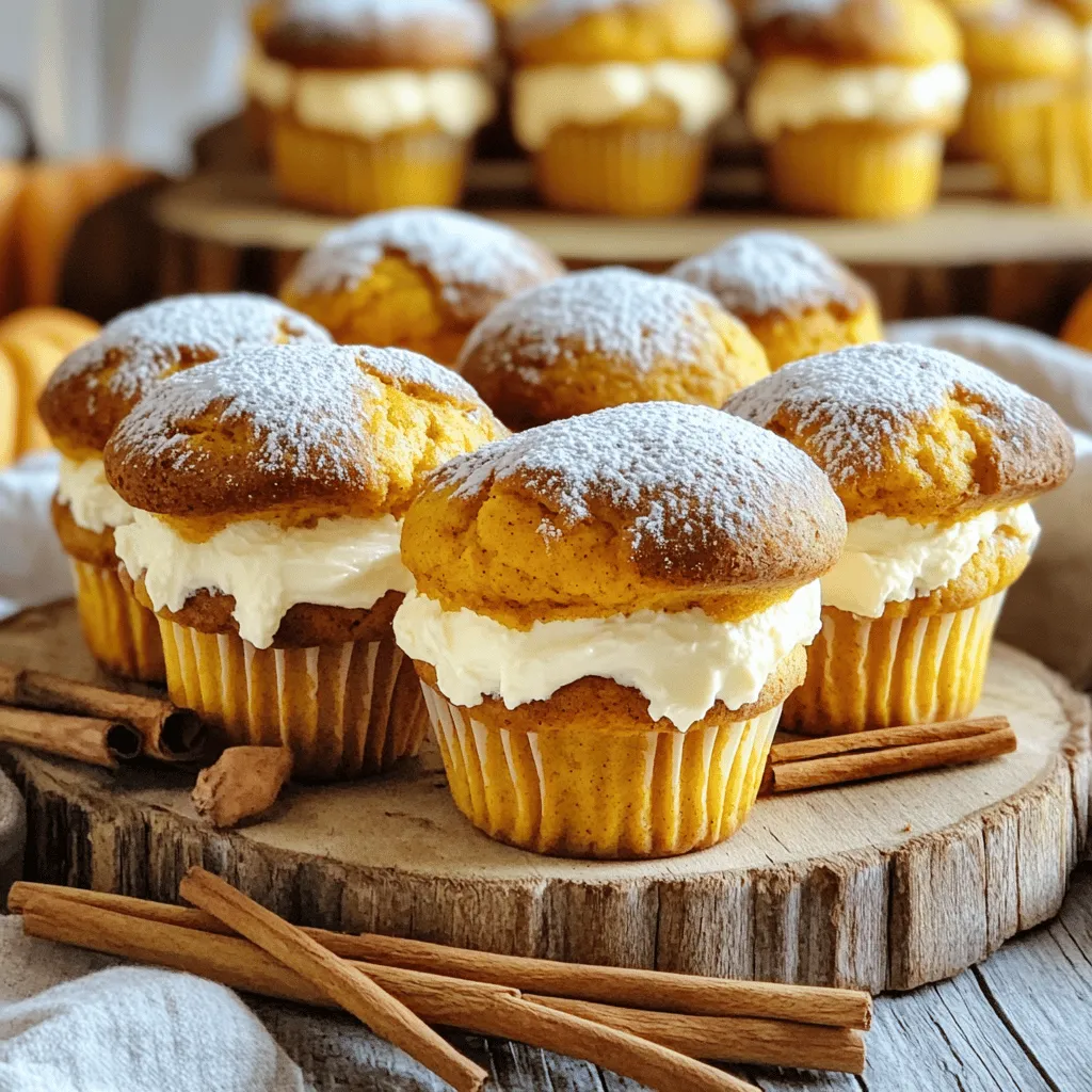 - 2 cups all-purpose flour - 1 teaspoon baking soda - 1 teaspoon baking powder - 1 teaspoon ground cinnamon - ½ teaspoon ground nutmeg - ¼ teaspoon ground cloves - ½ teaspoon salt - 1 cup granulated sugar - ½ cup light brown sugar, packed - ½ cup vegetable oil - 1 cup canned pumpkin puree - 2 large eggs - 1 teaspoon vanilla extract - 8 oz cream cheese, softened - 2 tablespoons powdered sugar - 1 teaspoon vanilla extract (for the cream cheese filling) I love using simple ingredients that pack a lot of flavor. For these muffins, I focus on fresh spices. Ground cinnamon, nutmeg, and cloves give a cozy taste. The pumpkin puree adds moisture and a rich color. You can find most of these staples in your kitchen. The cream cheese filling creates a sweet surprise inside each muffin. When you gather your ingredients, ensure your cream cheese is soft. This helps it blend smoothly with the sugar. The light brown sugar adds a hint of caramel flavor. The mix of granulated and brown sugar gives the muffins the right sweetness. I recommend using canned pumpkin puree for ease. It’s smooth and ready to use. If you want a twist, try making your own from fresh pumpkins. Just remember to cook and puree it well. Using these ingredients, you can create a delightful treat. The muffins are perfect for breakfast or a snack. They also make great gifts for friends and family. Follow the Full Recipe to create these tasty delights! - Preheat oven to 350°F (175°C) - Prepare muffin tin with liners or grease - Mix dry ingredients in a medium bowl First, preheat your oven to 350°F (175°C). This helps the muffins rise nicely. Next, grab your muffin tin. You can either use paper liners or grease the tin with cooking spray. This keeps the muffins from sticking. Now, in a medium bowl, combine the dry ingredients. Mix together the flour, baking soda, baking powder, cinnamon, nutmeg, cloves, and salt. Whisk it all until it's well combined. Set this dry mix aside for later. - Blend sugars and oil in a large bowl - Add pumpkin puree, eggs, and vanilla to the mixture - Gradually incorporate the dry mix into the wet ingredients In a large bowl, blend the granulated sugar, brown sugar, and vegetable oil. Use a whisk to mix it well. Once it looks smooth, add in the pumpkin puree, eggs, and vanilla extract. Mix everything until it’s creamy. Now, take the dry mix you set aside. Gradually add it to the wet ingredients. Stir gently until just combined. It’s okay if there are a few lumps. - Beat cream cheese with powdered sugar and vanilla until creamy - Assemble muffins with pumpkin batter and cream cheese filling Next, we make the cream cheese filling. In a separate bowl, beat the softened cream cheese with powdered sugar and vanilla extract. Keep mixing until it’s nice and creamy. Now it’s time to assemble the muffins. Fill each muffin cup halfway with pumpkin batter. Then, drop a spoonful of cream cheese into the center. Top it off with more pumpkin batter until the cup is about ¾ full. - Fill muffin cups and bake for 18-22 minutes - Cool muffins in the pan briefly before transferring them Now, it’s time to bake! Place the muffin tin in the oven and bake for 18-22 minutes. To check if they are done, insert a toothpick into the pumpkin part. If it comes out clean, your muffins are ready. Allow them to cool in the pan for a few minutes. Then, carefully transfer them to a wire rack to cool completely. For the best taste, enjoy your muffins warm! - Avoid over-mixing the batter. When you mix the batter, stop as soon as it comes together. A few lumps are okay. Over-mixing can make the muffins tough. You want them soft and tender. - Check doneness with a toothpick. Insert a toothpick into the center of a muffin. If it comes out clean, your muffins are ready. This quick check helps avoid undercooked or dry muffins. - Dust with powdered sugar for serving. Once the muffins cool, sprinkle a little powdered sugar on top. This adds a lovely touch and makes them look fancy. It’s simple yet effective! - Use cinnamon sticks for garnish. Place a cinnamon stick beside each muffin on the platter. It gives a warm, inviting feel. Plus, it hints at the cozy flavors inside. You might even find it fun to stir your coffee with them! For the full recipe, you can refer to the earlier section. Follow these tips, and your Pumpkin Cream Cheese Stuffed Muffins will turn out perfectly delicious! {{image_4}} You can easily change the flavor of your muffins. - Incorporate chocolate chips: Adding chocolate chips gives a rich taste. I love using dark chocolate chips for a nice contrast with pumpkin. It adds a sweet touch that many enjoy. Just fold in about a cup of chips into the batter before you fill the muffin cups. - Add nuts like walnuts or pecans: Chopped nuts add a nice crunch. They also bring a warm flavor. I recommend using about half a cup. Just mix them into the batter with the chocolate chips or on their own. You can adapt this recipe to fit your needs. - Substitute gluten-free flour: If you need a gluten-free option, use a gluten-free flour blend. This swap keeps the muffins tasty while meeting dietary needs. Just measure it in the same way as regular flour. - Use low-fat cream cheese for a lighter option: For a lighter treat, swap regular cream cheese with low-fat cream cheese. This change keeps the creaminess while cutting calories. Don't worry; the flavor will still be delicious! For the complete recipe, refer to the [Full Recipe]. Store your pumpkin cream cheese stuffed muffins at room temperature for up to three days. Keep them in an airtight container to maintain their softness. If you want to keep them fresh longer, refrigerate them. This will help prevent them from drying out. Freezing muffins is easy and keeps them tasty. First, let the muffins cool completely. Wrap each muffin in plastic wrap. Then place them in a freezer bag. Make sure to squeeze out the air to avoid freezer burn. For best results, use the muffins within three months. To thaw, simply take a muffin out of the freezer. Leave it at room temperature for a few hours. You can also microwave it for a few seconds if you're in a hurry. This way, you can enjoy your delicious pumpkin cream cheese stuffed muffins anytime! For the full recipe, check out the full recipe section. Yes, you can use fresh pumpkin. Start with a small pumpkin. Cut it, remove the seeds, and cook it until soft. You can roast or steam it. Once soft, mash it or blend it until smooth. Measure out one cup of this fresh pumpkin puree. This method gives a fresh taste. To check for doneness, use a toothpick. Insert it into the center of a muffin. If it comes out clean, the muffins are ready. If it has wet batter on it, bake a few more minutes. The tops should be golden brown and spring back when touched. Yes! You can use dairy-free cream cheese. Brands like Tofutti or Kite Hill work well. Also, replace the butter with coconut oil or a similar product. You can still enjoy these muffins without dairy. These pumpkin muffins are easy to make and very tasty. We covered the ingredients, step-by-step instructions, and helpful tips to ensure success. You can personalize them with your favorite add-ins or adapt them for dietary needs. When stored properly, these muffins stay fresh and delicious for days. Enjoy your baking adventure and treat your family to a warm, spiced delight. You will be proud of your homemade muffins!