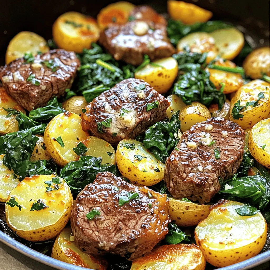 - 1 lb sirloin steak, diced into bite-sized pieces - 1 lb baby potatoes, halved - 4 tablespoons unsalted butter, divided - 5 cloves garlic, finely minced - 1 teaspoon fresh thyme leaves (or ½ teaspoon dried thyme) - 1 teaspoon smoked paprika - 1 teaspoon salt (adjust to taste) - ½ teaspoon black pepper (adjust to taste) - Fresh parsley, chopped, for garnish - 2 cups fresh spinach In this dish, I use sirloin steak for its great flavor and tenderness. Baby potatoes add a lovely creaminess. The unsalted butter is key for that rich garlic flavor. Garlic is the star here. It brings warmth and depth. Fresh thyme adds a hint of earthiness. Smoked paprika gives a slight kick and color. Adjusting salt and pepper lets you control the taste. For garnish, fresh parsley brightens the dish. Spinach adds color and nutrition. You can find the complete recipe in the Full Recipe section. Enjoy cooking this delightful meal! To start, boil the baby potatoes. Fill a large skillet with about 2 cups of water and bring it to a rolling boil. Add a pinch of salt to enhance the flavor. Carefully drop the halved potatoes into the boiling water. Boil them for around 10 minutes. You want them just tender enough to pierce with a fork. Once they are done, drain the potatoes and set them aside for later use. Next, it’s time to sear the steak. Use the same skillet and melt 2 tablespoons of butter over medium-high heat. Once the butter is hot, add the diced sirloin steak. Make sure not to overcrowd the pan, as this helps achieve a nice crust. Sear the steak for 3 to 4 minutes on each side. You want a golden crust to form. For doneness, aim for medium-rare to medium, which is about 130°F to 145°F. Once done, remove the steak and set it aside on a plate. Now, let’s cook the garlic and potatoes. Lower the heat to medium and add the remaining 2 tablespoons of butter to the skillet. Wait for the butter to melt completely. Then, stir in the minced garlic, thyme, smoked paprika, salt, and black pepper. Sauté this mixture for about 1 to 2 minutes. You want the garlic to be fragrant and slightly golden, but not burnt. This step adds a rich flavor to your dish. It’s time to combine everything. Add the boiled potatoes back into the skillet. Gently toss them in the garlic butter mixture. Allow the potatoes to cook for an additional 5 to 6 minutes. Stir occasionally to get a nice crispiness on the edges. This will elevate the dish to a new level of deliciousness. Now, let’s bring in the greens. Stir in the fresh spinach and continue cooking for another 1 to 2 minutes. You want the spinach to wilt and become vibrant. Once the spinach is ready, return the sautéed steak to the skillet. Toss all the ingredients together until everything is well combined. Finally, it’s time to garnish and serve. Remove the skillet from heat. Sprinkle freshly chopped parsley on top for a burst of color. Serve the hot skillet dish immediately while it’s still sizzling. This presentation not only looks great but also invites everyone to dig in right away. Enjoy this wonderful medley of flavors from the Garlic Butter Steak and Potato Skillet! Choosing the right cut of steak is key. For skillet cooking, sirloin works well. It’s tender and flavorful. Look for cuts with good marbling. Marbling means small fat lines in the meat. This fat melts and adds juiciness. Other great choices are ribeye or tenderloin. Tasting is important while cooking. Adjust seasoning to match your taste. You might want more salt or pepper. For richer flavors, add a splash of soy sauce or Worcestershire sauce. These add depth and umami. Fresh herbs like parsley or basil can brighten the dish too. A heavy-duty skillet is best for this dish. Cast iron or stainless steel works great. These materials heat evenly and keep their heat. You’ll also need a good spatula for flipping. A meat thermometer helps check steak doneness. These tools make cooking easier and more fun. For the Full Recipe, check your favorite cooking site. {{image_4}} You can easily swap the meat in this dish. Try using flank steak or ribeye for a rich flavor. If you want a plant-based meal, use portobello mushrooms or tempeh. Both options can soak up the garlic butter well. Feel free to play with flavors. Add fresh rosemary or oregano for a different twist. You can also try spices like chili powder for heat or cumin for a warm, earthy taste. If you want an international flair, consider adding soy sauce for an Asian touch or chimichurri for a South American kick. This dish isn’t just for the stovetop! You can make an oven-baked version. Simply combine everything in a baking dish and roast until golden. For a slow-cooker take, sear the steak first, then add all ingredients to the slow cooker. Cook on low for a few hours for a tender and rich meal. For the full recipe, check out the Garlic Butter Steak and Potato Skillet. To keep your Garlic Butter Steak and Potato Skillet fresh, use airtight containers. Glass or plastic containers work well. Allow the dish to cool completely before sealing. Store it in the fridge for up to three days. If you want to save it longer, consider freezing it. When reheating, use a skillet over low heat. This method helps keep the steak juicy and potatoes crispy. Add a splash of water or broth to keep it moist. Stir occasionally to heat evenly. Avoid using the microwave, as it can dry out the meat. Yes, you can freeze the steak and potato skillet. First, let it cool fully. Then, portion it into freezer-safe bags or containers. Remove as much air as possible. It will stay good for about three months. To reheat, thaw in the fridge overnight, then warm in a skillet. To tenderize steak, you can use a few simple methods. First, a meat mallet works well. Gently pound the steak to break down the fibers. Second, you can soak the steak in a marinade. Use acidic ingredients like vinegar or citrus juice for best results. Lastly, try salting the steak. A good sprinkle of salt can help draw moisture and flavor into the meat. Yes, you can add other vegetables! Carrots, bell peppers, or green beans work well. Just cut them into small pieces to cook evenly. If you want to try something new, add mushrooms for extra flavor. Feel free to mix and match based on what you have at home. To check if your steak is done, use a meat thermometer. Aim for 125°F for medium-rare, 135°F for medium, and 145°F for medium-well. If you don't have a thermometer, press the steak with your finger. A soft feel means it's rare, while a firmer touch means it's more cooked. Yes, this recipe is great for meal prep! Cook the steak and potatoes, then store them in containers. Keep them in the fridge for up to three days. When you're ready to eat, just reheat in the microwave or on the stove. This way, you have a quick and tasty meal ready to go. For the best flavors, don’t forget to check the Full Recipe for all the details! This blog post guided you through making a delicious skillet meal with sirloin steak and baby potatoes. You learned about key ingredients, step-by-step cooking instructions, and essential tips. Remember, fresh herbs and seasonings enhance flavor. Explore variations to keep your meals exciting. Proper storage and reheating help maintain taste. Cooking is fun and creative; make it yours. Enjoy every bite of your tasty creation!