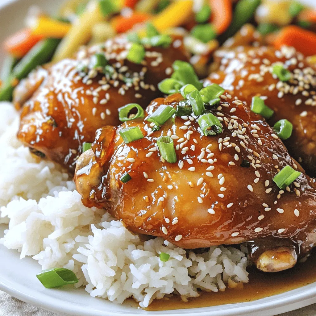 - 4 boneless, skinless chicken thighs - 1/4 cup honey - 1/4 cup low-sodium soy sauce - 3 cloves garlic, finely minced - 1 tablespoon fresh ginger, grated - 1 tablespoon rice vinegar - 1 teaspoon sesame oil - 2 green onions, finely chopped (for garnish) - A sprinkle of sesame seeds (for garnish) - Salt and freshly ground black pepper to taste - 1 tablespoon vegetable oil You can swap honey for maple syrup or agave nectar. This change will still give you that sweet taste. For soy sauce, try tamari or coconut aminos if you seek a gluten-free option. If you want a vegan dish, use chickpeas or tofu instead of chicken. Both options work well with the sauce's flavor. To measure sticky ingredients like honey, use a liquid measuring cup. Spray it lightly with cooking oil first, and the honey will slide right out. When chopping garlic and ginger, use a sharp knife for smooth cuts. Mince them finely to release their strong flavors into the marinade. This step is key for a tasty dish. To make the marinade, gather your ingredients in a medium bowl. You need honey, low-sodium soy sauce, minced garlic, grated ginger, rice vinegar, sesame oil, and a pinch of salt and pepper. Whisk these ingredients together until they form a smooth mixture. A good whisk ensures the flavors blend well. You want the honey to dissolve fully. This step is key for rich flavor. For marinating, place the chicken thighs in a resealable bag or a dish. Pour the marinade over the chicken, making sure every piece is coated. Seal the bag or cover the dish tightly. Let the chicken marinate for at least 30 minutes in the fridge. If you can wait up to 2 hours, the flavor will deepen. Remember, marinating is about letting the chicken soak in those tasty juices. To cook the chicken, heat vegetable oil in a large skillet over medium-high heat. Remove the chicken from the marinade. Set aside the leftover marinade for later. Add the chicken thighs to the hot skillet. Cook each side for about 5-7 minutes until they turn golden brown. Use a meat thermometer to check that the internal temperature reaches 165°F (75°C). This ensures that your chicken is safe to eat. For a delightful sauce, pour the reserved marinade into the pan after cooking. Let it simmer for 3-5 minutes until it thickens. This sticky sauce will enhance the chicken's flavor and make it shine. Follow these steps for a delicious Sticky Honey Garlic Chicken. For the full recipe, check out the complete guide. To achieve the perfect sear on your chicken, follow these steps: - Use a hot skillet. Preheat it for a few minutes. - Add vegetable oil just before placing the chicken in the pan. - Avoid overcrowding the skillet. Cook in batches if needed. Resting chicken is vital. After cooking, let it sit for a few minutes. This helps the juices redistribute, keeping the meat moist and tender. Want to boost flavor? Consider adding spices like paprika or red pepper flakes. These will give your dish a nice kick without overpowering it. For garnishing, I suggest using chopped green onions and sesame seeds. They add color and texture, making the dish more appealing. To make this dish healthier, reduce the sugar content. Try using less honey or a sugar substitute. This keeps the sweetness while cutting calories. You can also choose lower sodium soy sauce. This small change makes a big difference for those watching their sodium intake. For the full recipe, refer back to the main article. Enjoy your cooking! {{image_4}} You can swap chicken for other proteins like tofu or shrimp. Tofu offers a great plant-based option. If you choose shrimp, you will need less cooking time. Cook shrimp for 2-3 minutes per side until they turn pink. For tofu, cut it into cubes and cook for about 4-5 minutes on each side until golden brown. Adjust your cooking times based on the protein you select to keep your dish delicious. Want to mix it up? Add pineapple or orange juice to the marinade. These fruits bring a sweet and zesty kick. Just a splash will add bright flavors. If you like spice, toss in some chili flakes or fresh chopped chili. Both options will create a unique taste that excites your palate. Pair your sticky honey garlic chicken with fluffy rice or colorful veggies. Steamed broccoli, bell peppers, or snap peas work well. For leftovers, get creative! Shred the chicken and use it in tacos or salads. You can also stir it into fried rice for a quick meal. Enjoy these ideas to make your dinner even more fun! To store your Sticky Honey Garlic Chicken leftovers properly, let it cool first. Then, place it in an airtight container. This keeps the chicken fresh for 3 to 4 days. Use glass or plastic containers that seal well. This way, the flavors stay locked in. If you are worried about space, you can wrap individual pieces in plastic wrap before placing them in a container. If you want to freeze cooked chicken, let it cool completely first. Then, wrap it tightly in plastic wrap or foil. Place it in a freezer-safe bag for extra protection. This method keeps it good for up to 3 months. When ready to eat, thaw the chicken in the fridge overnight for best quality. Avoid thawing at room temperature, as this can lead to bacteria growth. To reheat without drying out, use a skillet. Heat it over medium-low heat and add a splash of water or broth. Cover the pan to keep moisture in. This helps the chicken warm evenly. For the sauce, you can warm it separately. To prevent sogginess, avoid microwaving the chicken with the sauce. Instead, reheat the sauce in a small pot until bubbling. This keeps it nice and sticky, just like the original dish. You can tell the chicken is done by checking its color. It should be golden brown, with no pink inside. Juices should run clear when you cut into it. The best way to be sure is to use a meat thermometer. The chicken should reach an internal temperature of 165°F (75°C). This ensures it is safe to eat and juicy. Yes, you can use other types of vinegar. Apple cider vinegar works well if you don't have rice vinegar. It adds a fruity note to the dish. White vinegar is another option, but it is sharper. This can change the flavor, making it less sweet. This chicken pairs well with many side dishes. Steamed rice is a classic choice. It soaks up the sticky sauce nicely. You can also serve it with stir-fried vegetables. They add color and crunch to your meal. Another great option is a fresh salad. A light salad balances the richness of the chicken. For more ideas, check out the Full Recipe for Sticky Honey Garlic Chicken. This post covered how to make sticky honey garlic chicken. You learned the key ingredients and different options for substitutions. I provided step-by-step instructions for marinating and cooking the chicken. I shared tips for better flavor, along with healthy tweaks. Finally, you discovered how to store and reheat leftovers perfectly. Enjoy making this dish! It’s tasty, easy, and sure to impress. Embrace the fun and creativity of cooking!
