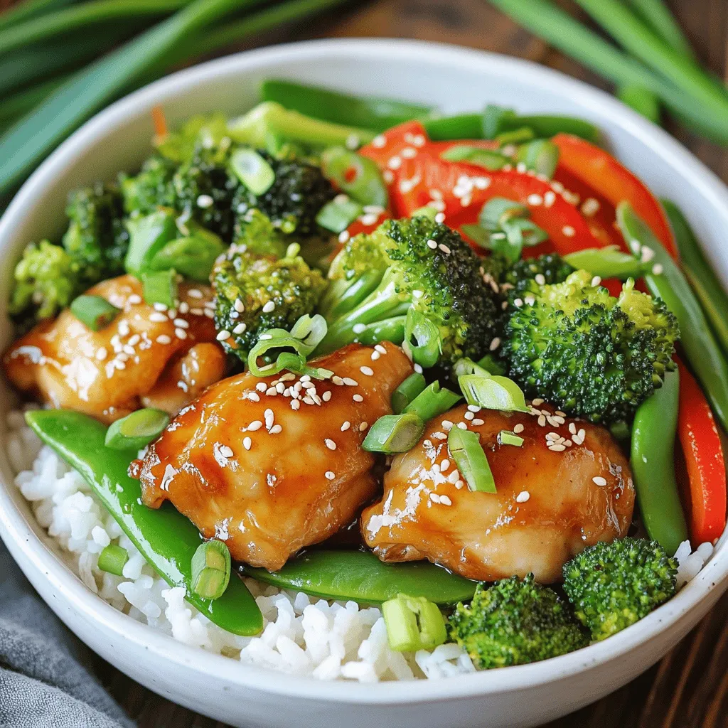 For these Easy Teriyaki Chicken Bowls, you will need a few simple ingredients that come together for a tasty meal. Here’s what you need: - Chicken: 1 lb boneless, skinless chicken thighs, cut into bite-sized pieces - Sauce: 1 cup teriyaki sauce (store-bought or homemade) - Vegetables: 1 cup broccoli florets, 1 cup snap peas, 1 red bell pepper (sliced into thin strips), 2 green onions (thinly sliced for garnish) - Rice: 2 cups cooked white or brown rice - Garnishes: Sesame seeds for a final touch These ingredients create a colorful and nutritious bowl. Using chicken thighs adds great flavor and moisture. You can choose store-bought teriyaki sauce for speed or make your own for a personal touch. The choice of vegetables adds crunch and color. Whether you prefer white or brown rice, both work well in this dish. The garnishes, like sesame seeds and green onions, bring a nice finish. They not only look good but also add more flavor. This recipe is flexible, so feel free to change vegetables or use different rice types. Check out the Full Recipe for step-by-step instructions on making this dish. To marinate the chicken, start with bite-sized pieces of boneless, skinless chicken thighs. In a mixing bowl, add half of your teriyaki sauce to the chicken. Mix well so all pieces are coated. For the best flavor, let it marinate for at least 15 minutes at room temperature. If you have more time, marinate for up to 2 hours in the fridge. This deepens the flavor and makes the chicken very tasty. For cooking, I recommend using a large skillet or a wok. Heat two tablespoons of sesame oil over medium-high heat. Add the marinated chicken to the pan, but make sure to discard any leftover marinade. Cook the chicken for about 5-7 minutes. Stir occasionally to ensure all sides brown evenly. You want a nice golden color on the chicken for the best taste. Once the chicken is done, it’s time to add the vegetables. Toss in broccoli florets, snap peas, and sliced red bell pepper. Stir-fry these veggies for about 3-5 minutes. You want them to stay bright and tender-crisp. This adds a great texture and color to your dish. Drizzle the remaining teriyaki sauce over the chicken and vegetables. Toss everything gently so the sauce coats all pieces. Use medium heat to warm it all through for about one minute. This step is key for making sure every bite bursts with flavor. Now it’s time to build your bowls. Start with a generous scoop of cooked rice at the bottom. Next, add the teriyaki chicken and vegetable mix on top. Aim for a colorful presentation, as it makes the meal more inviting. Each bowl should look like a work of art. For the final touch, sprinkle sliced green onions and sesame seeds on each bowl. This not only adds flavor but also a nice crunch. Serve the bowls on a tray for a family-style meal. You can even add a lime wedge for a fresh burst of flavor. Enjoy your Easy Teriyaki Chicken Bowls! To keep your chicken juicy, avoid overcooking. Cook it just until it's no longer pink. Use a meat thermometer if you have one. Aim for 165°F for safety. Adjust the seasoning to your taste. If you want more sweetness, add a splash of honey. For a spicy kick, mix in some red pepper flakes or sriracha. For cooking rice, steaming is often better than boiling. Steamed rice stays fluffy and moist. If you boil it, watch closely to avoid mushy rice. To add flavor, cook rice in chicken broth instead of water. You can also add a dash of soy sauce or a bit of garlic for extra taste. You need a few key tools for this recipe. A large skillet or wok works best for cooking the chicken and vegetables. For marinating the chicken, a mixing bowl with a lid or plastic wrap is helpful. This keeps the chicken coated and flavorful while it sits. {{image_4}} You can swap out veggies in your teriyaki chicken bowls. Here are some great options: - Carrots: Slice them thin for quick cooking. - Zucchini: Cut into half-moons for a mild flavor. - Bell Peppers: Use different colors for fun and taste. - Mushrooms: They add a nice umami kick. For seasonal choices, think about: - Asparagus in the spring, which adds a fresh crunch. - Brussels sprouts in the fall for a hearty touch. - Summer squash during warmer months for added color. If you want to try different proteins, here are some ideas: - Tofu: Perfect for a vegetarian option. Cube and marinate like chicken. - Shrimp: Cook quickly and add a seafood twist. Just sauté for 3-4 minutes. - Pork: Thinly slice and cook until golden brown. Cooking times for these proteins vary. Tofu needs 5-7 minutes, while shrimp cooks in about 3-4 minutes. Pork may take 6-8 minutes to cook through. You can spice up your teriyaki chicken bowls with these tips: - Add heat: Try red pepper flakes or sriracha for a kick. - Sweeten the dish: Mix in a splash of honey or maple syrup for extra flavor. - Use different sauces: A touch of hoisin sauce can add depth. Experimenting with flavors can make your meal exciting and unique. Don’t hesitate to adjust to your taste! For a full recipe, check out the [Full Recipe]. To keep your teriyaki chicken bowls fresh, place them in airtight containers. This method prevents moisture loss and keeps flavors strong. Store them in the fridge for up to three days. After that, the taste may fade. When reheating, use a microwave or stovetop. For a microwave, cover the bowl with a damp paper towel. This method helps steam the food and keeps it moist. On the stovetop, use low heat and add a splash of water to avoid drying out. Stir gently to mix the flavors back together. Yes, you can freeze teriyaki chicken bowls! Store them in freezer-safe containers. Make sure to leave some space at the top for expansion. They can last up to three months in the freezer. When ready to eat, thaw in the fridge overnight before reheating. To make homemade teriyaki sauce, you need few simple ingredients. You will need: - 1 cup soy sauce - 1/4 cup honey or brown sugar - 1/4 cup rice vinegar - 1 tablespoon sesame oil - 1 tablespoon minced garlic - 1 tablespoon grated ginger - 1 tablespoon cornstarch (optional, for thickening) Start by mixing the soy sauce, honey, rice vinegar, sesame oil, garlic, and ginger in a saucepan. Heat the mixture over medium heat and stir until the honey dissolves. If you want a thicker sauce, mix cornstarch with water and add it to the pan. Cook until it thickens, then let it cool. This sauce brings a rich flavor to your teriyaki chicken bowls. Yes, you can prepare this recipe ahead of time. You can marinate the chicken earlier in the day or the night before. Just keep it in the fridge. You can also cook the chicken and vegetables and store them in the fridge. When you are ready to eat, just reheat everything and serve it over fresh rice. This makes busy weeknights much easier. You can serve many tasty sides with teriyaki chicken bowls. Here are some ideas: - Steamed edamame - Cucumber salad - Pickled vegetables - Miso soup - Seaweed salad These sides add extra flavors and textures that complement the teriyaki chicken. This recipe offers several health benefits. Here are some key points: - Chicken provides lean protein, which helps build muscle. - Broccoli is high in vitamins C and K, great for your immune system. - Snap peas add fiber, which aids digestion. - Red bell peppers are rich in antioxidants, supporting overall health. - Sesame oil has healthy fats that are good for your heart. Overall, this dish is balanced and nourishing. Yes, you can make this dish gluten-free. Use gluten-free soy sauce or tamari instead of regular soy sauce. Check the teriyaki sauce label if you use store-bought. Many brands offer gluten-free options. You can still enjoy all the flavors of this teriyaki chicken bowl without gluten. This post shared how to make delicious teriyaki chicken bowls. We covered ingredients and simple steps for cooking. I provided tips for marinating, cooking chicken, and sautéing veggies. You learned about variations and storage methods too. Remember, creating great meals is about fun and flavors. Experiment with different ingredients and enjoy! Your kitchen can be a place for tasty dishes and happy moments.