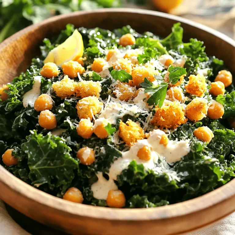 - Kale (1 large bunch, stems removed) - Lemon (1, zested and juiced) - Fresh parsley (for garnish, optional) - Chickpeas (1 can, 15 oz, drained and rinsed) - Olive oil (2 tablespoons) - Garlic powder (1 teaspoon) - Salt and freshly ground black pepper (to taste) - Caesar dressing (½ cup; homemade or store-bought, alcohol-free) - Grated Parmesan cheese (½ cup; or nutritional yeast for vegan) - Croutons (½ cup; store-bought or homemade) In this Kale Caesar Salad with Crispy Chickpeas Delight, the fresh ingredients make all the difference. I love using kale because it is hearty and full of nutrients. When you remove the stems and chop the leaves, they become tender and ready for the dressing. Lemon adds a bright flavor to the salad. Make sure to zest it before you juice it. The zest gives a nice aroma and enhances the taste. Fresh parsley is optional, but it adds a pop of color and freshness. For the pantry staples, chickpeas are my favorite. They add protein and crunch. Rinse them well to get rid of the canning liquid. Olive oil is key for roasting the chickpeas and dressing the kale. Garlic powder adds a strong flavor, while salt and pepper bring it all together. The dressing can be store-bought or homemade. I find that a good Caesar dressing really pulls the salad together. Grated Parmesan cheese adds richness. If you're vegan, try nutritional yeast instead. Finally, croutons give that extra crunch. You can use store-bought ones or make your own. This salad is not only tasty but also easy to prepare. I encourage you to try the full recipe for a delightful meal! - Preheat oven to 400°F (200°C). - Toss chickpeas with 1 tablespoon of olive oil, garlic powder, salt, and pepper in a bowl. To make them crispy, you want to coat the chickpeas well. The oil helps them crisp up nicely in the oven. Garlic powder adds flavor that pairs well with the salad. - Spread chickpeas on a baking sheet in a single layer. - Bake for 25-30 minutes and shake the tray every 10 minutes. Shaking the tray helps them cook evenly. You want them golden and crunchy. Keep an eye on them near the end. - Drizzle kale with the remaining 1 tablespoon of olive oil and the juice of half the lemon. - Massage the kale for 2-3 minutes to soften the leaves. Massaging kale makes it tender and bright. This step is key for taste and texture. It reduces the bitterness of the kale too. - Add the crispy chickpeas to the massaged kale. - Pour in Caesar dressing, lemon zest, and half of the grated cheese. Mixing these ingredients creates a tasty blend. The chickpeas add crunch, while the dressing gives a rich flavor. - Divide the salad into bowls. - Top each bowl with remaining cheese, croutons, and a sprinkle of parsley. This makes it look pretty and taste great. Each bite has the perfect mix of creamy, crunchy, and fresh. You can find the Full Recipe to guide you through these steps in detail. Enjoy this Kale Caesar Salad with Crispy Chickpeas! To get super crispy chickpeas, start by drying them well. Use a kitchen towel to remove extra moisture. Then, coat them in olive oil and spices. Spread them in a single layer on a baking sheet. Avoid crowding them; this helps them roast evenly. Shake the pan every ten minutes to keep them from sticking. Common mistakes include not drying the chickpeas enough or using too little oil. Both lead to chewy, not crispy, chickpeas. Make sure to keep an eye on them, as oven times can vary. When choosing kale, look for firm leaves that are deep green. Avoid yellow or wilted leaves. Fresh kale has a nice crunch and bright flavor. Massaging kale is key. Place chopped kale in a bowl, then drizzle with olive oil and lemon juice. Use your hands to massage the leaves. Do this for about two to three minutes. It softens the leaves and makes them less bitter. You will notice the color turn vibrant as the kale tenderizes. If you want to make your own Caesar dressing, blend together mayonnaise, lemon juice, garlic, and Parmesan cheese. This gives a fresh taste and is easy to whip up. For those who need vegan options, use cashew cream or tahini instead of mayo. Nutritional yeast gives a cheesy flavor without dairy. If you have allergies, consider using sunflower seeds or pumpkin seeds as a topping. This adds crunch and nutrition. For a lighter option, try a yogurt-based dressing. For the full recipe, check the above sections. Enjoy your delicious salad! {{image_4}} You can boost the protein in your Kale Caesar Salad easily. Grilled chicken or shrimp makes a tasty addition. Simply season them and grill until cooked through. Slice them thin and lay them over the salad. If you prefer plant-based proteins, try adding tofu or tempeh. Marinate them in your favorite sauce, then grill or sauté until golden. Both options add great flavor and texture. Seasonal vegetables can bring new life to your salad. In spring, add fresh peas or asparagus. In summer, colorful cherry tomatoes and bell peppers work well. In fall, roasted squash adds warmth. For winter, consider shredded carrots or beets. Each season offers unique tastes and colors. Use what is fresh and local to make your salad shine. To elevate the taste, add herbs and spices. Fresh basil or dill can brighten the dish. For a spicy kick, sprinkle some red pepper flakes. Different cheeses also add variety. Try crumbled feta or goat cheese for a tangy twist. You could even use blue cheese for a bold flavor. Mix and match to find your favorite combination. For the full recipe, check out the details above. To store your Kale Caesar Salad with Crispy Chickpeas, place leftovers in the fridge. Use an airtight container to keep the salad fresh longer. This helps prevent the greens from wilting and the chickpeas from losing their crunch. If you separate the dressing, it works even better. Store the salad and dressing separately for best results. You can freeze components of this salad but not the whole dish. The crispy chickpeas freeze well. To do this, let them cool completely, then place them in a freezer-safe bag. For the dressing, pour it into an ice cube tray. Once frozen, transfer the cubes to a bag. This way, you can use just what you need later. In the fridge, the salad lasts about 2-3 days. The chickpeas may lose their crispness, but the flavors stay good. Check for signs of spoilage: look for wilted kale, off smells, or slimy textures. If you see these, it's best to toss the salad. Enjoy the fresh taste while it lasts! If you don’t have kale, you can use other leafy greens. Spinach works well and has a mild taste. Romaine lettuce gives a nice crunch. Arugula adds a peppery flavor. You can mix these greens for a tasty twist. Yes, you can make this salad ahead of time, but keep some tips in mind. Prepare the crispy chickpeas and kale separately. Store the salad components in airtight containers. Toss everything together just before serving to keep it fresh and crunchy. To make a gluten-free version, skip regular croutons. Use gluten-free croutons instead or make your own. You can toast gluten-free bread in the oven with olive oil and seasonings. This way, you still get that satisfying crunch. Yes, this salad is great for meal prep. You can store the salad in individual containers. Keep the dressing separate until you’re ready to eat. This helps the greens stay fresh and prevents sogginess throughout the week. Absolutely! Making Caesar dressing at home is simple. Combine the following in a bowl: - ½ cup plain yogurt or vegan mayo - 2 tablespoons lemon juice - 1 teaspoon Worcestershire sauce (or a vegan alternative) - 1 teaspoon garlic powder - Salt and pepper to taste Whisk until smooth and creamy. This dressing pairs perfectly with your Kale Caesar Salad with Crispy Chickpeas. For the full recipe, check the details above! In this post, we explored a delicious salad recipe using fresh ingredients like kale and chickpeas. I shared step-by-step instructions on how to prepare crispy chickpeas and massage kale for the best texture. We discussed tips for storage and variations to suit your taste. Remember, you can personalize this salad with proteins and seasonal veggies. Enjoy creating a healthy dish that fits your needs and tastes!