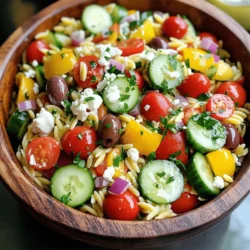 To make an Easy Greek Orzo Salad, gather these fresh ingredients. Each one adds flavor and texture to the dish. - 1 cup orzo pasta - 1 large cucumber, diced - 1 cup cherry tomatoes, halved - 1/2 red onion, finely chopped - 1 bell pepper (choose red or yellow), diced - 1/2 cup Kalamata olives, pitted and sliced - 1/2 cup feta cheese, crumbled - 1/4 cup fresh parsley, chopped For the dressing, you will need: - 3 tablespoons extra virgin olive oil - 2 tablespoons freshly squeezed lemon juice - 1 teaspoon dried oregano - Salt and freshly ground pepper to taste These ingredients create a bright and delicious salad that is both healthy and filling. The orzo pasta serves as a great base, while the colorful veggies bring crunch and freshness. The feta cheese gives a creamy touch, and the olives add a salty kick. This mix makes every bite exciting! Using fresh herbs, like parsley, brightens the dish even more. The dressing is simple but adds a lot of flavor. The olive oil and lemon juice balance each other perfectly. You can find the full recipe to guide you through this fun cooking process. Start by boiling a large pot of salted water. Once the water bubbles, add 1 cup of orzo pasta. Cook it according to the package instructions until it's al dente. This usually takes about 8 to 10 minutes. When done, drain the orzo in a colander. Rinse it under cold water to stop the cooking. Set the orzo aside to cool. While your orzo cooks, wash and chop the vegetables. Dice 1 large cucumber into small cubes. Finely chop 1/2 red onion. Dice 1 bell pepper, either red or yellow works great. Cut 1 cup of cherry tomatoes in half. This helps to release their sweet juices, adding flavor to the salad. In a big mixing bowl, add your cooled orzo. Toss in the diced cucumber, halved cherry tomatoes, chopped red onion, diced bell pepper, and 1/2 cup of sliced Kalamata olives. Crumble in 1/2 cup of feta cheese and add 1/4 cup of chopped fresh parsley. This mix of colors and textures will make your salad pop. Grab a small bowl for the dressing. Whisk together 3 tablespoons of extra virgin olive oil, 2 tablespoons of freshly squeezed lemon juice, and 1 teaspoon of dried oregano. Add a pinch of salt and pepper. Whisk until everything blends well together. This dressing will tie all the flavors in your salad. Drizzle the dressing over your salad mix. Gently toss all the ingredients so they coat evenly. Be careful not to break the feta cheese too much, as you want those lovely crumbles in your salad. To boost the flavors, cover the salad and pop it into the fridge for at least 30 minutes. This resting time helps the ingredients meld beautifully. Serve the salad chilled or at room temperature. For a nice touch, serve it in a large, colorful bowl and garnish with extra feta and whole olives on top. Enjoy this refreshing Greek orzo salad! For the full recipe, check out the [Full Recipe]. To cook orzo well, use a large pot. Fill it with water and add salt. This adds flavor to the pasta. Bring the water to a boil. Then, add the orzo and stir. Cook it until it is al dente. This usually takes about 8-10 minutes. Drain the orzo in a colander. Rinse it under cold water to stop the cooking. This keeps the orzo firm. Fresh ingredients make your salad shine. Look for bright-colored vegetables. Choose cucumbers that are firm and crunchy. For tomatoes, pick ones that are plump and juicy. Red onions should feel solid and have a nice color. Select bell peppers that are smooth and vibrant. When picking olives, go for Kalamata for their rich taste. Fresh parsley adds a nice touch too. Use herbs that are bright and fragrant. Seasonings bring your salad to life. Start with olive oil and lemon juice for a fresh taste. Use extra virgin olive oil for its rich flavor. Fresh lemon juice keeps it bright and zesty. Add dried oregano for a hint of earthiness. Don’t forget to sprinkle salt and pepper to taste. Taste your salad before serving. Adjust the seasonings to suit your preference. This makes a big difference in flavor. For a twist, try adding a little garlic powder or red pepper flakes for heat. {{image_4}} You can boost the protein in your Greek Orzo Salad easily. Grilled chicken adds a savory touch. Simply slice it thinly and mix it in. Chickpeas are another great choice. They add a nice, nutty flavor and texture. Use canned chickpeas for quick prep. Just rinse and toss them in. This way, you make your salad heartier and more filling. If you want a vegan version, swap out the feta cheese. Use cubes of avocado for creaminess. You can also try vegan feta made from nuts. It gives a nice taste without any dairy. This keeps your salad light while still being rich in flavor. Don’t forget to check the dressing. Use a dairy-free oil and lemon mix for the best taste. Get creative with your veggies! Spinach adds a fresh, leafy crunch. You can mix in baby spinach right before serving. Artichokes bring a unique taste. Add marinated artichokes for extra zest. Bell peppers can also be switched for other colors. Each veggie brings its own flavor, so feel free to explore. You can find many options to make your salad unique. For more ideas, check out the Full Recipe. After enjoying your Easy Greek Orzo Salad, you may have some leftovers. To store them, place the salad in an airtight container. Cover it tightly to keep air and moisture out. This helps keep the salad fresh. You can store it in the fridge for up to three days. Using glass containers works best for storage. They are safe and easy to clean. You can also use BPA-free plastic containers. Make sure they have a secure lid to prevent spills. Avoid using metal containers, as they can react with the ingredients. This salad is best served cold and does not need reheating. If you prefer it warm, try gently warming it on the stove over low heat. Stir often to avoid overcooking the vegetables. You can also add a splash of olive oil for extra flavor. Easy Greek Orzo Salad can last up to five days in the fridge. Make sure to store it in an airtight container. After a day or two, the veggies may get a bit softer, but the taste stays fresh. Yes, you can make this salad ahead of time. It tastes even better after sitting for a few hours. Making it the night before works well too. Just remember to cover it and keep it in the fridge. If you can't find feta cheese, try using goat cheese or a dairy-free option. Crumbled cotija cheese also adds a nice touch. These options keep the flavor creamy and rich. No, orzo is not gluten-free. It is made from wheat. If you need a gluten-free option, consider using quinoa or gluten-free pasta instead. Both have a similar texture and work well in salads. Absolutely! Adding nuts or seeds can give your salad a great crunch. Try almonds, walnuts, or sunflower seeds. They also add healthy fats and protein, making the dish even better. For the full recipe, click [Full Recipe]. In this blog post, we explored the tasty and fresh Easy Greek Orzo Salad. We covered the ingredients, step-by-step instructions, and helpful tips for perfecting the dish. I also shared variations to suit your taste and ideas for storing leftovers. This salad is easy to make and is great for any meal. Enjoy the flavors and feel free to get creative with it. Simple meals can bring joy, and this one stands out. Try making it today!